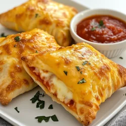 To make tasty cheesy pizza pockets, you need some key ingredients. Here’s a list: - 2 cups all-purpose flour - 1 teaspoon baking powder - ½ teaspoon salt - 1 tablespoon olive oil - ¾ cup water (add more if needed) - 1 cup shredded mozzarella cheese - ½ cup pepperoni slices (or your choice of toppings: bell peppers, olives, etc.) - ½ cup pizza sauce (for dipping) - 1 teaspoon Italian seasoning - 1 egg (for egg wash) Each ingredient plays a big role in the taste and texture of your pizza pockets. All-purpose flour helps form the dough. It gives your pockets a nice chewy bite. Baking powder makes the dough rise, while salt enhances the flavor. Olive oil keeps the dough moist, making it easier to work with. You’ll mix it with water to create your dough. If the dough feels too dry, just add a bit more water. Cheese is the star of the show. I love using shredded mozzarella for its melty goodness. You can also add pepperoni or any toppings you prefer, like bell peppers or olives. Italian seasoning brings a burst of flavor. Finally, the egg gives the pockets a lovely golden finish when baked. Gather these ingredients, and you’re on your way to making delicious cheesy pizza pockets! {{ingredient_image_1}} 1. In a large bowl, mix 2 cups of all-purpose flour, 1 teaspoon of baking powder, and ½ teaspoon of salt. This mix starts your dough right. 2. Then, add 1 tablespoon of olive oil. Gradually pour in ¾ cup of water while stirring. If the dough feels dry, add a little more water. 3. Knead the dough on a floured surface for about 5 minutes. This helps it become smooth and soft. Cover it with a cloth and let it rest for 15 minutes. 1. Roll out your dough to about ¼ inch thick. Cut it into squares, each about 4x4 inches. 2. On one half of each square, sprinkle 1 cup of shredded mozzarella cheese. Add ½ cup of pepperoni slices or your favorite toppings. Don’t forget to sprinkle 1 teaspoon of Italian seasoning for flavor. 3. Fold the dough over to form a pocket. Seal the edges by pressing them with your fingers or using a fork. This keeps the toppings inside. 1. Preheat your oven to 400°F (200°C). This step makes sure the pockets bake evenly. 2. In a small bowl, beat 1 egg. Brush the tops of the pockets with this egg wash for a nice golden finish. 3. Place the pockets on a baking sheet lined with parchment paper. Bake for 15-20 minutes, or until they turn golden brown. Enjoy them hot with pizza sauce on the side for dipping! To make great pizza pockets, start with the dough. You want it soft, but not sticky. Mix the flour, baking powder, and salt well. When adding oil and water, go slow. If the dough feels too dry, add a bit more water. Knead it until smooth, about five minutes. Let it rest for fifteen minutes to relax the gluten. Customizing your filling is easy. Use mozzarella cheese as a base. Add pepperoni for a classic taste. You can also try bell peppers, olives, or mushrooms. Get creative! For a fun twist, mix in some cooked sausage or bacon. You want a golden finish on your pizza pockets. Brush the tops with beaten egg before baking. This gives them that lovely shine. Bake the pockets at 400°F for 15 to 20 minutes. Keep an eye on them. When they turn golden brown, they are ready to eat. Pizza pockets taste great with dips. Serve them with warm pizza sauce for dipping. You can also try ranch or garlic sauce. These add extra flavor and fun. Pair drinks wisely to enhance your meal. A cold soda or sparkling water works well. If you want something special, try a light beer. For kids, juice is a hit. Presentation matters too. Place the pizza pockets on a nice plate. Add some fresh herbs like basil or parsley for color. This makes the dish look even more inviting. Pro Tips Tip for Dough Consistency: Make sure the dough is not too sticky or too dry. Adjust the water slowly to achieve the perfect consistency. Tip for Flavor Boost: Try adding garlic powder or red pepper flakes to the dough for an extra kick of flavor. Tip for Filling Variations: Don’t be afraid to experiment with different fillings like sautéed mushrooms, spinach, or different cheeses to suit your taste. Tip for Perfect Baking: For an even golden color, rotate the baking sheet halfway through the baking time. {{image_2}} You can change the filling of your pizza pockets to fit your taste. - Vegetarian options: Use fresh vegetables like bell peppers, mushrooms, and spinach. You can add ricotta or feta cheese for extra flavor. - Spicy variations: Try adding jalapeños or spicy sausage. A sprinkle of crushed red pepper can also give a nice kick. - Different cheese choices: While mozzarella is classic, you can mix in cheddar, provolone, or even feta. Each cheese brings a unique taste. If you need a different dough, there are great options to explore. - Gluten-free flour options: Use a gluten-free all-purpose flour blend. This will keep the dough soft. - Pre-made dough suggestions: You can buy store-bought pizza dough. It’s quick and easy, saving you time. - Healthy dough recipes: Consider using whole wheat flour or cauliflower crust for a healthier twist. These options still taste great! To keep your pizza pockets fresh, you can store them in the fridge. Place them in an airtight container. They stay good for about 3 days. If you want them to last longer, freezing is a great option. Wrap each pocket in plastic wrap and place them in a freezer bag. This way, they will last for up to 3 months. Just remember to label the bag with the date. When it’s time to eat your pizza pockets again, reheating them right is key. The oven method gives the best results. Preheat your oven to 350°F (175°C). Place the pizza pockets on a baking sheet. Heat them for about 10-15 minutes until warm. This keeps them crispy. If you’re in a hurry, you can use the microwave. Place one pocket on a microwave-safe plate. Heat it for about 30 seconds to 1 minute. Check it often to avoid overheating. The microwave makes them soft, but that’s okay for a quick snack! You can make cheesy pizza pockets in an air fryer or pan. For the air fryer, set it to 350°F (175°C). Place the pockets in the basket and cook for 10-12 minutes until golden. If using a pan, heat a bit of oil over medium heat. Cook each pocket for 3-4 minutes on each side until brown and crisp. Yes, you can prepare the dough and filling ahead of time. Assemble the pockets, then store them in the fridge for up to 24 hours. You can also freeze them. Just make sure to wrap them tightly. When ready to eat, bake from frozen, adding a few extra minutes to the cooking time. The best toppings depend on your taste! Here are some favorites: - Pepperoni slices - Bell peppers - Mushrooms - Olives - Cooked sausage - Spinach Feel free to mix and match these toppings for your perfect pocket. Look for a golden brown color on the outside. They should be firm to the touch but not hard. If you gently open one, the cheese should be melted and bubbly inside. Baking usually takes about 15-20 minutes at 400°F (200°C). If you are unsure, use a toothpick to check the inside. Cheesy pizza pockets are fun and easy to make. We covered key ingredients, step-by-step instructions, and tips to perfect them. You can customize your fillings and even use dough alternatives for special diets. Remember to store leftovers properly and reheat them to keep that cheesy goodness. These pockets offer a tasty treat any time. Enjoy creating these delicious bites with your favorite flavors!