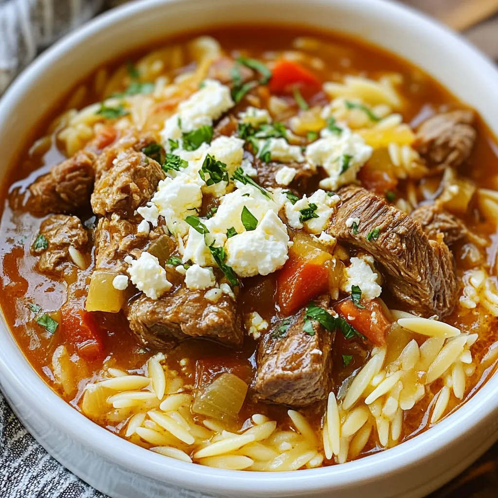 For a great Greek Giouvetsi, choose beef or lamb. I prefer lamb for its rich taste. Cut it into cubes to ensure even cooking. Next, we have orzo pasta. This rice-shaped pasta soaks up the sauce well. It adds a nice texture to the dish. Essential vegetables include onion, garlic, carrot, and bell pepper. These add depth and sweetness. The diced tomatoes bring acidity, balancing the flavors. Dried oregano and thyme are key spices. They give Giouvetsi its signature flavor. Start with one teaspoon of each. Season with salt and pepper to taste. This step is vital. Adjust the amount to suit your preferences. You can mix in additional vegetables like zucchini or mushrooms. This adds more nutrients and flavor. For a twist, try different cheeses. Beyond feta, mozzarella or kasseri can work well. Each brings a unique taste. Don’t forget to adjust the spices. If you like heat, add red pepper flakes. {{ingredient_image_1}} To start, you need to prep the meat and vegetables. For this dish, I like using beef or lamb. Cut it into small cubes, so it cooks evenly. This cut helps the meat absorb the flavors later. Next, chop your vegetables. Finely chop one onion and mince three garlic cloves. Grate one carrot and chop one bell pepper. These veggies add a nice texture and flavor to Giouvetsi. Now, let’s cook the aromatic ingredients. In a large pot, heat two tablespoons of olive oil over medium-high heat. This oil gives your dish a rich taste. Now it’s time to brown the meat. Add the meat cubes to the pot and let them cook for about 5-7 minutes. Make sure to turn them until all sides are brown. This step seals in the juices and adds a nice color. Once the meat is browned, take it out and set it aside. In the same pot, add the onions and garlic. Sauté them until the onion turns translucent, which takes about 3-4 minutes. This cooking brings out their sweetness. Next, add the grated carrot and chopped bell pepper. Cook these for another 3 minutes to soften them. After that, return the browned meat to the pot. Pour in one can of diced tomatoes and two cups of broth. Add one teaspoon each of oregano and thyme, then season with salt and pepper. Stir it all together. Bring the mixture to a boil, then reduce the heat. Cover the pot and let it simmer for 45 minutes. This slow cooking helps the flavors blend beautifully. After 45 minutes, it’s time to add the orzo. Stir in one cup of orzo pasta gently. Cover the pot again and let it cook for another 10-12 minutes. This step lets the orzo absorb the liquid and become tender. Once the orzo is cooked, mix in half of the grated feta cheese. Let it melt slightly into the dish for a creamy texture. Now, serve your Giouvetsi hot. Top it with the remaining feta cheese and a sprinkle of chopped fresh parsley for a pop of color. Enjoy your hearty meal! - Best practices for browning meat: Start with a hot pot and add olive oil. Make sure the meat is dry. Place the cubes in a single layer. This helps them brown nicely. Don’t overcrowd the pot. If needed, brown in batches. This gives a great flavor base for your dish. - Tips to sauté vegetables effectively: First, heat the oil on medium-high heat. Add onions and garlic first. Cook until the onions turn clear. This takes about 3-4 minutes. Then add carrots and bell peppers. Stir often to keep them from burning. Cook until they soften, about 3 minutes. This brings out their natural sweetness. - Time management for simmering: Simmering is key for flavor. After adding the meat and broth, bring it to a boil first. Then lower the heat and cover the pot. Let it simmer for 45 minutes. This allows all the flavors to mix well. - Balancing the seasoning: Start with the right amount of salt and pepper. You can always add more later. Taste as you go. If it’s too salty, add a bit of sugar. This can help balance the flavors. Fresh herbs at the end brightens the dish. - Garnishing with parsley and feta: Once you serve Giouvetsi, add fresh parsley on top. This adds color and freshness. Then sprinkle the remaining feta cheese over the dish. It gives a nice creamy texture and flavor. - Serving suggestions: Serve Giouvetsi hot in bowls. Pair it with crusty bread. This is perfect for dipping. You can also serve a simple salad alongside. This adds a nice crunch and freshness to the meal. Pro Tips Use Fresh Herbs: Fresh oregano and thyme can elevate the flavors of your Giouvetsi, adding a vibrant taste that dried herbs may not achieve. Let It Rest: Allow the dish to sit covered for a few minutes after cooking. This helps the orzo absorb any remaining liquid and enhances the overall flavor. Customize Your Protein: Feel free to substitute the beef or lamb with chicken or even a plant-based protein for a delicious variation. Perfect Cheese Melting: For a creamier texture, add the feta cheese in two stages: half during cooking and half just before serving to keep some texture intact. {{image_2}} Giouvetsi changes from region to region in Greece. Some use beef, while others prefer lamb. Each area adds its unique spices. For instance, some might use cinnamon for warmth, while others stick with oregano. You can also find variations with different veggies. In some places, they add eggplant or zucchini. These changes make each version special and reflect local tastes. To make Giouvetsi vegetarian, replace meat with hearty veggies. You can use mushrooms or lentils for protein. Chickpeas also work well in this dish. They add texture and flavor. Instead of broth, use vegetable stock to keep it rich. The result is a warm, filling meal for everyone to enjoy. While orzo pasta is traditional, other options exist. You can use small shells or ditalini. If you choose a different pasta, adjust the cooking time. Smaller pasta cooks faster, while larger shapes may take longer. Just watch for doneness to ensure a perfect meal. To store Giouvetsi leftovers safely, place them in an airtight container. This keeps out air and moisture. Make sure to let it cool before sealing. Proper cooling helps maintain freshness. Store it in the fridge for up to four days. You can freeze portions of Giouvetsi for later use. Divide it into single-serving containers. This makes it easy to thaw just what you need. To reheat, thaw in the fridge overnight. Heat it on the stove or in the microwave until hot. Add a splash of broth if it seems dry. Giouvetsi lasts about four days in the fridge. In the freezer, it can last up to three months. Always check for signs of spoilage. Look for off smells or a change in texture. If it looks or smells wrong, toss it out. What is the cultural significance of Giouvetsi? Giouvetsi is a beloved dish in Greece. It reflects family and home cooking. Many serve it at gatherings and special events. The warmth of this meal brings people together. It shows how food can connect us through culture and tradition. Can I make Giouvetsi ahead of time? Yes, you can make Giouvetsi ahead of time. Simply cook it and let it cool. Store it in the fridge for up to three days. When ready to eat, reheat it on the stove. It tastes even better after the flavors meld overnight. How can I adjust the recipe for dietary restrictions? You can easily adapt Giouvetsi for different diets. Use chicken or turkey for a lighter option. For gluten-free, swap orzo with rice or gluten-free pasta. You can also go vegetarian by using lentils or mushrooms as the main ingredient. Why didn’t my orzo cook properly? If your orzo didn’t cook well, it may be undercooked or overcooked. Make sure you added enough broth for it to absorb. If the broth was too low, orzo can turn out hard. If you overcooked it, it can become mushy. Keep a close eye on cooking times. How to fix over-seasoned Giouvetsi? If your Giouvetsi is too salty or strong, don’t worry. You can add more broth or water to dilute the flavors. Adding diced potatoes or rice can also help absorb excess seasoning. Let it simmer longer to balance the taste. Can I use another type of meat? Absolutely! Giouvetsi works well with beef, lamb, or chicken. If you want something different, try pork or even rabbit. Each meat adds its own flavor, so feel free to experiment. What can I substitute for orzo? If you don’t have orzo, use any small pasta shape. Shells or ditalini are great options. You can also use quinoa or couscous for a unique twist. Just adjust the cooking time as needed. Giouvetsi is a rich and hearty dish that combines meat, orzo, and fresh vegetables. We explored key ingredients, spices, and optional add-ins that can elevate your meal. I shared step-by-step instructions to make it easy. Plus, you learned tips for perfect flavor and presentation. Don't forget to consider variations and storage tips for your leftovers. Giouvetsi not only warms the belly but also brings a slice of Greek culture to your table. Enjoy creating this dish your way, and make it a meal to remember!