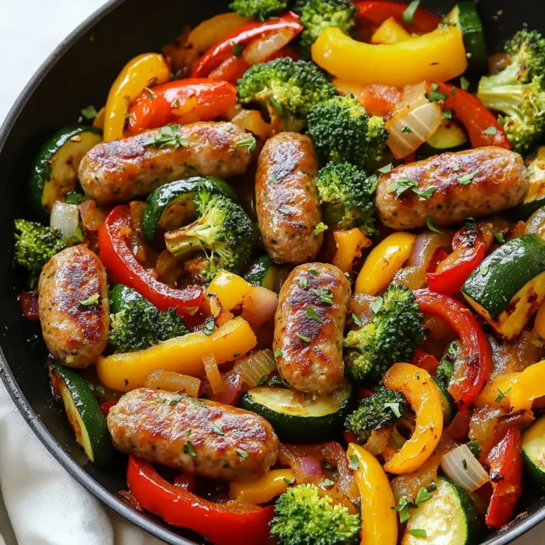 To make a tasty Healthy Sausage and Veggies dish, gather these simple ingredients: - 2 lean turkey or chicken sausages, sliced - 1 red bell pepper, chopped - 1 yellow bell pepper, chopped - 1 zucchini, sliced into half-moons - 1 cup broccoli florets - 1 small red onion, sliced - 2 cloves garlic, minced - 1 tablespoon olive oil - 1 teaspoon Italian seasoning - ½ teaspoon smoked paprika - Salt and pepper to taste - Fresh parsley, chopped for garnish These ingredients blend well for a nutritious meal. Lean turkey or chicken sausages provide protein with less fat. The mix of colorful bell peppers adds vitamins and crunch. Zucchini and broccoli offer fiber and minerals. Red onion and garlic bring flavor and health benefits. Olive oil, Italian seasoning, and smoked paprika enhance taste without extra calories. Fresh parsley adds a nice touch and extra nutrients. This combination makes your dish vibrant and healthy. {{ingredient_image_1}} - Washing and chopping vegetables: Start by rinsing the red and yellow bell peppers under cold water. Chop them into bite-sized pieces. Next, wash the zucchini and slice it into half-moons. Rinse the broccoli florets and set them aside. Lastly, peel and slice the red onion. Mince the garlic cloves. - Slicing sausages: Take the lean turkey or chicken sausages and slice them into small, bite-sized pieces. This helps them cook evenly and mix well with the veggies. - Heating the pan: Grab a large skillet or sauté pan. Pour in one tablespoon of olive oil. Heat it over medium heat until it shimmers. This step is crucial for a good sear on the sausage. - Cooking the sausage: Add the sliced sausages to the hot pan. Cook them for about 4-5 minutes. Stir occasionally. Look for a golden brown color to show they’re done. - Adding aromatics: Once the sausage is golden, stir in the minced garlic and sliced onion. Cook this mixture for about 2 minutes. You want the onion to turn translucent and fragrant. - Incorporating the veggies: Now, add the chopped bell peppers, zucchini, and broccoli to the skillet. Sprinkle in the Italian seasoning and smoked paprika. Season with salt and pepper to taste. Stir everything together well. - Sautéing the mixture: Cook everything together for about 8-10 minutes. Stir frequently. You want the vegetables to be tender-crisp, and the sausage to be fully cooked. - Serving suggestions: Once done, remove the skillet from heat. Garnish your dish with chopped fresh parsley. Serve it warm on a plate. Enjoy your colorful and healthy sausage and veggies! - Choosing the right sausage type: I recommend using lean turkey or chicken sausages. They offer great taste without too much fat. If you prefer, try pork or plant-based options. Each type adds a unique flavor. - Ensuring even cooking: To cook the sausage evenly, slice them into bite-sized pieces. This helps them brown well. Stir the sausage as it cooks to prevent sticking. Aim for a golden brown color, which usually takes about 4 to 5 minutes. - Best techniques for sautéing: Sautéing veggies is simple. Heat olive oil in a large pan over medium heat. Add the garlic and onion first for flavor. Then, add the bell peppers, zucchini, and broccoli. Stir often to cook them evenly and keep them crisp. - How to select fresh vegetables: Look for bright colors and firm textures. Fresh bell peppers should be smooth and shiny. Zucchini should feel heavy for its size. Broccoli florets should be tight and green. Choose seasonal veggies for the best taste. - Additional spices and herbs: To boost flavor, use Italian seasoning and smoked paprika. These spices complement the sausage and veggies well. You can also add a pinch of red pepper flakes for heat. - Suggestions for garnishing: Fresh parsley adds a lovely touch. Chop it finely and sprinkle it on top just before serving. It adds color and fresh flavor to your dish. Pro Tips Use Fresh Ingredients: Fresh vegetables and high-quality sausages enhance the flavor and nutritional value of your dish. Adjust the Spice Level: Feel free to add red pepper flakes or your favorite hot sauce if you prefer a spicier dish. Meal Prep Friendly: This recipe is great for meal prep. Cook a larger batch and store portions in the fridge for quick lunches or dinners. Customize Your Vegetables: Substitute or add any seasonal vegetables you have on hand to keep the dish interesting and varied. {{image_2}} You can choose many types of sausages for this dish. Lean turkey or chicken sausages work well. They are healthy and tasty. If you want plant-based options, look for veggie sausages. These can add great flavor and texture. Check the labels for healthy ingredients. Try to avoid added sugars and fillers. Seasonal veggies can enhance your dish. In spring, use asparagus or snap peas. In summer, add corn or tomatoes. Fall brings sweet potatoes and carrots. Winter vegetables like Brussels sprouts or kale add heartiness. If you want substitutes, use green beans instead of broccoli. Swap bell peppers for eggplant or mushrooms. These changes keep your meal fresh and exciting. Pair your sausage and veggies with whole grains. Quinoa or brown rice work great as sides. You can also serve it with a light salad for a refreshing touch. For meal prep, divide your dish into containers. This makes it easy to grab and go. You can reheat it for lunch or dinner during the week. Enjoy your healthy, tasty meals with ease! To keep your leftovers fresh, store them in airtight containers. This prevents moisture loss. Place the containers in the fridge. They stay good for up to three days. Make sure to cool the dish to room temperature before sealing. This helps maintain quality. You can also label the containers with the date. That way, you know when to use them. When you're ready to enjoy your leftovers, reheating is key. Use a skillet for the best results. Heat on low to medium heat and add a splash of water. This helps steam the veggies and keeps them tender. Stir occasionally to heat evenly. You can also use the microwave. Cover the dish to keep moisture in. Heat in short bursts, stirring in between. If you want to save your Healthy Sausage and Veggies for later, freezing works well. First, let the dish cool completely. Then, place portions in freezer-safe bags or containers. Remove as much air as possible to prevent freezer burn. Label each container with the date. You can freeze it for up to three months. To thaw, place the container in the fridge overnight before reheating. The healthiest sausages are lean turkey or chicken. They have less fat than pork. Look for options with minimal added sugars and fillers. These choices keep the dish light and flavorful. You can also try plant-based sausages. They are lower in calories and fat too. Make sure to check the labels for quality. Yes, you can use frozen vegetables. They are quick and easy. Just add them straight to the pan. Frozen veggies already have washing and chopping done. This saves time in the kitchen. You may need to cook them a bit longer to heat through. Check the sausage for a golden brown color. Use a meat thermometer for safety. Sausage should reach an internal temperature of 165°F (74°C). Cut a piece to check if it is no longer pink inside. This ensures it’s safe to eat. Yes, you can make this recipe ahead of time. Cook it fully and let it cool. Store it in an airtight container. It will keep in the fridge for up to three days. Reheat it on the stove or in the microwave before serving. This dish pairs well with whole grains. Try serving it with brown rice or quinoa. You can also enjoy it with a fresh salad. A side of crusty bread complements the meal too. These options add fiber and keep the meal balanced. This blog post laid out a simple method for making a healthy sausage and veggie dish. We detailed the best ingredients to use and how to prepare them. I shared tips for cooking and suggested ways to change up the recipe. Lastly, you learned how to store and reheat your meal. Keep this recipe handy for quick, tasty meals when you need them. Enjoy your cooking!