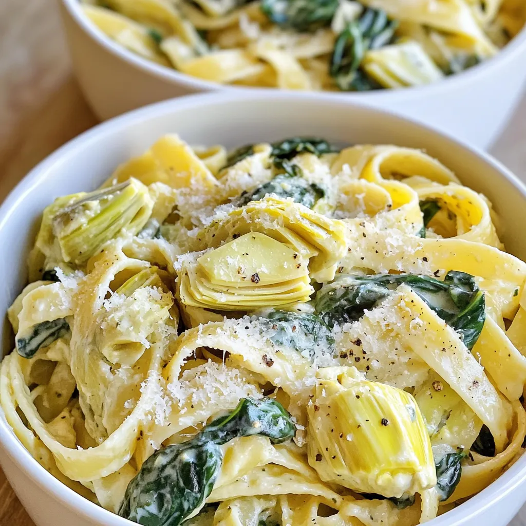 To make Spinach Artichoke One Pot Pasta, you'll need: - 12 oz fettuccine or linguine pasta - 1 can (14 oz) artichoke hearts, drained and chopped - 4 cups fresh spinach, washed and chopped - 3 cloves garlic, minced - 1 cup cream cheese, softened - 2 cups vegetable broth - 1 cup grated Parmesan cheese - 1 tsp Italian seasoning - 2 tablespoons olive oil - Salt and pepper to taste - Red pepper flakes (optional, for a bit of heat) I recommend using Barilla or De Cecco for pasta. They cook evenly. For artichoke hearts, look for brands like Roland or Del Monte. They have great flavor. Philadelphia is my go-to for cream cheese. It melts well and tastes rich. For broth, I prefer Pacific Foods or Swanson. They have a good balance of flavor. If you need a gluten-free option, use gluten-free pasta brands like Banza or Tinkyada. For a vegan dish, swap cream cheese for a cashew cream or a vegan cream cheese. Nutritional yeast can replace Parmesan cheese for a cheesy taste without dairy. If you want a lighter dish, reduce the cream cheese or use a low-fat version. Before you start cooking, gather all your ingredients. This makes the process smooth and fun. Here are the things you'll need: - 12 oz fettuccine or linguine pasta - 1 can (14 oz) artichoke hearts, drained and chopped - 4 cups fresh spinach, washed and chopped - 3 cloves garlic, minced - 1 cup cream cheese, softened - 2 cups vegetable broth - 1 cup grated Parmesan cheese - 1 tsp Italian seasoning - 2 tablespoons olive oil - Salt and pepper to taste - Red pepper flakes (optional, for heat) 1. Heat the olive oil in a large pot over medium heat. 2. Add the minced garlic and sauté for 1-2 minutes. Do not let it brown. 3. Pour in the vegetable broth and add the pasta. Make sure it's fully submerged. 4. Bring the mixture to a boil. Once boiling, reduce the heat to a simmer. 5. Cover the pot and cook for 10-12 minutes. Stir occasionally until the pasta is tender. 6. Add the chopped artichoke hearts and spinach. Stir until the spinach wilts. 7. Lower the heat to low and add the softened cream cheese. Stir until melted. 8. Sprinkle in the grated Parmesan cheese and Italian seasoning. Stir until creamy. 9. Season with salt, pepper, and red pepper flakes if you like heat. 10. Remove from heat and let it sit for a couple of minutes to thicken. Serve the pasta in deep bowls. Top with extra Parmesan and a sprinkle of black pepper. For a nice touch, add a sprig of fresh basil on top. Enjoy your Spinach Artichoke One Pot Pasta! Cooking pasta is simple, but a few tips can help. Start by boiling water in a large pot. Add a generous amount of salt; this adds flavor to the pasta. When the water boils, add your fettuccine or linguine. Stir it well to prevent sticking. Cook it until it's just al dente, usually 1-2 minutes less than the package says. This keeps the pasta firm, so it won’t get mushy when you mix it with the sauce. To make your dish creamy, use softened cream cheese. Add the cream cheese when the pasta is almost done. Stir it in gently until it melts and mixes well. Parmesan cheese also helps create that creamy feel. When you sprinkle it in, stir until it blends smoothly. If the dish seems too thick, add a splash of vegetable broth until it reaches your desired texture. You can boost the flavor of your pasta easily. For a touch of heat, add red pepper flakes when you season. Fresh herbs like basil or parsley can brighten the dish. If you prefer a tangy taste, squeeze some lemon juice over the top. Remember to taste as you go. This way, you can adjust salt and pepper to suit your liking. {{image_2}} You can boost the taste of your Spinach Artichoke One Pot Pasta with some fun add-ins. Try adding cooked chicken for protein. Shrimp also works well if you like seafood. For a pop of freshness, toss in some sun-dried tomatoes. You might enjoy the crunch of toasted pine nuts on top. Don't forget to add more garlic for a bolder flavor. If you crave heat, sprinkle in some red pepper flakes. To make this dish vegetarian, simply skip the meat add-ins and stick to the original recipe. For a vegan version, swap the cream cheese and Parmesan for plant-based options. Use coconut cream or cashew cream for the sauce. Nutritional yeast can replace Parmesan and add a cheesy taste. This way, you can enjoy the same creamy goodness without dairy. If you need a gluten-free dish, choose gluten-free pasta. Look for brands that use rice or quinoa. The cooking process remains the same, so you can follow the recipe as usual. Just keep an eye on the pasta. Gluten-free pasta can cook faster than regular pasta. Enjoy your creamy, tasty meal without any gluten worries! To keep your Spinach Artichoke One Pot Pasta fresh, let it cool first. Then, place it in an airtight container. Store it in the fridge for up to three days. This way, the flavors remain rich and vibrant. When you're ready to enjoy the leftovers, you can reheat them easily. Use the stovetop or microwave. If using the stovetop, add a splash of vegetable broth to keep it creamy. Heat on low, stirring gently until warm. In the microwave, cover the dish and heat in short bursts, stirring in between. If you want to save some for later, you can freeze it. Portion the pasta into freezer-safe containers. Leave some space at the top for expansion. It can last up to three months in the freezer. When you want to eat it, thaw it overnight in the fridge. Then, reheat as mentioned above. Yes, you can use various pasta shapes. Fettuccine or linguine works best, but you can try penne or rotini. Just adjust the cooking time according to the pasta you choose. Thinner pasta like angel hair cooks faster, while thicker pasta takes longer. Always check the package for guidance. To make this dish ahead, cook the pasta as directed. After the pasta cools, store it in an airtight container. You can prepare the sauce with spinach and artichokes separately. When you're ready to eat, just heat them together. Add the cream cheese and Parmesan last for a creamy finish. If you want a different taste, use sour cream or Greek yogurt. Both give a creamy texture. You can also try cashew cream for a dairy-free option. Just blend soaked cashews with a bit of water and lemon juice for a smooth mix. This article covered all you need to cook pasta dishes. We reviewed essential ingredients, from types and brands to substitutions. I shared step-by-step instructions for preparation and cooking. Tips helped you achieve creaminess and flavor. We explored variations for different diets and how to store leftovers. Cooking pasta can be fun and flexible. Try these ideas to create your own perfect dish!