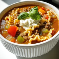 To make a tasty Slow Cooker Lasagna Soup, you need: - 1 lb ground beef or turkey - 1 medium onion, diced - 3 cloves garlic, minced - 1 bell pepper, diced (any color) - 1 can (28 oz) crushed tomatoes - 4 cups beef or vegetable broth - 8 lasagna noodles, broken into pieces - 1 cup ricotta cheese - 1 ½ cups shredded mozzarella cheese - ½ cup grated Parmesan cheese These ingredients form the base of the soup. The meat gives it flavor and protein. The veggies add texture and nutrients. The noodles make it hearty. The cheeses bring creaminess and richness. You can add a few more items for extra taste: - Fresh basil or parsley for garnish - 1 teaspoon sugar to balance the acidity - Salt and pepper to taste These optional ingredients can elevate your soup. Fresh herbs add brightness. A little sugar can make the flavors pop. Seasoning is key to a great soup. Here are my top picks: - 2 teaspoons Italian seasoning - 1 teaspoon dried oregano These seasonings bring warmth and depth to your dish. They work well with the tomatoes and meat. Always taste as you go to find the right balance for your palate. First, heat a skillet over medium heat. Add 1 pound of ground beef or turkey. Cook until it is brown. Stir it well and season with salt and pepper. Once it’s done, drain any extra fat. Transfer the meat to your slow cooker. This gives the soup a nice base. Next, add the diced onion, minced garlic, and diced bell pepper to the slow cooker. Pour in a 28-ounce can of crushed tomatoes and 4 cups of beef or vegetable broth. Add 2 teaspoons of Italian seasoning, 1 teaspoon of dried oregano, and 1 teaspoon of sugar. Stir everything until it mixes well. This mix will create a tasty broth. Cover the slow cooker with its lid. Cook on low for 6 to 8 hours or on high for 3 to 4 hours. Low and slow lets the flavors blend nicely. You can check the soup about halfway through cooking. This way, you can smell the wonderful aromas. About 30 minutes before serving, break 8 lasagna noodles into pieces. Add them to the soup and stir gently. Let the noodles cook until they are tender. In a small bowl, mix 1 cup of ricotta cheese with a pinch of salt and pepper. When you serve, ladle the soup into bowls. Top each bowl with a spoonful of the ricotta mix. Then, sprinkle 1½ cups of shredded mozzarella and ½ cup of grated Parmesan. Finish with fresh basil or parsley for a beautiful touch. For the best slow cooker lasagna soup, always brown your meat first. This adds deep flavor. Use a good quality broth to boost the taste. I like beef broth for a rich base. Layer your ingredients wisely. Place the meat on the bottom. This helps cook it evenly. Add the veggies next, then the tomatoes and broth. Stir well to mix the flavors. For perfect noodles, break the lasagna sheets into smaller pieces. This helps them cook evenly. Add the noodles about 30 minutes before you serve the soup. This way, they stay firm and do not get mushy. Watch them closely. You want them soft but not falling apart. When serving, use rustic bowls for a cozy feel. Spoon the soup into each bowl. Add a dollop of ricotta on top. This makes a nice contrast. Sprinkle with mozzarella and Parmesan for extra creaminess. Fresh herbs add color and freshness. You can drizzle some olive oil on top for an elegant touch. Serve with crusty bread on the side. This makes a complete meal that everyone will love! {{image_2}} To make a tasty vegetarian version, swap the meat for mushrooms or lentils. Add extra veggies like zucchini and spinach for more flavor. Use vegetable broth instead of beef broth. These changes keep the soup filling and satisfying without meat. You still get that rich, lasagna flavor everyone loves. To make this soup gluten-free, use gluten-free lasagna noodles. Many brands offer tasty options that work well. Just break them into pieces like regular noodles. Check the broth label to ensure it is gluten-free too. Your soup will still be hearty and comforting. If you want to try different proteins, ground chicken or sausage works great. You can also use plant-based meat substitutes for a lighter option. Just brown them in the skillet like you would with beef. Each choice gives the soup a unique twist. Enjoy the variety in flavors! After you enjoy your Slow Cooker Lasagna Soup, store any leftovers in an airtight container. Let the soup cool down first. Then, refrigerate it within two hours. This helps keep it fresh. The soup will last for about three to four days in the fridge. Always check for any off smells before eating. If you want to save some soup for later, freezing is a great choice. First, let the soup cool completely. Next, pour it into freezer-safe bags or containers. Make sure to leave some space for expansion. This soup can stay good in the freezer for up to three months. When you're ready to eat, just thaw it overnight in the fridge. To reheat the soup, you can use a pot on the stove or the microwave. If using the stove, add a splash of broth or water to keep it moist. Heat gently over low heat and stir often. If using the microwave, heat in short bursts, stirring in between. This ensures even heating. Always check that it’s hot all the way through before serving. Enjoy your soup just like the first time! You can store Slow Cooker Lasagna Soup in the fridge for up to four days. Use an airtight container to keep it fresh. For longer storage, freeze it. It will last for up to three months in the freezer. Just remember to let it cool before freezing. Yes! You can make this soup without meat. Use extra veggies like zucchini, mushrooms, or spinach. You can also add beans for protein. This keeps the soup tasty and filling without meat. If you don’t have ricotta cheese, try cottage cheese. Blend it for a smoother texture. Cream cheese also works well for a rich flavor. You can even use mashed tofu for a dairy-free option. To boost the flavor, add more herbs like fresh basil or thyme. A splash of balsamic vinegar adds depth. You can also stir in some red pepper flakes for a spicy kick. Yes, you can cook this soup on the stovetop. Just follow the same steps but use a large pot. Cook it on medium heat for about 30 minutes. Stir often, and add the broken noodles in the last 10 minutes. This blog post shared a fun way to make slow cooker lasagna soup. We covered main and optional ingredients, and shared tips for perfect texture. You learned about variations, storage tips, and answers to common questions. Slow cooker lasagna soup is flexible and hearty. Whether you love meat, veggies, or different flavors, there’s a version for you. Now, it’s time to gather your ingredients and start cooking this delicious dish! Enjoy your meal and the smiles it brings.