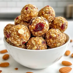 To create Cranberry Almond Energy Balls, gather the following ingredients: - 1 cup rolled oats - 1/2 cup almond butter - 1/4 cup honey or maple syrup - 1/2 cup dried cranberries, chopped - 1/4 cup almond slices - 1/2 teaspoon vanilla extract - 1/4 teaspoon ground cinnamon - Pinch of sea salt These main ingredients blend together to give you a tasty and nutritious snack. The rolled oats provide fiber. Almond butter adds protein and healthy fats. Honey or maple syrup offers natural sweetness. Dried cranberries give a tangy flavor. Almond slices add crunch. Vanilla and cinnamon enhance the taste. The sea salt balances all the flavors. You can also boost your energy balls with these optional add-ins: - Seeds (e.g., chia or flaxseed) - Other dried fruits (e.g., raisins or apricots) - Mix-ins for extra flavor (e.g., cocoa powder or protein powder) Adding seeds can increase the nutrition. Other fruits can change the taste. Cocoa powder makes them chocolatey. Protein powder can help fuel your day. Feel free to mix and match these options to suit your taste. {{ingredient_image_1}} 1. Mixing the dry ingredients: Start by grabbing a large mixing bowl. Add 1 cup of rolled oats. Then, scoop in 1/2 cup of almond butter. Next, pour in 1/4 cup of honey or maple syrup. Stir these ingredients until they blend well together. 2. Incorporating the wet ingredients: Now, it’s time to add the fun stuff! Toss in 1/2 cup of chopped dried cranberries. Follow that with 1/4 cup of almond slices. Add 1/2 teaspoon of vanilla extract, 1/4 teaspoon of ground cinnamon, and a pinch of sea salt. Mix everything thoroughly. You want the flavors to be evenly spread out. 3. Final mixing and consistency check: After mixing, check the consistency. It should feel sticky but easy to handle. If it's too dry, a tiny splash of water can help. If it's too wet, a bit more oats can fix it. 1. Portioning the mixture: With clean hands, scoop out about 1 tablespoon of the mixture. This will help keep your energy balls the same size. 2. Rolling technique for uniformity: Roll the mixture between your palms. Make sure each ball is smooth and firm. This step helps ensure they hold together well. 1. Refrigerating for optimal firmness: Place all the shaped balls on a parchment-lined baking sheet. Chill them in the fridge for at least 30 minutes. This step makes them firmer and easier to eat. 2. Best practices for storage: Store your energy balls in an airtight container. You can keep them in the fridge for up to one week. If you want them to last longer, freeze them! Just make sure to thaw them when you are ready to enjoy. To get the right texture for your energy balls, aim for a mixture that is not too dry or sticky. You want it to hold together but still be easy to roll. If your mix feels crumbly, add a bit more almond butter or honey. If it is too wet, sprinkle in some oats to balance it out. If you have nut allergies, you can still enjoy these energy balls. Use sunflower seed butter instead of almond butter. This swap keeps the flavor while making it safe for those with nut sensitivities. Always check your oats to ensure they are gluten-free if needed. You can make these energy balls your own by adding spices or extracts. Try a dash of nutmeg or a splash of almond extract for a new twist. When serving, arrange the energy balls in a bowl and sprinkle extra almond slices around them. This not only looks nice but also adds a tasty touch. Pro Tips Use Natural Sweeteners: If you're looking for a healthier option, consider using pure maple syrup or agave nectar instead of honey for a vegan-friendly alternative. Customize Your Mix-ins: Feel free to swap out cranberries and almonds for other dried fruits and nuts, such as apricots and walnuts, to create your own unique flavor combinations. Chill for Better Texture: Allowing the energy balls to chill in the fridge helps them firm up, making them easier to eat and providing a satisfying chew. Perfect Portioning: Use a cookie scoop for even portioning to ensure that all your energy balls are the same size, making them perfect for packing in lunches or on-the-go snacks. {{image_2}} You can easily switch up the flavors of your energy balls. Here are two fun ideas: - Chocolate Cranberry Almond Energy Balls: Add 1/4 cup of cocoa powder to the mix. This gives a rich chocolate flavor. You can also fold in mini chocolate chips for extra sweetness. - Spiced Pumpkin Energy Balls: Substitute the almond butter with pumpkin puree. Add 1 teaspoon of pumpkin spice for a warm flavor. These are perfect for fall and holidays. If you want alternatives, I have some great swaps. - Alternatives to almond butter: Try using peanut butter for a nutty taste. Sunflower seed butter is a great choice for nut allergies. - Sweetener swaps: Instead of honey, you can use agave nectar. Maple syrup also adds a nice flavor. You can make your energy balls fit the season, too. - Incorporating seasonal fruits or spices: In spring, add fresh strawberries. In winter, a bit of nutmeg or ginger can warm things up. - Holiday-themed versions: For Christmas, mix in crushed peppermint. For Thanksgiving, consider using dried figs or cranberries for that festive touch. These variations keep the recipe fun and fresh! Feel free to mix and match to find your favorite flavor. Store your Cranberry Almond Energy Balls in the fridge. Use an airtight container for best results. This keeps them fresh and tasty. They will stay good for up to one week. To keep them from sticking together, you can layer them with parchment paper. For longer storage, freeze the energy balls. Place them in a single layer on a baking sheet. Freeze until firm, then transfer them to a freezer bag. This method helps them hold their shape. When ready to eat, thaw them in the fridge overnight. They taste great after thawing! Stored energy balls can last about one week in the fridge and up to three months in the freezer. Always check for signs of spoilage. If they look dry or smell off, it’s best to discard them. Enjoy your delicious, healthy snack! Cranberry Almond Energy Balls can last for about one week in the fridge. Store them in an airtight container. If you want them to last longer, freeze them. They keep well for up to three months in the freezer. Just remember to thaw them before enjoying. Yes, you can switch out nuts or seeds easily. Almond butter is great, but peanut butter works too. You can also use sunflower seed butter for a nut-free option. For the nuts, try walnuts or pecans instead of almond slices. Feel free to mix in your favorites! Absolutely! These energy balls are packed with nutrients. They provide energy from oats and healthy fats from almond butter. The sweet taste of cranberries makes them appealing to kids. Plus, they are easy to grab for a quick snack. Kids will love them! In this post, I shared how to make delicious Cranberry Almond Energy Balls. We explored the simple ingredients and step-by-step instructions. You learned tips for perfecting texture and making your snacks allergy-friendly. These energy balls are not just tasty; they are also easy to customize. Whether you enjoy them at breakfast or as a snack, they offer great flavor and nutrition. Try them today and make them your own!