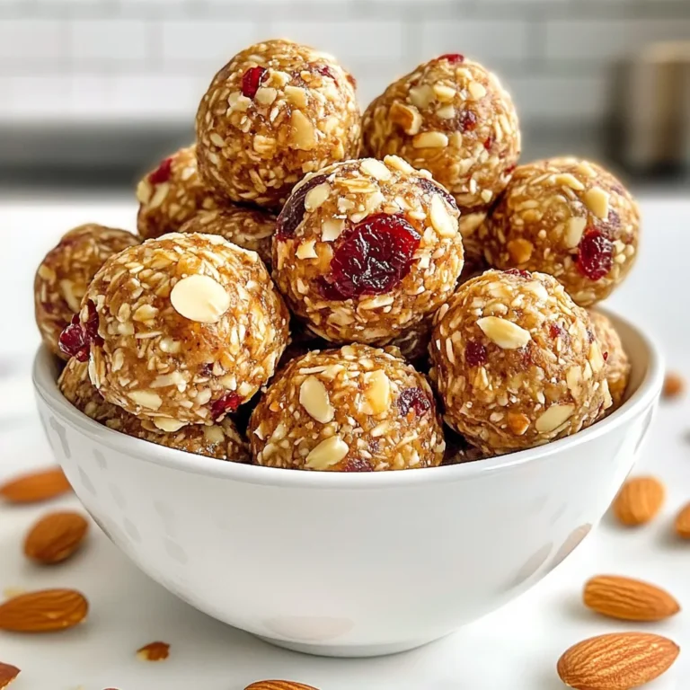 To create Cranberry Almond Energy Balls, gather the following ingredients: - 1 cup rolled oats - 1/2 cup almond butter - 1/4 cup honey or maple syrup - 1/2 cup dried cranberries, chopped - 1/4 cup almond slices - 1/2 teaspoon vanilla extract - 1/4 teaspoon ground cinnamon - Pinch of sea salt These main ingredients blend together to give you a tasty and nutritious snack. The rolled oats provide fiber. Almond butter adds protein and healthy fats. Honey or maple syrup offers natural sweetness. Dried cranberries give a tangy flavor. Almond slices add crunch. Vanilla and cinnamon enhance the taste. The sea salt balances all the flavors. You can also boost your energy balls with these optional add-ins: - Seeds (e.g., chia or flaxseed) - Other dried fruits (e.g., raisins or apricots) - Mix-ins for extra flavor (e.g., cocoa powder or protein powder) Adding seeds can increase the nutrition. Other fruits can change the taste. Cocoa powder makes them chocolatey. Protein powder can help fuel your day. Feel free to mix and match these options to suit your taste. {{ingredient_image_1}} 1. Mixing the dry ingredients: Start by grabbing a large mixing bowl. Add 1 cup of rolled oats. Then, scoop in 1/2 cup of almond butter. Next, pour in 1/4 cup of honey or maple syrup. Stir these ingredients until they blend well together. 2. Incorporating the wet ingredients: Now, it’s time to add the fun stuff! Toss in 1/2 cup of chopped dried cranberries. Follow that with 1/4 cup of almond slices. Add 1/2 teaspoon of vanilla extract, 1/4 teaspoon of ground cinnamon, and a pinch of sea salt. Mix everything thoroughly. You want the flavors to be evenly spread out. 3. Final mixing and consistency check: After mixing, check the consistency. It should feel sticky but easy to handle. If it's too dry, a tiny splash of water can help. If it's too wet, a bit more oats can fix it. 1. Portioning the mixture: With clean hands, scoop out about 1 tablespoon of the mixture. This will help keep your energy balls the same size. 2. Rolling technique for uniformity: Roll the mixture between your palms. Make sure each ball is smooth and firm. This step helps ensure they hold together well. 1. Refrigerating for optimal firmness: Place all the shaped balls on a parchment-lined baking sheet. Chill them in the fridge for at least 30 minutes. This step makes them firmer and easier to eat. 2. Best practices for storage: Store your energy balls in an airtight container. You can keep them in the fridge for up to one week. If you want them to last longer, freeze them! Just make sure to thaw them when you are ready to enjoy. To get the right texture for your energy balls, aim for a mixture that is not too dry or sticky. You want it to hold together but still be easy to roll. If your mix feels crumbly, add a bit more almond butter or honey. If it is too wet, sprinkle in some oats to balance it out. If you have nut allergies, you can still enjoy these energy balls. Use sunflower seed butter instead of almond butter. This swap keeps the flavor while making it safe for those with nut sensitivities. Always check your oats to ensure they are gluten-free if needed. You can make these energy balls your own by adding spices or extracts. Try a dash of nutmeg or a splash of almond extract for a new twist. When serving, arrange the energy balls in a bowl and sprinkle extra almond slices around them. This not only looks nice but also adds a tasty touch. Pro Tips Use Natural Sweeteners: If you're looking for a healthier option, consider using pure maple syrup or agave nectar instead of honey for a vegan-friendly alternative. Customize Your Mix-ins: Feel free to swap out cranberries and almonds for other dried fruits and nuts, such as apricots and walnuts, to create your own unique flavor combinations. Chill for Better Texture: Allowing the energy balls to chill in the fridge helps them firm up, making them easier to eat and providing a satisfying chew. Perfect Portioning: Use a cookie scoop for even portioning to ensure that all your energy balls are the same size, making them perfect for packing in lunches or on-the-go snacks. {{image_2}} You can easily switch up the flavors of your energy balls. Here are two fun ideas: - Chocolate Cranberry Almond Energy Balls: Add 1/4 cup of cocoa powder to the mix. This gives a rich chocolate flavor. You can also fold in mini chocolate chips for extra sweetness. - Spiced Pumpkin Energy Balls: Substitute the almond butter with pumpkin puree. Add 1 teaspoon of pumpkin spice for a warm flavor. These are perfect for fall and holidays. If you want alternatives, I have some great swaps. - Alternatives to almond butter: Try using peanut butter for a nutty taste. Sunflower seed butter is a great choice for nut allergies. - Sweetener swaps: Instead of honey, you can use agave nectar. Maple syrup also adds a nice flavor. You can make your energy balls fit the season, too. - Incorporating seasonal fruits or spices: In spring, add fresh strawberries. In winter, a bit of nutmeg or ginger can warm things up. - Holiday-themed versions: For Christmas, mix in crushed peppermint. For Thanksgiving, consider using dried figs or cranberries for that festive touch. These variations keep the recipe fun and fresh! Feel free to mix and match to find your favorite flavor. Store your Cranberry Almond Energy Balls in the fridge. Use an airtight container for best results. This keeps them fresh and tasty. They will stay good for up to one week. To keep them from sticking together, you can layer them with parchment paper. For longer storage, freeze the energy balls. Place them in a single layer on a baking sheet. Freeze until firm, then transfer them to a freezer bag. This method helps them hold their shape. When ready to eat, thaw them in the fridge overnight. They taste great after thawing! Stored energy balls can last about one week in the fridge and up to three months in the freezer. Always check for signs of spoilage. If they look dry or smell off, it’s best to discard them. Enjoy your delicious, healthy snack! Cranberry Almond Energy Balls can last for about one week in the fridge. Store them in an airtight container. If you want them to last longer, freeze them. They keep well for up to three months in the freezer. Just remember to thaw them before enjoying. Yes, you can switch out nuts or seeds easily. Almond butter is great, but peanut butter works too. You can also use sunflower seed butter for a nut-free option. For the nuts, try walnuts or pecans instead of almond slices. Feel free to mix in your favorites! Absolutely! These energy balls are packed with nutrients. They provide energy from oats and healthy fats from almond butter. The sweet taste of cranberries makes them appealing to kids. Plus, they are easy to grab for a quick snack. Kids will love them! In this post, I shared how to make delicious Cranberry Almond Energy Balls. We explored the simple ingredients and step-by-step instructions. You learned tips for perfecting texture and making your snacks allergy-friendly. These energy balls are not just tasty; they are also easy to customize. Whether you enjoy them at breakfast or as a snack, they offer great flavor and nutrition. Try them today and make them your own!