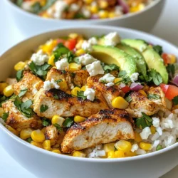 - 2 cups cooked jasmine rice - 1 lb chicken breast, diced - 1 cup corn kernels (fresh or frozen) - 1/2 cup red bell pepper, diced - 1/2 cup red onion, diced - 1 avocado, sliced - 1/2 cup crumbled feta cheese - 1/4 cup Greek yogurt or sour cream - 2 tablespoons olive oil - 1 teaspoon smoked paprika - 1 teaspoon cumin - Salt and pepper to taste The main ingredients are simple yet full of flavor. The cooked jasmine rice serves as a soft base. The diced chicken breast gives protein and heartiness. Fresh or frozen corn adds sweetness and crunch. Diced red bell pepper and red onion add color and zest. For a creamy touch, you can add avocado slices. Crumbled feta cheese adds a salty burst. Drizzling Greek yogurt or sour cream enhances the taste and makes each bite rich. When it comes to seasonings, olive oil brings a smooth richness. Smoked paprika gives warmth and depth. Cumin adds a hint of earthiness. Don’t forget salt and pepper; they elevate all the flavors. Gather all these ingredients, and you’re ready to create a meal that’s not just tasty but also visually appealing! {{ingredient_image_1}} 1. Heat two tablespoons of olive oil in a large skillet over medium heat. 2. Dice one pound of chicken breast. 3. Season the chicken with one teaspoon of smoked paprika, one teaspoon of cumin, salt, and pepper. 4. Add the seasoned chicken to the hot skillet. 5. Cook for six to eight minutes. The chicken should be golden brown and fully cooked. 6. Remove the chicken from the skillet and set it aside. 1. In the same skillet, add one cup of corn kernels, half a cup of diced red bell pepper, and half a cup of diced red onion. 2. Sauté the vegetables for about five minutes. They should be tender and slightly charred. 3. Stir in the juice of one lime for a fresh, tangy flavor. 1. Start with two cups of cooked jasmine rice as your base. 2. Layer the cooked chicken on top of the rice. 3. Add the sautéed corn and vegetable mixture over the chicken. 4. Top with slices of one avocado and sprinkle with a quarter cup of chopped cilantro. 5. If you like, crumble half a cup of feta cheese on top. 6. For extra richness, drizzle with Greek yogurt or sour cream. To ensure your chicken is fully cooked, use a meat thermometer. Aim for an internal temperature of 165°F. This guarantees safety and juiciness. Cut the chicken into small, even pieces. Smaller pieces cook faster and more evenly. For a golden brown finish, start with a hot skillet. Heat your olive oil before adding the chicken. This helps achieve that lovely crust. Avoid overcrowding the pan. Cook in batches if needed to brown each piece well. Using fresh ingredients makes a big difference. Fresh corn tastes sweeter and adds crunch. If you use frozen corn, thaw it first for better results. For seasoning, you can swap smoked paprika for chili powder for a kick. Add lime zest for bright flavor. Herbs like oregano or thyme can also enhance the dish. Feel free to experiment based on your taste. Serving your bowls with flair attracts attention. Use wide, shallow bowls to show off the layers. Start with a mound of jasmine rice, then add the chicken and veggies on top. For garnishing, slice the avocado neatly and place it artfully. Sprinkle cilantro over the bowl for color. If using feta, crumble it just before serving for freshness. Adjust serving sizes based on your guests. Consider smaller portions for appetizers and larger ones for main courses. Pro Tips Use Fresh Corn: If possible, use fresh corn on the cob for the best flavor. Grilling the corn before adding it to the skillet can enhance its sweetness and add a smoky flavor. Marinate the Chicken: For extra flavor, marinate the diced chicken in lime juice, smoked paprika, and cumin for at least 30 minutes before cooking. Customize Your Toppings: Feel free to add other toppings like diced tomatoes, jalapeños, or a sprinkle of chili powder for some heat. Make it a Meal Prep: This dish is perfect for meal prepping. Store components separately in the fridge and assemble bowls as needed for a quick, healthy meal throughout the week. {{image_2}} You can make a tasty vegetarian version of this dish. Just swap the chicken for a plant-based protein. Options like tofu or tempeh work great. You can also use beans like black beans or chickpeas. Adding extra veggies boosts flavor and nutrition. Try bell peppers, zucchini, or even jalapeños for a kick. You don't have to stick to jasmine rice. Quinoa or brown rice are excellent choices too. If you want a low-carb option, cauliflower rice fits well here. Just remember to adjust the cooking times. Quinoa takes about 15 minutes, while brown rice may need 30 minutes. Cauliflower rice cooks in just a few minutes, so add it at the end. Want to take your bowls to the next level? Experiment with different cheeses. Feta adds a creamy, salty flavor. You might also try cotija or even a sharp cheddar. If you like heat, throw in some diced jalapeños or a splash of hot sauce. These additions bring more layers of flavor to your meal. To keep your Street Corn Chicken Rice Bowls fresh, follow these steps: - Let the bowls cool down to room temperature. - Use airtight containers to store each component separately. - Store in the fridge for up to three days. This way, the flavors stay bright and tasty. When you're ready to enjoy your leftovers, use these methods: - Microwave: Heat in short bursts, stirring in between. - Skillet: Warm on low heat, adding a splash of water if needed. To keep the texture, avoid overheating. Stir often to prevent sticking. If you want to freeze your bowls, here’s how: - Assemble the bowls, but skip the avocado and yogurt. - Wrap tightly with foil or plastic wrap, then place in a freezer bag. - Freeze for up to two months. To thaw, move to the fridge overnight. Reheat using the microwave or skillet, adding fresh toppings for flavor. Yes, you can use brown rice. However, it takes longer to cook. Brown rice may also have a nuttier taste. Cook it according to package directions. This will help match it with the other flavors. If you want a corn substitute, try diced zucchini or bell peppers. You can also use black beans for a different texture. Quinoa or barley works well too. These options will keep your dish tasty. To make this dish gluten-free, check all labels. Use gluten-free chicken broth if you want more flavor. Make sure your spices are gluten-free as well. This way, everyone can enjoy your meal without worry. Yes, you can make this dish ahead. Cook the chicken and veggies, then store them in the fridge. Make the rice fresh when you serve. This keeps the rice fluffy and warm. You can also assemble the bowls and cover them. Just reheat before serving. This blog showed you how to make tasty street corn chicken rice bowls. We covered the key ingredients, including jasmine rice, chicken, corn, and spices. I shared simple steps for cooking and assembling the bowls. With tips for storing and reheating, you'll enjoy leftovers too. Don’t forget the variations for added flavors and options. Try mixing in different veggies or grains. Cooking can be fun and easy, and these bowls are sure to please. Enjoy making this dish and share your results!
