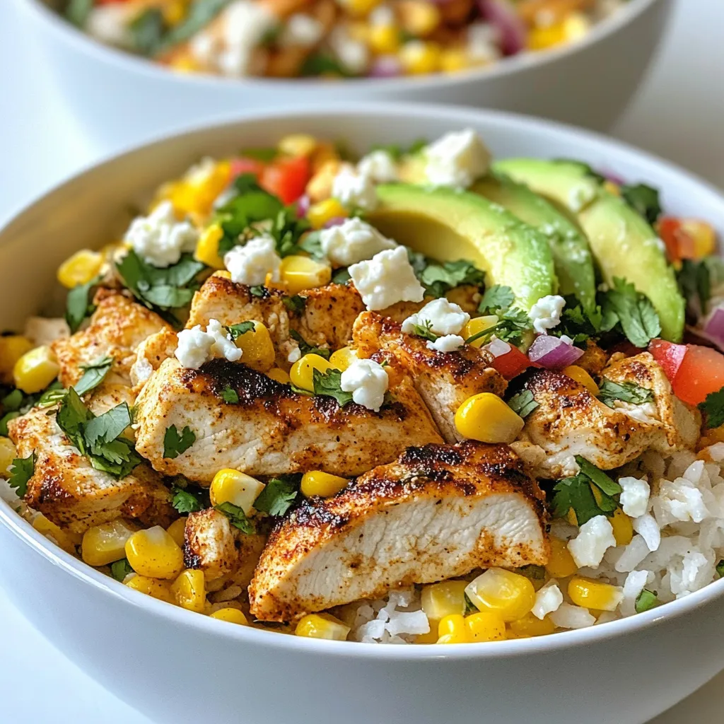 - 2 cups cooked jasmine rice - 1 lb chicken breast, diced - 1 cup corn kernels (fresh or frozen) - 1/2 cup red bell pepper, diced - 1/2 cup red onion, diced - 1 avocado, sliced - 1/2 cup crumbled feta cheese - 1/4 cup Greek yogurt or sour cream - 2 tablespoons olive oil - 1 teaspoon smoked paprika - 1 teaspoon cumin - Salt and pepper to taste The main ingredients are simple yet full of flavor. The cooked jasmine rice serves as a soft base. The diced chicken breast gives protein and heartiness. Fresh or frozen corn adds sweetness and crunch. Diced red bell pepper and red onion add color and zest. For a creamy touch, you can add avocado slices. Crumbled feta cheese adds a salty burst. Drizzling Greek yogurt or sour cream enhances the taste and makes each bite rich. When it comes to seasonings, olive oil brings a smooth richness. Smoked paprika gives warmth and depth. Cumin adds a hint of earthiness. Don’t forget salt and pepper; they elevate all the flavors. Gather all these ingredients, and you’re ready to create a meal that’s not just tasty but also visually appealing! {{ingredient_image_1}} 1. Heat two tablespoons of olive oil in a large skillet over medium heat. 2. Dice one pound of chicken breast. 3. Season the chicken with one teaspoon of smoked paprika, one teaspoon of cumin, salt, and pepper. 4. Add the seasoned chicken to the hot skillet. 5. Cook for six to eight minutes. The chicken should be golden brown and fully cooked. 6. Remove the chicken from the skillet and set it aside. 1. In the same skillet, add one cup of corn kernels, half a cup of diced red bell pepper, and half a cup of diced red onion. 2. Sauté the vegetables for about five minutes. They should be tender and slightly charred. 3. Stir in the juice of one lime for a fresh, tangy flavor. 1. Start with two cups of cooked jasmine rice as your base. 2. Layer the cooked chicken on top of the rice. 3. Add the sautéed corn and vegetable mixture over the chicken. 4. Top with slices of one avocado and sprinkle with a quarter cup of chopped cilantro. 5. If you like, crumble half a cup of feta cheese on top. 6. For extra richness, drizzle with Greek yogurt or sour cream. To ensure your chicken is fully cooked, use a meat thermometer. Aim for an internal temperature of 165°F. This guarantees safety and juiciness. Cut the chicken into small, even pieces. Smaller pieces cook faster and more evenly. For a golden brown finish, start with a hot skillet. Heat your olive oil before adding the chicken. This helps achieve that lovely crust. Avoid overcrowding the pan. Cook in batches if needed to brown each piece well. Using fresh ingredients makes a big difference. Fresh corn tastes sweeter and adds crunch. If you use frozen corn, thaw it first for better results. For seasoning, you can swap smoked paprika for chili powder for a kick. Add lime zest for bright flavor. Herbs like oregano or thyme can also enhance the dish. Feel free to experiment based on your taste. Serving your bowls with flair attracts attention. Use wide, shallow bowls to show off the layers. Start with a mound of jasmine rice, then add the chicken and veggies on top. For garnishing, slice the avocado neatly and place it artfully. Sprinkle cilantro over the bowl for color. If using feta, crumble it just before serving for freshness. Adjust serving sizes based on your guests. Consider smaller portions for appetizers and larger ones for main courses. Pro Tips Use Fresh Corn: If possible, use fresh corn on the cob for the best flavor. Grilling the corn before adding it to the skillet can enhance its sweetness and add a smoky flavor. Marinate the Chicken: For extra flavor, marinate the diced chicken in lime juice, smoked paprika, and cumin for at least 30 minutes before cooking. Customize Your Toppings: Feel free to add other toppings like diced tomatoes, jalapeños, or a sprinkle of chili powder for some heat. Make it a Meal Prep: This dish is perfect for meal prepping. Store components separately in the fridge and assemble bowls as needed for a quick, healthy meal throughout the week. {{image_2}} You can make a tasty vegetarian version of this dish. Just swap the chicken for a plant-based protein. Options like tofu or tempeh work great. You can also use beans like black beans or chickpeas. Adding extra veggies boosts flavor and nutrition. Try bell peppers, zucchini, or even jalapeños for a kick. You don't have to stick to jasmine rice. Quinoa or brown rice are excellent choices too. If you want a low-carb option, cauliflower rice fits well here. Just remember to adjust the cooking times. Quinoa takes about 15 minutes, while brown rice may need 30 minutes. Cauliflower rice cooks in just a few minutes, so add it at the end. Want to take your bowls to the next level? Experiment with different cheeses. Feta adds a creamy, salty flavor. You might also try cotija or even a sharp cheddar. If you like heat, throw in some diced jalapeños or a splash of hot sauce. These additions bring more layers of flavor to your meal. To keep your Street Corn Chicken Rice Bowls fresh, follow these steps: - Let the bowls cool down to room temperature. - Use airtight containers to store each component separately. - Store in the fridge for up to three days. This way, the flavors stay bright and tasty. When you're ready to enjoy your leftovers, use these methods: - Microwave: Heat in short bursts, stirring in between. - Skillet: Warm on low heat, adding a splash of water if needed. To keep the texture, avoid overheating. Stir often to prevent sticking. If you want to freeze your bowls, here’s how: - Assemble the bowls, but skip the avocado and yogurt. - Wrap tightly with foil or plastic wrap, then place in a freezer bag. - Freeze for up to two months. To thaw, move to the fridge overnight. Reheat using the microwave or skillet, adding fresh toppings for flavor. Yes, you can use brown rice. However, it takes longer to cook. Brown rice may also have a nuttier taste. Cook it according to package directions. This will help match it with the other flavors. If you want a corn substitute, try diced zucchini or bell peppers. You can also use black beans for a different texture. Quinoa or barley works well too. These options will keep your dish tasty. To make this dish gluten-free, check all labels. Use gluten-free chicken broth if you want more flavor. Make sure your spices are gluten-free as well. This way, everyone can enjoy your meal without worry. Yes, you can make this dish ahead. Cook the chicken and veggies, then store them in the fridge. Make the rice fresh when you serve. This keeps the rice fluffy and warm. You can also assemble the bowls and cover them. Just reheat before serving. This blog showed you how to make tasty street corn chicken rice bowls. We covered the key ingredients, including jasmine rice, chicken, corn, and spices. I shared simple steps for cooking and assembling the bowls. With tips for storing and reheating, you'll enjoy leftovers too. Don’t forget the variations for added flavors and options. Try mixing in different veggies or grains. Cooking can be fun and easy, and these bowls are sure to please. Enjoy making this dish and share your results!