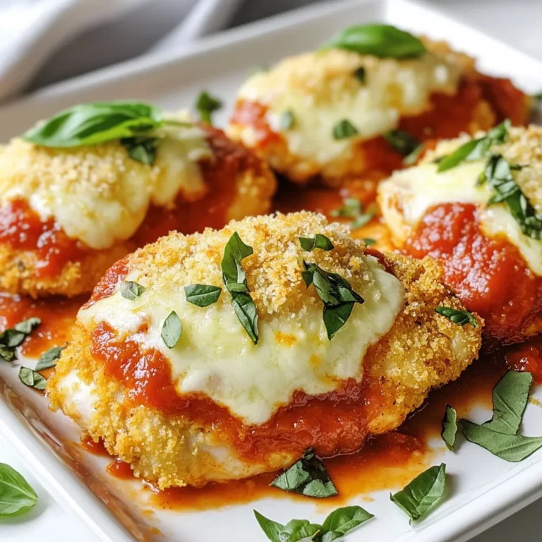 To make Baked Chicken Parmesan, you need a few key ingredients. Here’s the list: - 4 boneless, skinless chicken breasts - 1 cup breadcrumbs (preferably Italian seasoned) - 1/2 cup grated Parmesan cheese - 1 teaspoon garlic powder - 1 teaspoon dried oregano - 1 teaspoon dried basil - 2 large eggs, beaten - 2 cups marinara sauce - 1 cup shredded mozzarella cheese - Fresh basil leaves for garnish - Salt and pepper to taste - Olive oil spray (or 1 tablespoon olive oil) These ingredients create a delicious dish that is easy to prepare. The chicken is the main star, providing a juicy and tender base. The breadcrumbs add a crunchy texture, while the cheeses bring a creamy and savory flavor. The herbs elevate the dish, giving it warmth and depth. Marinara sauce ties everything together, adding a rich tomato taste. You can find these ingredients at your local grocery store. Choose fresh herbs for the best flavor. Use Italian seasoned breadcrumbs for extra taste without much effort. This recipe is not only tasty but also simple to follow. Enjoy making this delightful dish! {{ingredient_image_1}} First, set your oven to 375°F (190°C). This step is key to getting crispy chicken. Preheating helps the chicken cook evenly. In a shallow bowl, mix together the breadcrumbs, grated Parmesan cheese, garlic powder, oregano, basil, salt, and pepper. This mix adds great flavor. Make sure to stir well so every ingredient blends nicely. Take another bowl and beat the eggs. Dip each chicken breast into the eggs first. Let the extra egg drip off. Then, coat the chicken with the breadcrumb mix. Press down gently to make sure the crumbs stick well. Place the coated chicken breasts on a baking sheet lined with parchment paper. If you want extra crispiness, spray them lightly with olive oil. Bake the chicken for about 20 to 25 minutes. The chicken is done when the inside reaches 165°F (75°C) and the breadcrumbs turn golden brown. Once the chicken is baked, take it out of the oven. Carefully pour marinara sauce over each piece. This sauce adds moisture and flavor. Next, sprinkle shredded mozzarella cheese on top. Put the chicken back in the oven for an extra 10 minutes. Bake until the cheese melts and bubbles. After this, remove it and let it rest for a few minutes. Garnish with fresh basil leaves before serving. Enjoy your dish! To get a great breading on your chicken, press the breadcrumbs down firmly. This helps them stick better. A good coat makes the chicken crispy. I like to use Italian seasoned breadcrumbs for extra flavor. Using olive oil is key for crispiness. You can spray the chicken lightly with olive oil. If you prefer, drizzle about one tablespoon on top. This adds a nice crunch to the breading. Bake the chicken at 375°F (190°C). This is a perfect temperature for cooking chicken through while keeping it juicy. Cook your chicken for about 20-25 minutes. You want it to reach an internal temperature of 165°F (75°C). A meat thermometer is a handy tool for this. Baked Chicken Parmesan pairs well with many sides. I love to serve it with a fresh salad. Garlic bread also makes a great side. For a touch of green, add steamed broccoli or green beans. Don’t forget to garnish with fresh basil leaves for a pop of color and flavor! Pro Tips Use Fresh Ingredients: Always opt for fresh herbs and high-quality marinara sauce for the best flavor. Let It Rest: Allow the baked chicken to rest for a few minutes before serving to keep it juicy and flavorful. Customize the Cheese: Feel free to mix different cheeses such as provolone or fontina for a unique twist. Serve with Sides: Pair your Cheesy Baked Chicken Parmesan with pasta or a fresh salad for a complete meal. {{image_2}} You can switch up the cheese in this recipe. Try using provolone for a sharp taste. Gouda gives a nice creamy texture. You can also mix mozzarella with cheddar for a fun twist. Each cheese adds a unique flavor to the dish. Don't be afraid to experiment! If you need a gluten-free option, use gluten-free breadcrumbs. You can also crush gluten-free crackers as a substitute. These work well to create a crunchy coating. Just ensure your marinara sauce is also gluten-free. It's a simple way to enjoy the same great taste. For a low-carb version, skip the breadcrumbs entirely. Instead, use almond flour or crushed pork rinds. These options keep the crunch without the carbs. You can also add extra cheese to boost flavor. This way, you can enjoy your Baked Chicken Parmesan without the guilt! You can store leftover Baked Chicken Parmesan in the fridge. Place the chicken in an airtight container. It will stay fresh for up to three days. Make sure to let it cool before sealing it. This helps keep the chicken moist and tasty. If you want to keep it longer, freezing is a great option. Wrap each piece in plastic wrap or foil. Then, place them in a freezer-safe bag. This way, they can last for up to three months. When you are ready to eat, thaw them in the fridge overnight. To reheat the chicken, the oven works best. Preheat it to 350°F (175°C). Place the chicken on a baking sheet. Cover it with foil to keep it moist. Heat for about 15-20 minutes or until it is hot throughout. This method ensures your chicken stays crispy and delicious. You can also use a microwave, but the oven keeps the texture better. Yes, you can use frozen chicken breasts. Just make sure to thaw them first. Thawing helps the chicken cook evenly. You can thaw in the fridge overnight or use the microwave. After thawing, follow the normal steps in the recipe. The cooking time may change slightly, so check the internal temperature. You can make this dish without breadcrumbs. Try using crushed nuts or ground oats as a substitute. These options add great flavor and texture. You can also use almond flour for a gluten-free choice. Just coat the chicken as you would with breadcrumbs. The rest of the recipe stays the same. Baked Chicken Parmesan pairs well with many side dishes. Here are some great choices: - Pasta: Serve with spaghetti or fettuccine tossed in marinara. - Salad: A simple Caesar or mixed green salad adds freshness. - Garlic Bread: This is perfect for scooping up sauce. - Vegetables: Roasted or steamed broccoli complements the meal well. - Rice: A side of fluffy rice balances the flavors. These sides enhance the dish and make your meal special. Enjoy! This blog post shared a simple recipe for Baked Chicken Parmesan. We covered key ingredients, detailed steps, and handy tips. You learned how to coat chicken, bake it, and add sauce and cheese. We also discussed variations and storage options to keep it fresh. To enjoy this dish fully, play with cheese and sides that excite you. Cooking should be fun and tasty. Now, you have everything you need to make a great meal!