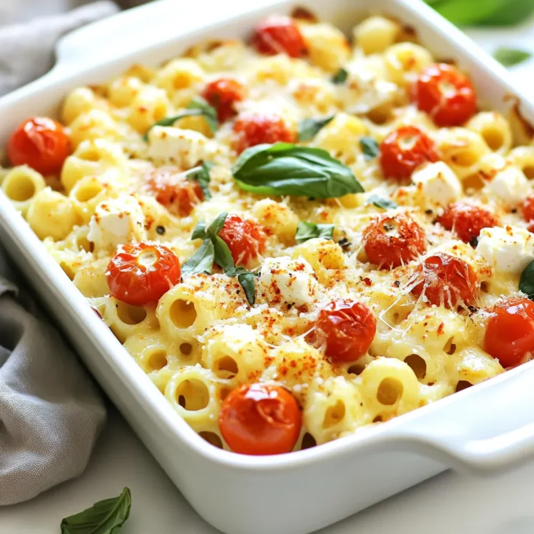 - 200g pasta (like penne or fusilli) - 200g block of feta cheese - 2 cups cherry tomatoes, halved - 4 cloves garlic, minced - 1/2 teaspoon red pepper flakes (optional) - 1/4 cup olive oil - Salt and black pepper to taste - Fresh basil leaves, for garnish - Grated Parmesan cheese, for serving Using good ingredients makes a big difference in flavor. Fresh cherry tomatoes burst with sweet juice. Quality feta cheese adds creamy richness. Olive oil enhances the dish with its smooth taste. Fresh garlic gives a punch of flavor, making each bite better. Don’t skimp on these items; they make the dish shine. If you can't find feta, try goat cheese. It will still taste great. Use any pasta shape you like, but penne or fusilli work best. For garlic fans, add more cloves for extra flavor. If you want a kick, increase the red pepper flakes. Don't have fresh basil? Use dried basil or parsley instead. Adjust based on what you have at home! {{ingredient_image_1}} Start by gathering all your ingredients. You need: - 200g pasta (penne or fusilli works best) - 200g block of feta cheese - 2 cups cherry tomatoes, halved - 4 cloves garlic, minced - 1/2 teaspoon red pepper flakes (optional) - 1/4 cup olive oil - Salt and black pepper to taste - Fresh basil leaves, for garnish - Grated Parmesan cheese, for serving Wash the cherry tomatoes and slice them in half. Mince the garlic and set it aside. Preheat your oven to 400°F (200°C) so it’s hot when you’re ready to bake. In a large baking dish, mix the halved tomatoes, minced garlic, red pepper flakes, olive oil, salt, and black pepper. Toss everything well to coat the tomatoes. Next, make a space in the center of the dish for the feta. Place the block of feta cheese there. Drizzle a bit more olive oil on top of the feta. Season it lightly with salt and pepper. Now, put the dish in the oven and bake for about 30 minutes. You want the tomatoes to burst and caramelize while the feta gets soft and golden. This will create a rich and creamy base for your pasta. While the feta and tomatoes bake, cook your pasta. Boil water in a pot and add a pinch of salt. Once the water is boiling, add the pasta. Follow the package instructions for cooking time. You want the pasta to be al dente. Before draining, reserve 1/2 cup of the pasta water. This starchy water will help you adjust the sauce later. Drain the pasta once it’s cooked, and set it aside. When the feta and tomatoes finish baking, take them out of the oven. Use a fork to mash the feta into the tomatoes. This will create a creamy sauce. Add the cooked pasta to the baking dish and toss everything together. If the sauce is too thick, pour in a little reserved pasta water at a time until it reaches your desired creaminess. To make the sauce rich and creamy, start with high-quality feta. The creaminess comes from mashing the baked feta with tomatoes. Use a fork to mix them well. If the sauce is too thick, add some of the reserved pasta water. This will help it become silky smooth. If you like heat, add more red pepper flakes. Start with just a pinch if you prefer mild flavors. You can always sprinkle more on top when serving. For a unique twist, try adding a splash of lemon juice to brighten the dish. Serve your baked feta pasta warm, topped with fresh basil leaves. A sprinkle of grated Parmesan cheese adds extra flavor. Pair it with a light salad or crusty bread for a complete meal. Don't forget to share your delicious creation with friends and family! Pro Tips Use Fresh Ingredients: Fresh cherry tomatoes and high-quality feta cheese make a significant difference in flavor. Opt for in-season tomatoes for the best taste. Adjust the Spice Level: If you prefer a milder dish, omit the red pepper flakes or use less. You can always add more spice later if desired. Experiment with Herbs: While basil is a classic garnish, try adding fresh oregano or thyme for additional flavor. You can also mix dried herbs into the pasta for an extra punch. Save Leftovers Wisely: Store any leftovers in an airtight container in the fridge. Reheat gently on the stove with a splash of water to restore creaminess. {{image_2}} You can make baked feta pasta even better by adding vegetables. Try using spinach, zucchini, or bell peppers. Just chop them up and mix them with the tomatoes. This gives you more flavor and nutrition. Roasting the veggies with the tomatoes enhances their taste. You can add any vegetable you like to make it your own. Want to make your dish heartier? Add protein! Grilled chicken, shrimp, or chickpeas work great. Simply cook the protein separately and mix it in before serving. This adds a nice texture and makes the meal more filling. You can even use leftover meats to save time. Feta isn’t the only cheese you can use. Try goat cheese or ricotta for a different taste. Both melt well and add creaminess to the dish. If you want a sharper flavor, use Parmesan instead. Each cheese brings its own special twist, so feel free to experiment. Mixing cheeses can also add depth to your sauce. After you enjoy your baked feta pasta, store leftovers in an airtight container. Let the dish cool down first. Place it in the fridge for up to three days. If you want to keep it longer, consider freezing instead. To reheat, use the oven for the best results. Preheat the oven to 350°F (175°C). Place the pasta in a baking dish and cover it with foil. Heat for about 15-20 minutes. You can also use the microwave. Place a serving in a bowl and heat in 30-second intervals until warm. You can freeze baked feta pasta for up to three months. Make sure it cools first, then put it in a freezer-safe container. When you are ready to eat, thaw it in the fridge overnight. Reheat as mentioned above. The pasta will still taste great! You can use any short pasta, like penne or fusilli. These shapes hold the sauce well. The ridges help catch the creamy feta and tomatoes. I prefer penne for its perfect bite. Fusilli also works great with its twists and turns. Yes! You can swap feta for goat cheese or ricotta. Each cheese gives a unique flavor. Goat cheese adds tanginess, while ricotta offers a milder taste. Just remember to adjust the baking time if you choose a softer cheese. To make this dish gluten-free, use gluten-free pasta. Many brands offer great options that taste good. Be sure to check the packaging for quality. You can also use zucchini noodles for a lighter twist on the dish. Absolutely! You can prep the ingredients ahead of time. Assemble the tomatoes, garlic, and feta in a dish. Store it in the fridge until you are ready to bake. Just cook the pasta fresh when you’re ready to enjoy your meal. In this post, we explored the best ingredients for baked feta pasta, focusing on quality and substitutions. I shared step-by-step instructions for prepping, baking, and cooking. You learned tips for a creamy sauce, spice adjustments, and serving ideas. We discussed variations to add more veggies, proteins, and cheese options. Finally, I covered how to store and reheat leftovers. Take these insights to create a delicious, personalized dish. Your kitchen adventures can always offer something new and tasty!