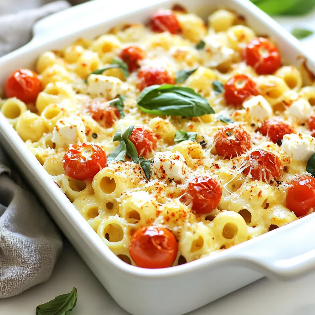 - 200g pasta (like penne or fusilli) - 200g block of feta cheese - 2 cups cherry tomatoes, halved - 4 cloves garlic, minced - 1/2 teaspoon red pepper flakes (optional) - 1/4 cup olive oil - Salt and black pepper to taste - Fresh basil leaves, for garnish - Grated Parmesan cheese, for serving Using good ingredients makes a big difference in flavor. Fresh cherry tomatoes burst with sweet juice. Quality feta cheese adds creamy richness. Olive oil enhances the dish with its smooth taste. Fresh garlic gives a punch of flavor, making each bite better. Don’t skimp on these items; they make the dish shine. If you can't find feta, try goat cheese. It will still taste great. Use any pasta shape you like, but penne or fusilli work best. For garlic fans, add more cloves for extra flavor. If you want a kick, increase the red pepper flakes. Don't have fresh basil? Use dried basil or parsley instead. Adjust based on what you have at home! {{ingredient_image_1}} Start by gathering all your ingredients. You need: - 200g pasta (penne or fusilli works best) - 200g block of feta cheese - 2 cups cherry tomatoes, halved - 4 cloves garlic, minced - 1/2 teaspoon red pepper flakes (optional) - 1/4 cup olive oil - Salt and black pepper to taste - Fresh basil leaves, for garnish - Grated Parmesan cheese, for serving Wash the cherry tomatoes and slice them in half. Mince the garlic and set it aside. Preheat your oven to 400°F (200°C) so it’s hot when you’re ready to bake. In a large baking dish, mix the halved tomatoes, minced garlic, red pepper flakes, olive oil, salt, and black pepper. Toss everything well to coat the tomatoes. Next, make a space in the center of the dish for the feta. Place the block of feta cheese there. Drizzle a bit more olive oil on top of the feta. Season it lightly with salt and pepper. Now, put the dish in the oven and bake for about 30 minutes. You want the tomatoes to burst and caramelize while the feta gets soft and golden. This will create a rich and creamy base for your pasta. While the feta and tomatoes bake, cook your pasta. Boil water in a pot and add a pinch of salt. Once the water is boiling, add the pasta. Follow the package instructions for cooking time. You want the pasta to be al dente. Before draining, reserve 1/2 cup of the pasta water. This starchy water will help you adjust the sauce later. Drain the pasta once it’s cooked, and set it aside. When the feta and tomatoes finish baking, take them out of the oven. Use a fork to mash the feta into the tomatoes. This will create a creamy sauce. Add the cooked pasta to the baking dish and toss everything together. If the sauce is too thick, pour in a little reserved pasta water at a time until it reaches your desired creaminess. To make the sauce rich and creamy, start with high-quality feta. The creaminess comes from mashing the baked feta with tomatoes. Use a fork to mix them well. If the sauce is too thick, add some of the reserved pasta water. This will help it become silky smooth. If you like heat, add more red pepper flakes. Start with just a pinch if you prefer mild flavors. You can always sprinkle more on top when serving. For a unique twist, try adding a splash of lemon juice to brighten the dish. Serve your baked feta pasta warm, topped with fresh basil leaves. A sprinkle of grated Parmesan cheese adds extra flavor. Pair it with a light salad or crusty bread for a complete meal. Don't forget to share your delicious creation with friends and family! Pro Tips Use Fresh Ingredients: Fresh cherry tomatoes and high-quality feta cheese make a significant difference in flavor. Opt for in-season tomatoes for the best taste. Adjust the Spice Level: If you prefer a milder dish, omit the red pepper flakes or use less. You can always add more spice later if desired. Experiment with Herbs: While basil is a classic garnish, try adding fresh oregano or thyme for additional flavor. You can also mix dried herbs into the pasta for an extra punch. Save Leftovers Wisely: Store any leftovers in an airtight container in the fridge. Reheat gently on the stove with a splash of water to restore creaminess. {{image_2}} You can make baked feta pasta even better by adding vegetables. Try using spinach, zucchini, or bell peppers. Just chop them up and mix them with the tomatoes. This gives you more flavor and nutrition. Roasting the veggies with the tomatoes enhances their taste. You can add any vegetable you like to make it your own. Want to make your dish heartier? Add protein! Grilled chicken, shrimp, or chickpeas work great. Simply cook the protein separately and mix it in before serving. This adds a nice texture and makes the meal more filling. You can even use leftover meats to save time. Feta isn’t the only cheese you can use. Try goat cheese or ricotta for a different taste. Both melt well and add creaminess to the dish. If you want a sharper flavor, use Parmesan instead. Each cheese brings its own special twist, so feel free to experiment. Mixing cheeses can also add depth to your sauce. After you enjoy your baked feta pasta, store leftovers in an airtight container. Let the dish cool down first. Place it in the fridge for up to three days. If you want to keep it longer, consider freezing instead. To reheat, use the oven for the best results. Preheat the oven to 350°F (175°C). Place the pasta in a baking dish and cover it with foil. Heat for about 15-20 minutes. You can also use the microwave. Place a serving in a bowl and heat in 30-second intervals until warm. You can freeze baked feta pasta for up to three months. Make sure it cools first, then put it in a freezer-safe container. When you are ready to eat, thaw it in the fridge overnight. Reheat as mentioned above. The pasta will still taste great! You can use any short pasta, like penne or fusilli. These shapes hold the sauce well. The ridges help catch the creamy feta and tomatoes. I prefer penne for its perfect bite. Fusilli also works great with its twists and turns. Yes! You can swap feta for goat cheese or ricotta. Each cheese gives a unique flavor. Goat cheese adds tanginess, while ricotta offers a milder taste. Just remember to adjust the baking time if you choose a softer cheese. To make this dish gluten-free, use gluten-free pasta. Many brands offer great options that taste good. Be sure to check the packaging for quality. You can also use zucchini noodles for a lighter twist on the dish. Absolutely! You can prep the ingredients ahead of time. Assemble the tomatoes, garlic, and feta in a dish. Store it in the fridge until you are ready to bake. Just cook the pasta fresh when you’re ready to enjoy your meal. In this post, we explored the best ingredients for baked feta pasta, focusing on quality and substitutions. I shared step-by-step instructions for prepping, baking, and cooking. You learned tips for a creamy sauce, spice adjustments, and serving ideas. We discussed variations to add more veggies, proteins, and cheese options. Finally, I covered how to store and reheat leftovers. Take these insights to create a delicious, personalized dish. Your kitchen adventures can always offer something new and tasty!