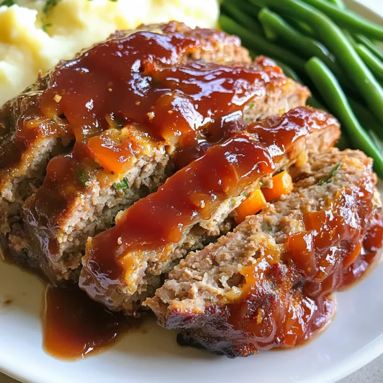 To make a great meatloaf, you need these main ingredients: - 1 ½ lbs ground beef (80% lean) - 1 cup breadcrumbs (preferably whole wheat) - 1/2 cup grated Parmesan cheese - 1 medium onion, finely chopped - 2 cloves garlic, minced - 1 cup shredded carrots - 1/2 cup milk - 1 large egg, beaten - 2 tablespoons Worcestershire sauce - 1 teaspoon dried thyme - 1 teaspoon dried oregano - 1 teaspoon salt - 1/2 teaspoon black pepper These key ingredients create a moist and flavorful meatloaf. The ground beef gives it richness, while the breadcrumbs help bind it together. The Parmesan adds depth, and the veggies make it colorful and healthy. You can add some fun flavors with these optional ingredients: - 1/2 cup chopped bell peppers - 1/4 cup chopped fresh parsley - 1/4 cup grated cheese (like cheddar) These add-ins let you put your spin on the meatloaf. Bell peppers add sweetness, while parsley brings freshness. Grated cheese can make it even creamier and tasty. The topping is just as important. You will need: - 1 cup ketchup - 2 tablespoons brown sugar - 1 tablespoon balsamic vinegar This sweet and tangy glaze gives your meatloaf a nice finish. The ketchup keeps it moist, while the brown sugar adds a hint of caramel. The balsamic vinegar brings a nice zing to the flavor. {{ingredient_image_1}} Start by preheating your oven to 350°F (175°C). This helps the meatloaf cook evenly. Gather your ingredients in one place. You need ground beef, breadcrumbs, Parmesan, onion, garlic, carrots, milk, egg, Worcestershire sauce, thyme, oregano, salt, and pepper. In a large bowl, mix the ground beef, breadcrumbs, grated Parmesan, chopped onion, minced garlic, and shredded carrots. Use your hands to blend them well. In another bowl, whisk the milk, beaten egg, Worcestershire sauce, thyme, oregano, salt, and black pepper. Pour this wet mix into the meat mixture. Combine gently but avoid overmixing. This keeps your meatloaf tender. Transfer the meat mixture into a loaf pan. Shape it into a loaf. In a small bowl, mix ketchup, brown sugar, and balsamic vinegar. Spread this glaze on top of your meatloaf. Bake it for one hour, or until it reaches 160°F (70°C). After baking, let it rest for ten minutes before slicing. Enjoy it with mashed potatoes and green beans for a homestyle meal. To keep your meatloaf moist, use 80% lean ground beef. This fat helps add flavor. Mixed in vegetables like carrots and onions also add moisture. Make sure to combine the ingredients gently. Overmixing can make your meatloaf tough. One common mistake is not measuring the ingredients. Too many breadcrumbs can dry it out. Another mistake is cooking at too high a temperature. Always bake at 350°F (175°C) for even cooking. Lastly, don't skip the resting time after baking. This step helps keep the juices in. You can boost flavors by adding spices or herbs. Try a pinch of smoked paprika for a smoky taste. You can also add chopped bell peppers or mushrooms for extra flavor. For a sweet touch, mix in a tablespoon of barbecue sauce. Don't be afraid to experiment! Pro Tips Use lean ground beef: Opt for 80% lean ground beef to ensure the meatloaf remains juicy without being overly greasy. Don’t overmix: Gently combine the ingredients to avoid a dense texture; overmixing can lead to a tough meatloaf. Let it rest: Allow the meatloaf to rest for 10 minutes after baking; this helps the juices redistribute for a more flavorful slice. Customize your toppings: Feel free to add your favorite toppings or glazes; variations like barbecue sauce or honey mustard can add a unique twist. {{image_2}} You can easily make this meatloaf gluten-free. Use gluten-free breadcrumbs instead of regular ones. Many stores offer good options. Just check the label to be sure. Adding veggies is a great idea. You can mix in chopped spinach, bell peppers, or zucchini. Shredded vegetables keep the meatloaf moist. They also add color and nutrition. Kids often enjoy the taste without even knowing! You can change the flavors to suit your taste. Swap Worcestershire sauce for soy sauce for a bolder flavor. Add some smoked paprika for a sweet and smoky twist. Or, mix in fresh herbs like parsley or basil for brightness. The options are endless! To store your meatloaf, let it cool first. Wrap it tightly in plastic wrap or foil. This keeps it moist and fresh. Place it in the fridge. It will stay good for up to four days. Always check for any off smells before you eat. If it smells funny, throw it away. Freezing meatloaf is easy. Start by slicing it into pieces. This makes it easier to thaw later. Wrap each slice in plastic wrap. Then, place them in a freezer bag. Remove as much air as you can. Label the bag with the date. You can freeze meatloaf for up to three months. When you're ready to eat, just thaw it overnight in the fridge. To reheat, preheat your oven to 350°F (175°C). Place the slices on a baking sheet. Cover them with foil to keep them moist. Heat for about 20 minutes. You can also use the microwave. Put a slice on a microwave-safe plate. Heat for one to two minutes. Check that it is hot all the way through. Enjoy your tasty meatloaf! Check the internal temperature with a meat thermometer. It should read 160°F (70°C). If you don’t have a thermometer, cut into the center. The meat should not be pink, and juices should run clear. Rest the meatloaf for 10 minutes after baking. This helps it stay juicy and easy to slice. Yes, you can use ground turkey. It will create a lighter meatloaf. Keep in mind that turkey is leaner than beef. You may want to add a bit more moisture, like extra milk or some olive oil, to keep it juicy. Serve your meatloaf with mashed potatoes and steamed green beans. These sides balance the meal and make it filling. You can also add a fresh salad or roasted vegetables for extra color and nutrients. You can store leftover meatloaf in the fridge for 3 to 4 days. Wrap it well in plastic wrap or place it in an airtight container. This keeps it fresh and ready for quick meals. Yes! You can prepare the meatloaf mixture a day before. Store it in the fridge until you are ready to bake. This can save time and makes for a simple dinner. Just shape and bake it when you are ready. In this blog post, we explored how to make a tasty meatloaf with simple steps. You learned about key ingredients, helpful tips, and how to avoid common mistakes. We also covered variations and storage methods, ensuring your meatloaf stays fresh. Remember, you can add your own twist to this dish. Keep experimenting with flavors and enjoy creating your perfect meatloaf for any meal. Happy cooking!