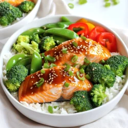 - 4 salmon fillets - 1 cup teriyaki sauce - 2 cups broccoli florets - 1 red bell pepper, sliced - 1 cup snap peas - 2 cups cooked jasmine rice - 2 tablespoons sesame oil - 2-3 green onions, chopped - 1 tablespoon sesame seeds - Salt and pepper to taste The main ingredients for your teriyaki salmon bowls are simple. Fresh salmon is key. It provides rich flavor and healthy fats. The teriyaki sauce adds a sweet and savory touch. You can use store-bought sauce or make your own. Next, we have the veggies. Broccoli florets give crunch and color. The red bell pepper adds sweetness. Snap peas are also a great choice. They are crisp and fresh. Together, these veggies make the dish bright and tasty. Don't forget the jasmine rice! It serves as a soft base for your bowl. Cooking it right makes a big difference. For seasoning, sesame oil is a must. It adds nutty flavor and depth. Green onions and sesame seeds are perfect for garnish. They enhance both taste and look. Salt and pepper are essentials for balance. Overall, these ingredients come together for a delicious meal. You will love how easy and fun it is to prepare! 1. Preheat your oven to 400°F (200°C). This heat is perfect for cooking salmon and veggies. 2. In a small bowl, mix the teriyaki sauce with 1 tablespoon of sesame oil. This adds rich flavor. Set aside half of this sauce for later. 3. On a large sheet pan lined with parchment paper, place the salmon fillets. Brush them well with the teriyaki sauce mixture. This step helps keep the salmon moist. 4. In a separate bowl, toss the broccoli florets, sliced red bell pepper, and snap peas. Drizzle with the remaining tablespoon of sesame oil. Season with salt and pepper. 5. Arrange the seasoned vegetables around the salmon on the sheet pan. Make sure they spread out for even cooking. 6. Bake in the preheated oven for 12-15 minutes. Check if the salmon flakes easily with a fork. The veggies should be tender but still crisp. 7. While the salmon and vegetables bake, cook jasmine rice according to package instructions. This rice adds a nice touch to the dish. 8. Once cooked, divide the rice into bowls. Top each bowl with a salmon fillet and the roasted veggies. Drizzle with the reserved teriyaki sauce. 9. Garnish with chopped green onions and a sprinkle of sesame seeds. This final touch makes your dish look great and adds flavor. For the best flavor, marinate the salmon for at least 30 minutes. This allows the teriyaki sauce to soak in. You can marinate for up to 2 hours if you want a bolder taste. To enhance the flavor, add minced garlic or ginger to the marinade. A splash of lime juice also brightens the dish. Tracking the cooking time is key. Bake the salmon for 12-15 minutes. It should flake easily when done. Overcooking can make it dry. For the veggies, check for a tender-crisp texture. They should have a little bite left. If you prefer softer veggies, leave them in the oven for an extra minute. Garnishing makes a big difference in the look of your dish. Sprinkle sesame seeds on top for crunch. Add chopped green onions for color and flavor. For plating, use deep bowls to hold the rice and salmon. Arrange the vegetables around the salmon for a beautiful display. Drizzle the reserved teriyaki sauce for that finishing touch. {{image_2}} You can easily change the vegetables in your teriyaki salmon bowls. If you don’t have broccoli, try using asparagus or green beans. Carrots and zucchini also make great choices. Fresh seasonal veggies add fun flavors and colors. Mix and match to find what you like best! While teriyaki sauce is tasty, you can try other sauces too. A sweet chili sauce brings a nice kick. Soy sauce or hoisin sauce work well for a different taste. Want to spice things up? Add a dash of sriracha or a sprinkle of chili flakes. You can even make your own sauce for a unique twist! You can swap salmon for chicken or tofu. If using chicken, cook until it reaches 165°F. Tofu needs a little more time but gives a great texture. Make sure to adjust the cooking time based on your protein. Whether you choose fish, meat, or plant-based, you’ll still enjoy a delicious meal! To store your teriyaki salmon bowls, let them cool first. Place the salmon and veggies in an airtight container. Make sure to keep the rice separate for best taste. This helps keep it from getting soggy. When stored this way, your teriyaki salmon bowls last about three days in the fridge. Always check for any off smells or changes in texture before eating leftovers. You can freeze the salmon and veggies for later use. Wrap each salmon fillet tightly in plastic wrap, then place it in a freezer bag. For the veggies, use a freezer-safe container. To thaw, move the salmon to the fridge overnight. Reheat the salmon and veggies in the oven at 350°F (175°C) until warmed through. This keeps them tasting fresh and delicious. To make weeknight dinners easy, prep your ingredients ahead of time. Chop the vegetables and marinate the salmon a day before. Store everything in separate containers. When it's time to cook, you can throw everything on the sheet pan and bake. This saves time and stress during busy nights, making dinner a breeze! I recommend jasmine rice for teriyaki salmon bowls. It cooks up fluffy and has a subtle floral scent. Other options include brown rice or sushi rice. Both can add different textures and flavors to your dish. Yes, you can make this recipe gluten-free. Use a gluten-free teriyaki sauce. Many brands offer gluten-free options. Always check the label to be sure. Also, ensure your sesame oil is gluten-free. You can marinate the salmon for 30 minutes to 2 hours. Marinating too long can make the fish too salty. A shorter time still adds great flavor. Just be sure to keep it in the fridge while marinating. Yes, frozen vegetables work well in this recipe. They are quick and easy to use. Just toss them with sesame oil before roasting. They may need a minute or two longer in the oven to cook through. Absolutely! You can grill or pan-sear the salmon if you prefer. Cooking times may vary, so keep an eye on your salmon. For stir-frying, cook the salmon and veggies separately for best results. In this blog post, we covered a tasty recipe for teriyaki salmon bowls. You learned about key ingredients like salmon, vegetables, and rice. We also discussed preparation, cooking, and serving steps to create delicious bowls. Tips for marinating, cooking, and presenting your dish can enhance your meal. Remember to explore variations with different veggies or sauces. With proper storage and meal prep ideas, you can enjoy this dish throughout the week. Now, you can make a flavorful meal that's easy and fun!
