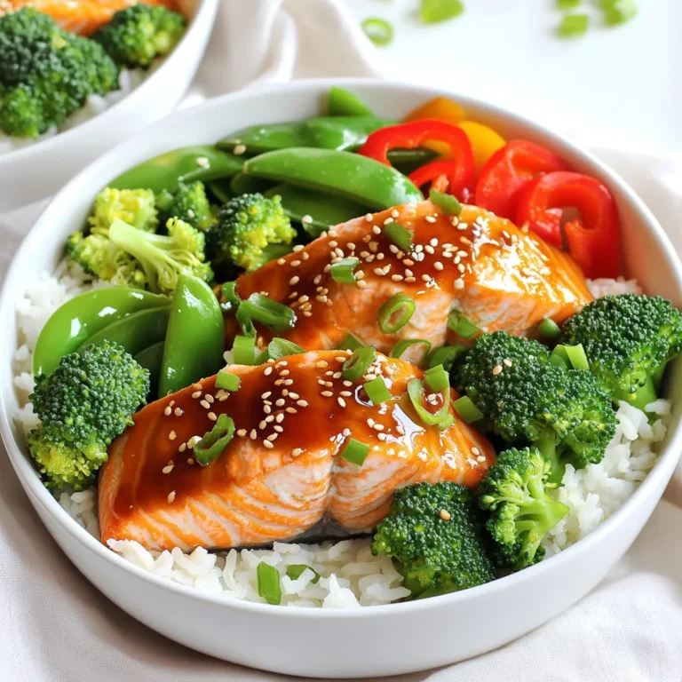 - 4 salmon fillets - 1 cup teriyaki sauce - 2 cups broccoli florets - 1 red bell pepper, sliced - 1 cup snap peas - 2 cups cooked jasmine rice - 2 tablespoons sesame oil - 2-3 green onions, chopped - 1 tablespoon sesame seeds - Salt and pepper to taste The main ingredients for your teriyaki salmon bowls are simple. Fresh salmon is key. It provides rich flavor and healthy fats. The teriyaki sauce adds a sweet and savory touch. You can use store-bought sauce or make your own. Next, we have the veggies. Broccoli florets give crunch and color. The red bell pepper adds sweetness. Snap peas are also a great choice. They are crisp and fresh. Together, these veggies make the dish bright and tasty. Don't forget the jasmine rice! It serves as a soft base for your bowl. Cooking it right makes a big difference. For seasoning, sesame oil is a must. It adds nutty flavor and depth. Green onions and sesame seeds are perfect for garnish. They enhance both taste and look. Salt and pepper are essentials for balance. Overall, these ingredients come together for a delicious meal. You will love how easy and fun it is to prepare! 1. Preheat your oven to 400°F (200°C). This heat is perfect for cooking salmon and veggies. 2. In a small bowl, mix the teriyaki sauce with 1 tablespoon of sesame oil. This adds rich flavor. Set aside half of this sauce for later. 3. On a large sheet pan lined with parchment paper, place the salmon fillets. Brush them well with the teriyaki sauce mixture. This step helps keep the salmon moist. 4. In a separate bowl, toss the broccoli florets, sliced red bell pepper, and snap peas. Drizzle with the remaining tablespoon of sesame oil. Season with salt and pepper. 5. Arrange the seasoned vegetables around the salmon on the sheet pan. Make sure they spread out for even cooking. 6. Bake in the preheated oven for 12-15 minutes. Check if the salmon flakes easily with a fork. The veggies should be tender but still crisp. 7. While the salmon and vegetables bake, cook jasmine rice according to package instructions. This rice adds a nice touch to the dish. 8. Once cooked, divide the rice into bowls. Top each bowl with a salmon fillet and the roasted veggies. Drizzle with the reserved teriyaki sauce. 9. Garnish with chopped green onions and a sprinkle of sesame seeds. This final touch makes your dish look great and adds flavor. For the best flavor, marinate the salmon for at least 30 minutes. This allows the teriyaki sauce to soak in. You can marinate for up to 2 hours if you want a bolder taste. To enhance the flavor, add minced garlic or ginger to the marinade. A splash of lime juice also brightens the dish. Tracking the cooking time is key. Bake the salmon for 12-15 minutes. It should flake easily when done. Overcooking can make it dry. For the veggies, check for a tender-crisp texture. They should have a little bite left. If you prefer softer veggies, leave them in the oven for an extra minute. Garnishing makes a big difference in the look of your dish. Sprinkle sesame seeds on top for crunch. Add chopped green onions for color and flavor. For plating, use deep bowls to hold the rice and salmon. Arrange the vegetables around the salmon for a beautiful display. Drizzle the reserved teriyaki sauce for that finishing touch. {{image_2}} You can easily change the vegetables in your teriyaki salmon bowls. If you don’t have broccoli, try using asparagus or green beans. Carrots and zucchini also make great choices. Fresh seasonal veggies add fun flavors and colors. Mix and match to find what you like best! While teriyaki sauce is tasty, you can try other sauces too. A sweet chili sauce brings a nice kick. Soy sauce or hoisin sauce work well for a different taste. Want to spice things up? Add a dash of sriracha or a sprinkle of chili flakes. You can even make your own sauce for a unique twist! You can swap salmon for chicken or tofu. If using chicken, cook until it reaches 165°F. Tofu needs a little more time but gives a great texture. Make sure to adjust the cooking time based on your protein. Whether you choose fish, meat, or plant-based, you’ll still enjoy a delicious meal! To store your teriyaki salmon bowls, let them cool first. Place the salmon and veggies in an airtight container. Make sure to keep the rice separate for best taste. This helps keep it from getting soggy. When stored this way, your teriyaki salmon bowls last about three days in the fridge. Always check for any off smells or changes in texture before eating leftovers. You can freeze the salmon and veggies for later use. Wrap each salmon fillet tightly in plastic wrap, then place it in a freezer bag. For the veggies, use a freezer-safe container. To thaw, move the salmon to the fridge overnight. Reheat the salmon and veggies in the oven at 350°F (175°C) until warmed through. This keeps them tasting fresh and delicious. To make weeknight dinners easy, prep your ingredients ahead of time. Chop the vegetables and marinate the salmon a day before. Store everything in separate containers. When it's time to cook, you can throw everything on the sheet pan and bake. This saves time and stress during busy nights, making dinner a breeze! I recommend jasmine rice for teriyaki salmon bowls. It cooks up fluffy and has a subtle floral scent. Other options include brown rice or sushi rice. Both can add different textures and flavors to your dish. Yes, you can make this recipe gluten-free. Use a gluten-free teriyaki sauce. Many brands offer gluten-free options. Always check the label to be sure. Also, ensure your sesame oil is gluten-free. You can marinate the salmon for 30 minutes to 2 hours. Marinating too long can make the fish too salty. A shorter time still adds great flavor. Just be sure to keep it in the fridge while marinating. Yes, frozen vegetables work well in this recipe. They are quick and easy to use. Just toss them with sesame oil before roasting. They may need a minute or two longer in the oven to cook through. Absolutely! You can grill or pan-sear the salmon if you prefer. Cooking times may vary, so keep an eye on your salmon. For stir-frying, cook the salmon and veggies separately for best results. In this blog post, we covered a tasty recipe for teriyaki salmon bowls. You learned about key ingredients like salmon, vegetables, and rice. We also discussed preparation, cooking, and serving steps to create delicious bowls. Tips for marinating, cooking, and presenting your dish can enhance your meal. Remember to explore variations with different veggies or sauces. With proper storage and meal prep ideas, you can enjoy this dish throughout the week. Now, you can make a flavorful meal that's easy and fun!