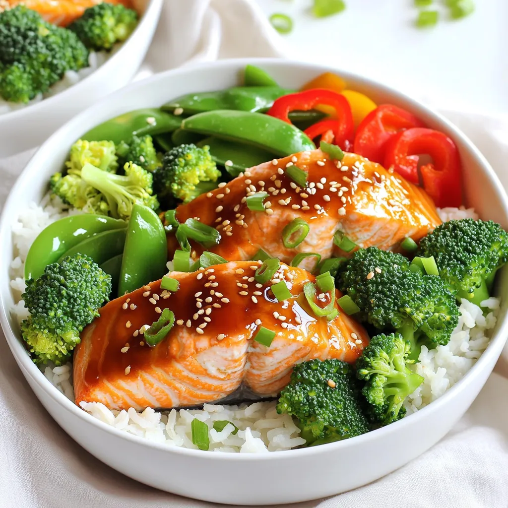 - 4 salmon fillets - 1 cup teriyaki sauce - 2 cups broccoli florets - 1 red bell pepper, sliced - 1 cup snap peas - 2 cups cooked jasmine rice - 2 tablespoons sesame oil - 2-3 green onions, chopped - 1 tablespoon sesame seeds - Salt and pepper to taste The main ingredients for your teriyaki salmon bowls are simple. Fresh salmon is key. It provides rich flavor and healthy fats. The teriyaki sauce adds a sweet and savory touch. You can use store-bought sauce or make your own. Next, we have the veggies. Broccoli florets give crunch and color. The red bell pepper adds sweetness. Snap peas are also a great choice. They are crisp and fresh. Together, these veggies make the dish bright and tasty. Don't forget the jasmine rice! It serves as a soft base for your bowl. Cooking it right makes a big difference. For seasoning, sesame oil is a must. It adds nutty flavor and depth. Green onions and sesame seeds are perfect for garnish. They enhance both taste and look. Salt and pepper are essentials for balance. Overall, these ingredients come together for a delicious meal. You will love how easy and fun it is to prepare! 1. Preheat your oven to 400°F (200°C). This heat is perfect for cooking salmon and veggies. 2. In a small bowl, mix the teriyaki sauce with 1 tablespoon of sesame oil. This adds rich flavor. Set aside half of this sauce for later. 3. On a large sheet pan lined with parchment paper, place the salmon fillets. Brush them well with the teriyaki sauce mixture. This step helps keep the salmon moist. 4. In a separate bowl, toss the broccoli florets, sliced red bell pepper, and snap peas. Drizzle with the remaining tablespoon of sesame oil. Season with salt and pepper. 5. Arrange the seasoned vegetables around the salmon on the sheet pan. Make sure they spread out for even cooking. 6. Bake in the preheated oven for 12-15 minutes. Check if the salmon flakes easily with a fork. The veggies should be tender but still crisp. 7. While the salmon and vegetables bake, cook jasmine rice according to package instructions. This rice adds a nice touch to the dish. 8. Once cooked, divide the rice into bowls. Top each bowl with a salmon fillet and the roasted veggies. Drizzle with the reserved teriyaki sauce. 9. Garnish with chopped green onions and a sprinkle of sesame seeds. This final touch makes your dish look great and adds flavor. For the best flavor, marinate the salmon for at least 30 minutes. This allows the teriyaki sauce to soak in. You can marinate for up to 2 hours if you want a bolder taste. To enhance the flavor, add minced garlic or ginger to the marinade. A splash of lime juice also brightens the dish. Tracking the cooking time is key. Bake the salmon for 12-15 minutes. It should flake easily when done. Overcooking can make it dry. For the veggies, check for a tender-crisp texture. They should have a little bite left. If you prefer softer veggies, leave them in the oven for an extra minute. Garnishing makes a big difference in the look of your dish. Sprinkle sesame seeds on top for crunch. Add chopped green onions for color and flavor. For plating, use deep bowls to hold the rice and salmon. Arrange the vegetables around the salmon for a beautiful display. Drizzle the reserved teriyaki sauce for that finishing touch. {{image_2}} You can easily change the vegetables in your teriyaki salmon bowls. If you don’t have broccoli, try using asparagus or green beans. Carrots and zucchini also make great choices. Fresh seasonal veggies add fun flavors and colors. Mix and match to find what you like best! While teriyaki sauce is tasty, you can try other sauces too. A sweet chili sauce brings a nice kick. Soy sauce or hoisin sauce work well for a different taste. Want to spice things up? Add a dash of sriracha or a sprinkle of chili flakes. You can even make your own sauce for a unique twist! You can swap salmon for chicken or tofu. If using chicken, cook until it reaches 165°F. Tofu needs a little more time but gives a great texture. Make sure to adjust the cooking time based on your protein. Whether you choose fish, meat, or plant-based, you’ll still enjoy a delicious meal! To store your teriyaki salmon bowls, let them cool first. Place the salmon and veggies in an airtight container. Make sure to keep the rice separate for best taste. This helps keep it from getting soggy. When stored this way, your teriyaki salmon bowls last about three days in the fridge. Always check for any off smells or changes in texture before eating leftovers. You can freeze the salmon and veggies for later use. Wrap each salmon fillet tightly in plastic wrap, then place it in a freezer bag. For the veggies, use a freezer-safe container. To thaw, move the salmon to the fridge overnight. Reheat the salmon and veggies in the oven at 350°F (175°C) until warmed through. This keeps them tasting fresh and delicious. To make weeknight dinners easy, prep your ingredients ahead of time. Chop the vegetables and marinate the salmon a day before. Store everything in separate containers. When it's time to cook, you can throw everything on the sheet pan and bake. This saves time and stress during busy nights, making dinner a breeze! I recommend jasmine rice for teriyaki salmon bowls. It cooks up fluffy and has a subtle floral scent. Other options include brown rice or sushi rice. Both can add different textures and flavors to your dish. Yes, you can make this recipe gluten-free. Use a gluten-free teriyaki sauce. Many brands offer gluten-free options. Always check the label to be sure. Also, ensure your sesame oil is gluten-free. You can marinate the salmon for 30 minutes to 2 hours. Marinating too long can make the fish too salty. A shorter time still adds great flavor. Just be sure to keep it in the fridge while marinating. Yes, frozen vegetables work well in this recipe. They are quick and easy to use. Just toss them with sesame oil before roasting. They may need a minute or two longer in the oven to cook through. Absolutely! You can grill or pan-sear the salmon if you prefer. Cooking times may vary, so keep an eye on your salmon. For stir-frying, cook the salmon and veggies separately for best results. In this blog post, we covered a tasty recipe for teriyaki salmon bowls. You learned about key ingredients like salmon, vegetables, and rice. We also discussed preparation, cooking, and serving steps to create delicious bowls. Tips for marinating, cooking, and presenting your dish can enhance your meal. Remember to explore variations with different veggies or sauces. With proper storage and meal prep ideas, you can enjoy this dish throughout the week. Now, you can make a flavorful meal that's easy and fun!
