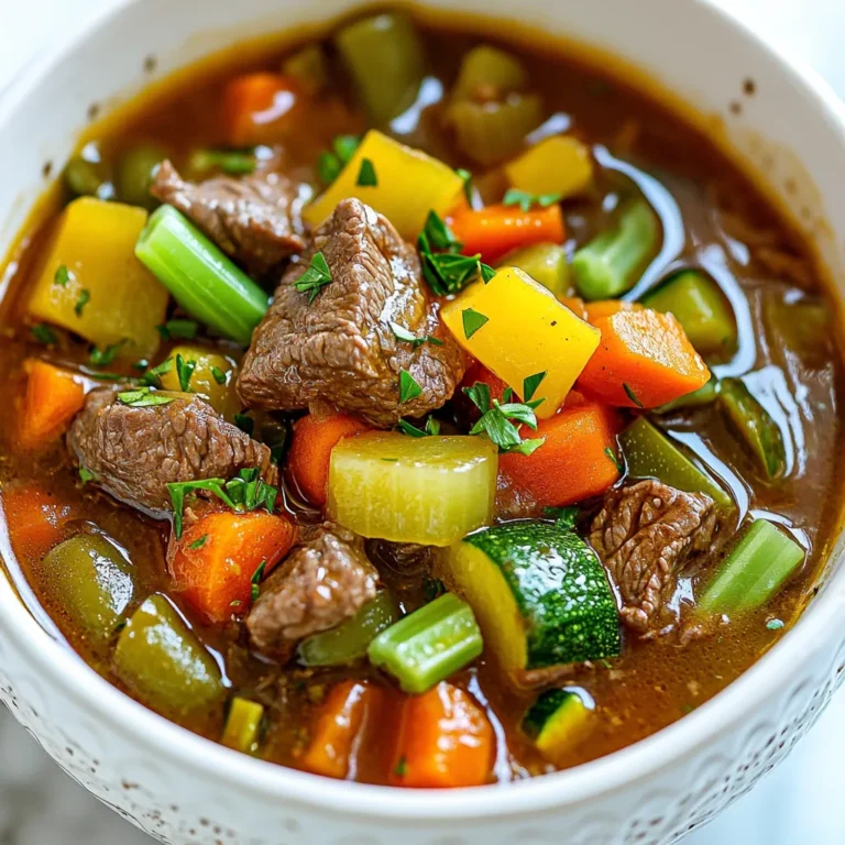 - 1 lb lean beef stew meat, cut into cubes - 1 tablespoon olive oil - 1 large onion, chopped - 3 cloves garlic, minced - 2 carrots, diced - 2 stalks celery, diced - 1 red bell pepper, diced - 1 cup green beans, trimmed and chopped - 1 zucchini, diced - 4 cups beef broth - 1 cup diced tomatoes, canned or fresh - 1 teaspoon dried thyme - 1 teaspoon dried oregano - Salt and pepper to taste - Fresh parsley, chopped for garnish Using fresh and quality ingredients makes a big difference in flavor. I love using lean beef stew meat. It cooks well and adds rich taste. Olive oil helps to start the dish with a nice base. The vegetables bring color and health to the soup. Onions and garlic give great aroma. Carrots and celery add crunch. Red bell pepper brightens the mix, while green beans and zucchini offer a lovely texture. Beef broth is key for depth of flavor. I prefer low-sodium options to control salt. Diced tomatoes add sweetness and acidity. Herbs like thyme and oregano enhance the soup's heartiness. Lastly, fresh parsley tops it off with a burst of color and freshness. Don't rush your ingredient choices. Each one plays a part in making this soup a warm and comforting meal. {{ingredient_image_1}} Searing the Beef Start by heating olive oil in a large pot over medium heat. Add the beef cubes, making sure to season them with salt and pepper. Sear the beef for about 5 to 7 minutes. You want it to brown nicely on all sides. This step adds a lot of flavor to your soup. Sautéing the Vegetables Once the beef is browned, take it out of the pot and set it aside. In the same pot, add the chopped onion and garlic. Sauté for 2 to 3 minutes until the onion turns translucent. This adds great depth to the soup. Next, toss in the diced carrots, celery, and red bell pepper. Stir and cook for another 5 minutes. This step helps soften the veggies and brings out their natural sweetness. Simmering the Soup Now it’s time to bring everything together. Return the seared beef to the pot. Pour in the beef broth and add the diced tomatoes, thyme, and oregano. Bring the mix to a boil. Once it boils, reduce the heat to low. Cover the pot and let it simmer for 30 minutes. After that, add the green beans and zucchini, letting it simmer for another 15 to 20 minutes until all the veggies are tender. Total Cooking Time The entire process takes about 1 hour. This includes prep time, cooking, and simmering. Simmering Duration You will let the soup simmer for a total of 45 to 50 minutes. This ensures all the flavors blend well. How to Serve Ladle the hot soup into bowls. It’s best served warm. You can add a sprinkle of freshly chopped parsley on top for a nice touch. Presentation Tips To make your soup look even better, use a colorful bowl. A bright bowl can make your meal more inviting. You can also add slices of crusty bread on the side for a complete meal. Browning the Beef Start by heating olive oil in your pot. Add the beef stew meat and season it with salt and pepper. Let it cook without stirring for a few minutes. This helps create a nice crust. Browning adds flavor to the soup. Don't rush this step; it's worth the wait. Adjusting Seasonings After cooking, taste your soup before serving. You might need more salt or pepper. If you want extra flavor, add more thyme or oregano. Fresh herbs can also elevate the dish. A squeeze of lemon juice at the end can brighten the flavors, too. Using a Slow Cooker or Instant Pot If you're busy, use a slow cooker. Brown the beef first, then add all ingredients to the slow cooker. Set it on low for 6-8 hours. For an Instant Pot, brown the beef, then add vegetables and broth. Cook on high for 35 minutes. Both methods make the beef tender. Maintaining Vegetable Crispness To keep your veggies crisp, add them later in the cooking process. For instance, add the green beans and zucchini about 15-20 minutes before serving. This keeps them vibrant and crunchy. You want a nice contrast with the tender beef. Pro Tips Choose Quality Meat: Opt for lean cuts of beef to keep the soup healthier without sacrificing flavor. Prep Veggies Ahead: Chop all vegetables before starting to cook to streamline the cooking process and maintain a steady workflow. Enhance Flavor: For an extra depth of flavor, consider adding a splash of red wine or Worcestershire sauce when browning the beef. Storage Tips: This soup can be stored in the refrigerator for up to 3 days or frozen for up to 3 months, making it great for meal prep. {{image_2}} Alternative Proteins You can swap beef for chicken, turkey, or pork. Each option brings a unique flavor. For a leaner choice, try using ground turkey or chicken. If you want to make it plant-based, use lentils or chickpeas. These will add protein without any meat. Seasonal Vegetables Feel free to use any veggies you have on hand. In fall, add squash or pumpkin. In spring, try peas or asparagus. Using seasonal vegetables can make your soup fresh and vibrant. You can mix and match to suit your taste and what’s in season. Gluten-Free Options This soup is naturally gluten-free. Just make sure your broth does not contain gluten. Use gluten-free broth or make your own to ensure safety. Vegetarian/Vegan Alternatives For a vegetarian version, skip the beef and use vegetable broth. You can add more beans or tofu for protein. This still keeps the soup hearty and satisfying. Add extra spices to enhance the flavor. How do I store leftovers? After you finish your meal, pour any leftover soup into a clean container. Make sure the container has a lid. Let the soup cool down to room temperature. Then, cover it tightly and place it in the fridge. How long does it last? When stored properly, beef vegetable soup can last for about 3 to 4 days in the fridge. Always check for any signs of spoilage before eating. If it smells off or looks strange, toss it out. Can I freeze the soup? Yes, you can freeze beef vegetable soup! Pour the cooled soup into freezer-safe bags or containers. Leave some space at the top since the soup will expand when frozen. Seal the bags tightly to avoid freezer burn. How do I reheat it? To reheat frozen soup, let it thaw overnight in the fridge. You can also use the microwave or stovetop. If using the stovetop, warm it on low heat. Stir often to ensure it heats evenly. If the soup is too thick, add a splash of beef broth or water to thin it out. Beef vegetable soup can last about 3 to 4 days in the fridge. Store it in an airtight container to keep it fresh. If you want to keep it longer, freeze it. Frozen soup can last for up to 3 months. Yes, you can make this soup ahead of time. It tastes even better the next day. The flavors deepen as it sits. Just let it cool before you store it. Reheat it on the stove or in the microwave. You can serve many things with beef vegetable soup. A slice of crusty bread is perfect. You might also like a simple salad or some cheesy garlic toast. These sides add a nice touch to the meal. Yes, beef vegetable soup is healthy. It has lean beef and lots of colorful veggies. Each ingredient adds nutrients, fiber, and protein. This soup is a great way to enjoy a balanced meal in one bowl. This blog post covered making a delicious beef vegetable soup. We listed key ingredients and detailed clear steps for preparation. Cooking tips helped refine your skills, while variations opened up options for different tastes and diets. We also explored proper storage to keep your soup fresh. In closing, making this soup is easy and rewarding. Enjoy trying different ingredients and methods. You'll master it in no time!