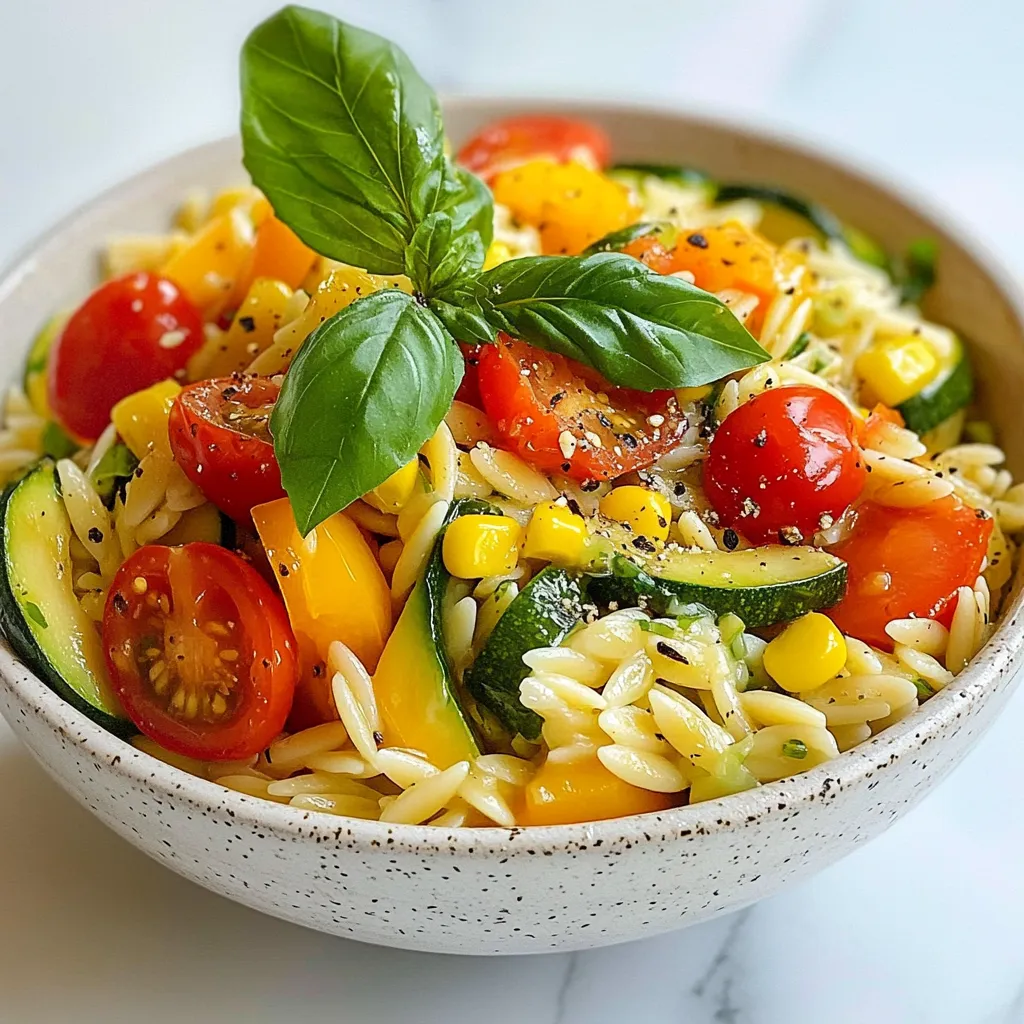 To make the veggie orzo, you need the following items: - Orzo pasta - Vegetable broth - Diced zucchini - Diced bell peppers - Halved cherry tomatoes - Corn kernels - Olive oil - Garlic powder - Salt and pepper - Grated parmesan cheese (optional) - Fresh basil leaves for garnish These ingredients come together to create a colorful and healthy meal. The orzo pasta is small and fun, making it great for kids. The vegetables add crunch and flavor. You can use fresh or frozen corn, depending on what you have. Olive oil helps cook the veggies and adds good fat. Garlic powder gives it a tasty kick without being too strong. If your kids love cheese, the parmesan cheese adds creaminess. Fresh basil leaves are not only pretty but also add a nice fresh taste. Each bite will be a mix of flavors that kids will love! {{ingredient_image_1}} To start, bring 2 cups of vegetable broth to a boil in a medium saucepan. This broth gives the orzo great flavor. Once it boils, add 1 cup of orzo pasta. Cook the orzo for about 8-10 minutes. You want it to be al dente, which means it should be firm to the bite. While the orzo cooks, heat 1 tablespoon of olive oil in a large skillet over medium heat. Once hot, add 1 cup of diced zucchini and 1 cup of diced bell peppers. Sauté these for about 4-5 minutes. You want them to be tender but still a bit crisp. Next, stir in 1 cup of halved cherry tomatoes and 1/2 cup of corn kernels. Cook for another 2-3 minutes until everything is warm. After the orzo is ready, drain any extra liquid. Add the orzo to the skillet with the veggies. Sprinkle in 1 teaspoon of garlic powder, along with salt and pepper to taste. Toss everything together until it combines well. If you like cheese, sprinkle 1/4 cup of grated parmesan on top and stir until it melts. Serve the veggie orzo warm, garnished with fresh basil leaves for a lovely touch. Enjoy your tasty meal! To make veggie orzo fun, presentation matters. Use bright plates to show off the colors. Create fun shapes with the veggies. You can even make a smiley face with the cherry tomatoes and zucchini! Kids love playful food. Involve your kids in cooking. Let them wash the veggies or measure the orzo. They can sprinkle the cheese on top. This makes them feel important and excited about the meal. Try different seasonings to change the taste. Add a pinch of paprika for a smoky kick. Mix in some Italian herbs for a fresh flavor. Kids can enjoy trying new tastes. For pickier eaters, cheese can be a great option. Use mozzarella for a mild flavor. You can also try cheddar for a stronger taste. Grated cheese makes the dish creamy and delicious. Adding more veggies boosts nutrition. Try spinach or peas for extra vitamins. You can even mix in broccoli for a crunchy bite. This makes the dish colorful and healthy. Consider alternative ingredients for health. Swap regular orzo with whole wheat for more fiber. You can use quinoa for protein. These options make the meal more nutritious and filling. Pro Tips Use Fresh Vegetables: Opt for fresh, seasonal vegetables for the best flavor and nutrition in your Veggie Orzo Fun Bowl. Customize Your Veggies: Feel free to substitute or add your favorite vegetables, such as spinach, carrots, or broccoli, to make the dish your own. Cook Orzo Al Dente: Make sure to cook the orzo just until al dente for the perfect texture that holds up well with the sautéed vegetables. Enhance with Herbs: Add a variety of fresh herbs like parsley or cilantro for an extra burst of flavor and freshness in your bowl. {{image_2}} You can boost your veggie orzo with protein. Here are two great options: - Adding cooked chicken: Simply dice cooked chicken and stir it into the orzo. This adds flavor and protein. You can use leftovers or rotisserie chicken for ease. - Incorporating beans or tofu: For a plant-based option, add black beans or chickpeas. They provide protein and fiber. You can also use cubed tofu for a hearty twist. The beauty of veggie orzo lies in its flexibility. You can swap vegetables based on what you have on hand: - Seasonal vegetable swaps: Try using asparagus in spring or butternut squash in fall. This keeps the dish fresh and tasty. - Using frozen vegetables: Frozen veggies are great for quick meals. They save time and still taste good. Just add them to the skillet with your other veggies. Not everyone loves orzo, and that’s okay! Here are some alternatives: - Using whole wheat or gluten-free orzo: Whole wheat adds fiber, while gluten-free options suit those with gluten allergies. Both are great choices! - Substituting with other pasta types: If you can’t find orzo, use small pasta shapes like ditalini or farfallini. They work well and still fit the fun theme! To keep your veggie orzo fresh, store it in an airtight container. Let it cool before sealing. This helps keep moisture in check. You can store it in the fridge for up to three days. If you want it to last longer, consider freezing it. When reheating, aim to keep the orzo's texture nice and tender. The stovetop is best for this. Just add a splash of broth or water and heat it gently. If using a microwave, use a low setting and cover it to avoid drying out. Stir halfway through for even heating. To freeze veggie orzo, let it cool completely first. Then, portion it into freezer bags. Squeeze out excess air before sealing. It can last up to three months in the freezer. When ready to eat, thaw it overnight in the fridge. Reheat it on the stovetop or in the microwave until hot. Yes, you can use regular pasta. Choose small shapes like ditalini or mini shells. They cook in a similar way. Just watch the cooking time. Absolutely! You can add chickpeas or black beans. They make it hearty and healthy. Tofu is another great option. It soaks up flavors well. To make it dairy-free, skip the parmesan cheese. Use nutritional yeast for a cheesy flavor. It's a great alternative that keeps it creamy. Veggie orzo pairs well with a side salad. You can also serve it with grilled chicken. Add some crusty bread for a complete meal. Veggie orzo lasts about 3-4 days in the fridge. Store it in an airtight container. Reheat it gently to keep the texture nice. This blog post highlighted how to make delicious veggie orzo. We explored key ingredients, step-by-step instructions, and helpful tips. You learned about fun ways to involve kids and make the dish more nutritious. Variations, like adding proteins or different veggies, ensure variety. Plus, we covered storage and reheating methods. Now, you can enjoy making this hearty meal any time. Feel free to experiment and adapt as you go. Cooking can be fun and rewarding!