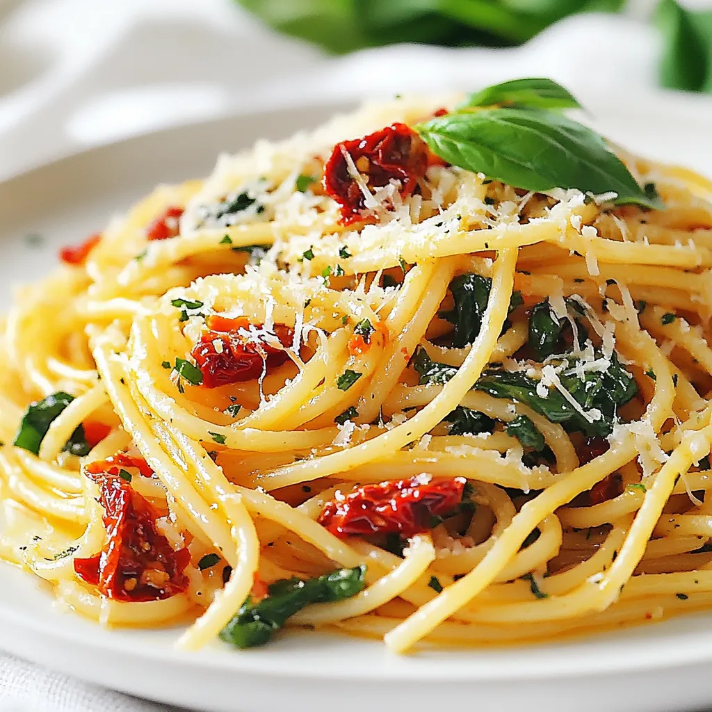 To make this vibrant dish, gather these main ingredients: - 8 oz spaghetti - 2 cups fresh spinach, roughly chopped - 1 cup sun-dried tomatoes, julienned (in oil) - 2 cloves garlic, minced - 1/4 cup olive oil - Salt and black pepper to taste These ingredients create a rich base for your spaghetti. The sun-dried tomatoes bring a tangy depth, while the spinach adds freshness. For those wanting to enhance the flavor, consider these optional ingredients: - 1/2 teaspoon red pepper flakes (for heat) - 1/4 cup grated Parmesan cheese (or nutritional yeast for a vegan twist) Red pepper flakes give a nice kick. The cheese adds creaminess and umami. Garnishes can elevate your dish. Try these toppings: - Fresh basil leaves - Additional Parmesan cheese Basil adds a fragrant touch, while extra cheese boosts flavor. These small details make your dish pop visually and taste-wise. {{ingredient_image_1}} To start, fill a large pot with water. Add salt to make the water tasty. Bring the water to a boil. Once boiling, add the spaghetti. Cook it as the package says, usually about 8-10 minutes. You want it al dente, which means firm but cooked. When it's done, save one cup of the water. Drain the spaghetti and set it aside. Next, grab a large skillet and heat olive oil over medium heat. Add minced garlic to the hot oil. Sauté it for about 30 seconds until it smells great. Then, add the sun-dried tomatoes. Cook them for 2 more minutes. This step brings out their sweet and tangy flavor. Now, toss in the chopped spinach and red pepper flakes, if you want some heat. Stir everything together until the spinach is wilted. This takes about 2-3 minutes. Add the drained spaghetti to your skillet. Mix it well with the spinach and tomatoes. If it looks dry, add some of the reserved pasta water. This makes a silky sauce that coats the pasta. Stir in grated Parmesan cheese and season with salt and black pepper. Mix everything until it's combined. Enjoy the colors and smells as you prepare to serve. To get the best texture, cook the spaghetti until it's al dente. This means it should be firm but not hard. Check the cooking time on the package. Remember, you can always taste it to see if it's done. After cooking, save one cup of the pasta water. This water helps make a creamy sauce later. You can boost the flavor in many ways. Add red pepper flakes for some heat. This will give your dish a nice kick. You can also use fresh herbs like parsley or oregano. They add a great taste. For a richer flavor, try adding lemon zest or juice. It brightens everything up! Fresh ingredients give a vibrant taste. Fresh spinach brings a nice color and texture. Dried tomatoes have a concentrated flavor that works well too. If you're short on time, you can use dried spinach or tomatoes. Just remember, dried ingredients may need more water or oil. Adjust your recipe as needed for the best results! Pro Tips Tip Title: Use Fresh Spinach: Fresh spinach wilts beautifully and adds a vibrant color and flavor to the dish. Tip Title: Choose Quality Sun-Dried Tomatoes: Opt for sun-dried tomatoes packed in oil for enhanced flavor and moisture. Tip Title: Reserve Pasta Water: The starchy pasta water helps to create a creamy sauce when mixed with the other ingredients. Tip Title: Experiment with Cheese: Try different cheeses such as feta or goat cheese for a unique twist on the flavor profile. {{image_2}} You can easily make this dish vegan. Just swap the Parmesan cheese for nutritional yeast. This adds a nutty flavor and a cheesy taste. Use about 1/4 cup of nutritional yeast. It’s a great source of vitamins, too. You won’t miss the cheese at all! If you need a gluten-free meal, pick gluten-free spaghetti. Many brands offer tasty options made from rice or corn. Cook it just like regular pasta. Follow the package instructions for the best results. Your dish will still taste great with sun-dried tomatoes and spinach. Want to add more protein? You can include chicken, shrimp, or tofu. For chicken, use cooked and diced breast. For shrimp, add them right after the garlic. Cook until they turn pink. If you prefer tofu, use firm tofu. Cube it and sauté it with the garlic. This will make your meal more filling and delicious! To keep your Spinach Sun-Dried Tomato Spaghetti fresh, store it in an airtight container. Make sure it cools to room temperature first. This keeps the pasta from becoming mushy. You can keep leftovers in the fridge for up to three days. If you want to enjoy it longer, freezing is a great option. When reheating, use the stovetop for the best taste. Heat a skillet over medium heat. Add a splash of olive oil or a few tablespoons of water. This helps the pasta regain its creamy texture. Stir gently until it’s warm. You can also use a microwave, but the stovetop keeps the flavor better. To freeze your pasta, place it in a freezer-safe container. Be sure to leave some space at the top. The pasta will expand when frozen. It’s best to eat it within three months. When ready to eat, thaw it overnight in the fridge. Then, reheat as mentioned above for great results. You can skip the oil by sautéing garlic in a bit of vegetable broth. Use broth to cook the sun-dried tomatoes and spinach, too. This method brings out flavor without adding fat. You can also use water, but broth adds more taste. The dish will still be bright and tasty! Yes, frozen spinach works well! Just thaw and drain it first. This helps remove excess water. Frozen spinach is often more convenient. It saves time and gives you a quick meal option. Just be sure to chop it into smaller pieces if needed. The flavor will be just as good! Great sides pair nicely with this pasta. You can serve a simple green salad with lemon dressing. Garlic bread also makes a tasty choice. Another option is roasted vegetables, like zucchini or bell peppers. These sides add color and balance to your meal. Enjoy your delicious dinner! You learned about making Spinach Sun-Dried Tomato Spaghetti. We covered main and optional ingredients, cooking steps, and tips for texture and flavor. You can try variations like vegan or gluten-free options. Plus, I shared storage tips for leftovers. This dish is easy, tasty, and flexible. You can customize it to fit your needs. Enjoy your cooking adventure!