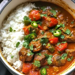 - 2 lbs beef chuck, cut into 1-inch cubes - 2 tablespoons vegetable oil - 2 large onions, finely chopped - 4 cloves garlic, minced - 1-inch piece ginger, grated - 2 green chilies, sliced (adjust to spice preference) - 2 teaspoons ground cumin - 2 teaspoons ground coriander - 1 teaspoon ground turmeric - 1 tablespoon garam masala - 1 can (14 oz) coconut milk - 1 can (14 oz) diced tomatoes - 1 cup beef broth - Salt, to taste - Fresh cilantro, chopped (for garnish) - Cooked basmati rice or naan (for serving) Using fresh spices is key in this curry. They add bold flavors and aromas. Fresh spices have more oils and flavors than old ones. They make your dish taste bright and lively. I always recommend checking your spice jars. If they smell weak, it’s time to buy new ones. You can swap some ingredients if needed. For beef, use lamb or chicken for a different taste. If you want a vegetarian option, try chickpeas or tofu. Coconut milk can be replaced with heavy cream for a richer sauce. Diced tomatoes can be fresh if you prefer. {{ingredient_image_1}} First, heat 2 tablespoons of vegetable oil in a large pot over medium-high heat. Once the oil is hot, add 2 lbs of beef chuck, cut into 1-inch cubes. Make sure to brown the beef on all sides. This step adds flavor and locks in the juices. Once browned, remove the beef from the pot and set it aside on a plate. In the same pot, add 2 large chopped onions. Sauté them for about 5 to 7 minutes until they turn golden brown. Next, add 4 cloves of minced garlic, 1-inch grated ginger, and 2 sliced green chilies. Cook this mix for another 2 minutes. The smell will be amazing! Now it's time to add spices. Stir in 2 teaspoons of ground cumin, 2 teaspoons of ground coriander, 1 teaspoon of ground turmeric, and 1 tablespoon of garam masala. Cook these spices for 1 to 2 minutes until they become fragrant. Add the browned beef back to the pot. Then, pour in 1 can of diced tomatoes, 1 can of coconut milk, and 1 cup of beef broth. Stir well to combine all the ingredients. Bring the mixture to a boil, then reduce the heat to low. Cover the pot and let it simmer for 1.5 to 2 hours, or until the beef is tender. Stir occasionally. If the curry gets too thick, you can add more broth. Before serving, taste the curry and add salt as needed. If you like more heat, feel free to add extra green chilies. This dish is best served hot over cooked basmati rice or with warm naan. Enjoy your flavorful creation! To bring out the best flavors in your spicy Indian beef curry, focus on cooking techniques. Start by searing the beef. This step adds a rich, deep flavor. Use a heavy pot and heat the oil well before adding the beef. Make sure to brown it on all sides. Next, sauté your onions. Cook them until they are golden brown. This caramelization adds sweetness to your dish. When adding garlic, ginger, and chilies, cook them just until fragrant. This step helps release their oils and flavors. Lastly, always toast your spices. Add them to the pot for a short time. This makes them more aromatic and tasty. Adjusting the spice levels in your curry is easy. Start with two green chilies if you like mild heat. If you want more spice, add more chilies. You can also blend in some chili powder for an extra kick. Taste your curry as it cooks. This way, you can find the right balance for your palate. If the heat is too much, add more coconut milk. This will cool it down and add creaminess. Remember, you can always add more spice, but it is hard to take it away. To ensure your beef is tender, use beef chuck for this recipe. This cut has the right amount of fat. It helps keep the meat moist during cooking. Sear the beef first to lock in juices. Then, simmer it low and slow. Allow the beef to cook for 1.5 to 2 hours. Stir occasionally and check for tenderness. If it needs more time, let it simmer longer. Adding beef broth also helps. It keeps the meat juicy and flavorful. With these tips, you will have tender beef that melts in your mouth. Pro Tips Quality Ingredients: Use high-quality beef chuck for a more tender and flavorful curry. Look for well-marbled meat for the best results. Adjusting Spice Levels: Customize the heat of your curry by adjusting the number of green chilies or by using different types of chili peppers based on your preference. Marinate for Flavor: For an extra depth of flavor, consider marinating the beef in yogurt and spices for a few hours or overnight before cooking. Resting Time: Allow the curry to rest for 10-15 minutes after cooking before serving. This helps the flavors meld together even more. {{image_2}} You can easily make this dish meat-free. Use chickpeas or tofu instead of beef. Both options soak up flavors well. For best results, cook them the same way as the beef. Add extra spices to boost taste. Use vegetable broth instead of beef broth for a rich base. If you want to switch meats, try lamb or chicken. Lamb gives a rich taste that pairs well with spices. Chicken cooks faster, so adjust the simmering time. Use the same spices and method for all meats. This gives you a familiar flavor, no matter the protein. Indian cuisine has many regional styles. In Southern India, you might add curry leaves and mustard seeds. In Northern India, using yogurt can create a creamier curry. Each region has its own twist on spice levels. Explore these variations to find your favorite taste. After you finish your meal, let the beef curry cool down. Place it in an airtight container. Store it in the fridge for up to three days. When you’re ready to eat, just reheat it on the stove or microwave. This keeps the flavors fresh and tasty. If you want to save your curry for later, freezing works well. Pour the cooled curry into a freezer-safe container. Make sure to leave some space at the top for expansion. You can freeze it for up to three months. To reheat, thaw it overnight in the fridge. Heat it on the stove over low heat until hot. Stir occasionally to avoid sticking. Always check for signs of spoilage before eating leftovers. If you see any mold or smell something off, throw it away. When stored properly, the curry lasts in the fridge for up to three days and in the freezer for three months. Make sure to label your containers with the date. This helps you keep track of how long it’s been stored. You can serve this curry with several tasty sides. Here are some great options: - Cooked basmati rice - Warm naan bread - Raita (yogurt sauce) - Pickles or chutneys Basmati rice soaks up the sauce well. Naan is perfect for scooping up the curry. Raita cools the spice and adds creaminess. Pickles or chutneys give a nice tang. Yes, you can make this dish ahead of time. It tastes even better the next day! Here’s how: - Cook the curry as directed. - Let it cool, then store it in an airtight container. - Keep it in the fridge for up to 3 days. When you are ready to eat, heat it on the stove. You might need to add a bit of water or broth to loosen it up. Avoid these common mistakes to make your curry great: - Don’t rush the browning of the beef. Take your time to sear it well. - Use fresh spices for the best flavor. - Don’t skip the simmering time. This helps the beef become tender. Following these tips will lead to a richer taste and better texture. Happy cooking! This blog post covers all you need to know to create a tasty Spicy Indian Beef Curry. We discussed the key ingredients and their importance, along with step-by-step cooking instructions. I shared helpful tips for flavor and tender meat. We explored variations like vegetarian options and regional recipes. Finally, I provided storage tips to keep your leftovers fresh. Remember, cooking is fun! Don't be afraid to experiment and make this dish your own. Enjoy your culinary journey!