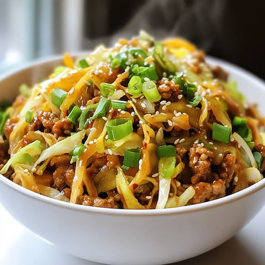 To make a tasty Egg Roll in a Bowl, you'll need: - 1 lb ground turkey or chicken - 4 cups coleslaw mix - 1 medium onion, diced - 2 cloves garlic, minced - 1 tablespoon fresh ginger, grated - 1/4 cup low-sodium soy sauce - 1 tablespoon sesame oil - 1 tablespoon rice vinegar - 1 teaspoon ground black pepper These ingredients come together to create a flavorful and satisfying meal. Ground turkey or chicken gives the dish protein. The coleslaw mix adds crunch and freshness. Onions, garlic, and ginger bring depth to the flavor. Soy sauce adds a salty taste, while sesame oil gives a nutty aroma. Rice vinegar rounds out the dish with a tangy note. Garnishes can elevate your meal. Here are a few you might want to try: - 2 green onions, chopped - Sesame seeds Chopped green onions add a pop of color and flavor. Sesame seeds add a nice crunch and look pretty on top. You can use these for a nice finish. If you don't have something on hand, don't worry! Here are some swaps: - Use ground beef or pork instead of turkey or chicken. - Shredded cabbage can replace coleslaw mix. - Low-sodium tamari works as a gluten-free soy sauce. - Olive oil can substitute for sesame oil. These substitutions keep your meal delicious and fun. Feel free to mix and match based on what you have. Cooking should be enjoyable, so get creative! {{ingredient_image_1}} Start by gathering all your ingredients. You need: - 1 lb ground turkey (or chicken) - 4 cups coleslaw mix - 1 medium onion, diced - 2 cloves garlic, minced - 1 tablespoon fresh ginger, grated - 1/4 cup low-sodium soy sauce - 1 tablespoon sesame oil - 1 tablespoon rice vinegar - 1 teaspoon ground black pepper - 2 green onions, chopped (for garnish) - Sesame seeds (for garnish) Wash and chop the onion and green onions. Mince the garlic and grate the ginger. This makes cooking smooth and quick. Heat your large skillet or wok on medium-high heat. Add sesame oil and let it warm up. Once hot, add the diced onion. Sauté it for 2-3 minutes until it turns a little clear. Now, stir in the minced garlic and grated ginger. Cook for one more minute. This will fill your kitchen with a great smell! Next, add the ground turkey or chicken. Break it apart with your spatula. Cook it for 6-8 minutes until it turns brown and is no longer pink. Once your meat is cooked, mix in the coleslaw. Cook this for 3-5 minutes. Stir often until the coleslaw gets a bit soft. Now it's time for the soy sauce and rice vinegar. Pour these over the mix and stir well. Add black pepper for taste. Cook for 2-3 more minutes. This allows all the flavors to blend nicely. Scoop the hot dish into bowls. Garnish with chopped green onions and a sprinkle of sesame seeds. You can serve this meal alone or with a side of rice. Enjoy the warm, savory goodness! To make your Egg Roll in a Bowl truly shine, use fresh ingredients. Fresh garlic and ginger give a vibrant taste that dried spices can’t match. Adjust the soy sauce to your liking. If you want more salt, add a splash. For a slight kick, toss in some red pepper flakes. Adding lime juice or a splash of hot sauce at the end can also brighten the dish. Using a large skillet or wok helps cook your ingredients evenly. Heat the pan before adding oil to prevent sticking. When you sauté the onion, wait until it turns soft and clear before adding garlic and ginger. This step builds a solid flavor base. Keep stirring the mixture as you cook the ground turkey or chicken. This way, it cooks evenly and breaks apart easily. Cook the coleslaw mix just until it wilts. This keeps some crunch and color. Store leftovers in airtight containers in the fridge for up to three days. To reheat, use a skillet over medium heat. Add a splash of water to keep it moist. Stir frequently until heated through. You can also use a microwave, but it may lose some crunch. Make sure to cover it to avoid splatters. Pro Tips Use Fresh Ingredients: Fresh garlic and ginger will enhance the flavor of your dish significantly compared to dried spices. Cook the Meat Thoroughly: Ensure the ground turkey or chicken is fully cooked to avoid any food safety issues; it should reach an internal temperature of 165°F (74°C). Customize Your Veggies: Feel free to add other vegetables like bell peppers, mushrooms, or snap peas to increase the nutritional value and add different textures. Adjust the Seasoning: Taste as you go! You can modify the soy sauce and rice vinegar to suit your preference for saltiness and acidity. {{image_2}} You can easily make a vegetarian or vegan version of this dish. Replace the ground turkey or chicken with plant-based protein. Some great choices are crumbled tofu, tempeh, or lentils. For a meat-like texture, try using textured vegetable protein (TVP). Make sure to use soy sauce or tamari that is labeled as vegan. This way, you keep the flavor and still enjoy a hearty meal. If you need a gluten-free option, switch the soy sauce for tamari. Tamari is a gluten-free soy sauce that offers a similar taste. Ensure your coleslaw mix does not contain any gluten ingredients. You can also use fresh cabbage instead of the coleslaw mix. This keeps the dish fresh and crunchy. To boost the flavor, add more spices or sauces. Try including a splash of sriracha for heat. You can also mix in hoisin sauce for a sweet touch. Fresh herbs like cilantro or basil will add a fragrant note. For a nutty flavor, toss in some chopped peanuts or cashews. Each of these options will make your Egg Roll in a Bowl even more exciting. This dish is packed with good stuff. Ground turkey is lean and rich in protein. Protein helps build muscles and keeps you full. Coleslaw mix gives you fiber and vitamins. Fiber aids digestion. Onions and garlic boost your immune system. Fresh ginger can help with nausea and digestion. Soy sauce adds flavor with fewer calories. Using low-sodium helps keep your salt low. Sesame oil gives healthy fats. A serving of this Egg Roll in a Bowl has around: - Calories: 300 - Protein: 30g - Fat: 15g - Carbohydrates: 10g - Fiber: 3g - Sugars: 2g These numbers can vary based on your choice of meat and extra toppings. This meal is a great option if you watch your calories. Each serving is about 300 calories. You can enjoy a filling meal without going overboard. It’s perfect for lunch or dinner. The mix of meat and veggies keeps it balanced. Plus, it’s quick to make, so you can eat well even on busy days. Egg Roll in a Bowl is a quick, tasty meal. It has all the flavors of a classic egg roll but in a bowl. You use ground turkey or chicken, coleslaw mix, and tasty seasonings. This dish is a healthy, easy version of the popular appetizer. You get all the crunch and flavor without the wrapper. To spice it up, add some red pepper flakes. You can also include sliced jalapeños or chili sauce. Another option is to use spicy soy sauce. Just a little bit can make a big difference. Adjust the heat to fit your taste buds. Yes, you can meal prep this dish easily. Cook a big batch and divide it into containers. Store it in the fridge for up to four days. You can also freeze it for longer storage. Just thaw it overnight before reheating. You can keep leftovers in the fridge for about four days. Just make sure to store them in an airtight container. If you freeze it, it can last for up to three months. Always reheat until hot before eating. You can serve it with rice or quinoa for extra carbs. A side of steamed veggies works great too. If you want crunch, add some crispy wonton strips. A refreshing salad can balance the meal well. Egg Roll in a Bowl is easy to make and full of flavor. We covered key ingredients, cooking steps, and helpful tips. You can swap items, add spice, or change it for any diet. This dish is a great choice for meal prep, and leftovers store well. Enjoying this bowl will not only satisfy your taste but also give you great health benefits. Try it out and make it your own!