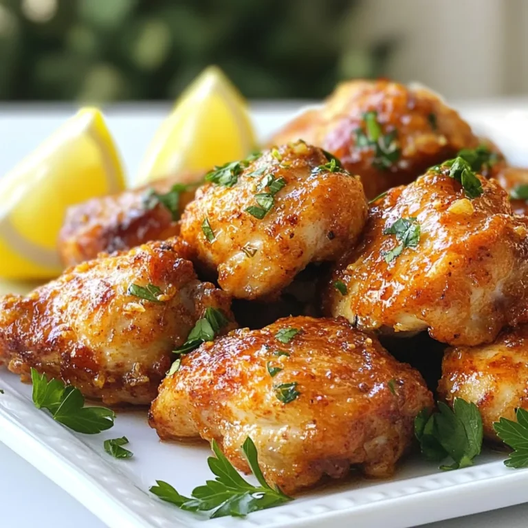 - 1 lb boneless, skinless chicken thighs - 3 tablespoons olive oil - 4 cloves garlic, minced - 1 teaspoon smoked paprika - 1 teaspoon dried oregano - 1/2 teaspoon salt - 1/4 teaspoon black pepper - 1/4 teaspoon red pepper flakes (optional) - 2 tablespoons freshly chopped parsley - Lemon wedges for serving The beauty of Keto Garlic Chicken Bites lies in the simplicity of its ingredients. To start, you will need one pound of boneless, skinless chicken thighs. These thighs are juicy and tender, making them perfect for this dish. You will also need three tablespoons of olive oil. This oil not only adds flavor but also helps the spices stick to the chicken. Garlic is the star here, so use four cloves, minced finely. The aroma of garlic while cooking is heavenly. Smoked paprika gives a nice depth of flavor. You’ll need one teaspoon of it for that smoky touch. Dried oregano adds an earthy taste, and one teaspoon will do the trick. Next, salt is a must for taste, so grab half a teaspoon. For a hint of heat, add a quarter teaspoon of black pepper and, if you like it spicy, toss in a quarter teaspoon of red pepper flakes. Finally, two tablespoons of freshly chopped parsley add a pop of color and freshness. Don’t forget the lemon wedges! They will brighten the dish when you squeeze them over the chicken before eating. All of these ingredients come together to create a flavorful, keto-friendly meal that’s quick and easy to make. {{ingredient_image_1}} To start, grab a mixing bowl. You will need to combine the following: - 3 tablespoons olive oil - 4 cloves garlic, minced - 1 teaspoon smoked paprika - 1 teaspoon dried oregano - 1/2 teaspoon salt - 1/4 teaspoon black pepper - 1/4 teaspoon red pepper flakes (optional) Stir these ingredients well to create a flavorful marinade. Marinating the chicken is key. It helps the flavors soak in, making the bites tasty. Now, let’s marinate the chicken. You need 1 lb of boneless, skinless chicken thighs, cut into bite-sized pieces. Add the chicken to the bowl with the marinade. Make sure every piece is coated well. Cover the bowl and refrigerate for at least 30 minutes. This time allows the chicken to absorb all those good flavors. When you're ready to cook, heat a large skillet over medium-high heat. Add the marinated chicken bites in a single layer. Avoid overcrowding the pan. This keeps the chicken from steaming. Cook for about 5-7 minutes. Turn the pieces occasionally. You want them golden brown and cooked through. To check for doneness, use a meat thermometer. The chicken should reach an internal temperature of 165°F (74°C). Once done, remove it from heat. Transfer the chicken to a serving platter and garnish with freshly chopped parsley. Serve with lemon wedges for a fresh touch. Enjoy your meal! For cooking chicken bites, use a large, heavy skillet. A cast iron or nonstick pan works best. These pans heat evenly, giving you a nice sear. Avoid overcrowding the pan. If too many pieces are in there, they steam instead of brown. Cook in batches if needed. This way, you achieve that crispy outer layer we all love. Want to spice things up? Add red pepper flakes to the marinade. This gives your chicken a nice kick. Adjust the amount to suit your taste. Herbs can boost flavor too. Try adding fresh thyme or basil. These herbs mix well with garlic and make your dish pop. Experiment with what you like best. Pair your Keto Garlic Chicken Bites with low-carb sides. Great options include steamed broccoli or a fresh salad. These sides balance the meal and add color to your plate. For presentation, use a nice serving platter. Arrange the chicken bites neatly and sprinkle the chopped parsley over them. Add lemon wedges on the side for extra flair. Squeezing lemon juice over the chicken will brighten the flavors. Pro Tips Marinate Longer for Depth of Flavor: For even more flavorful chicken, marinate the pieces for a few hours or overnight in the refrigerator. Use a Meat Thermometer: To ensure your chicken is perfectly cooked, use a meat thermometer to check that it has reached an internal temperature of 165°F (74°C). Customize the Heat Level: Adjust the amount of red pepper flakes according to your preference for spice; omit them for a milder dish. Perfect Searing: Make sure your skillet is hot before adding the chicken to achieve a nice golden-brown sear and prevent sticking. {{image_2}} You can swap chicken thighs for chicken breasts. Chicken breasts are leaner and cook faster. Just adjust the cooking time to avoid dryness. If you want to try other meats, consider pork or turkey. These options can bring new flavors to your dish while keeping it keto-friendly. Incorporate bell peppers or zucchini for extra nutrition. These veggies add color and flavor to the plate. You can roast them alongside the chicken for a delicious caramelization. Alternatively, sauté them in the skillet for a quick cook time. Pairing veggies with your chicken enhances both taste and health benefits. Switch the herbs for a Mediterranean twist. Try basil, thyme, or rosemary. This change can give the dish a whole new vibe. You can also use citrus-based marinades. Lemon or lime juice can add brightness and freshness to the chicken. Marinades with citrus also tenderize the meat, making it juicy and flavorful. To keep your Keto Garlic Chicken Bites fresh, store them in an airtight container. This helps lock in flavor and moisture. Place the container in the fridge. They will stay good for up to three days. If you want to keep them longer, consider freezing them. Reheating chicken can be tricky. You want to keep it juicy, not dry. The best way is to use the oven. Preheat it to 350°F (175°C). Place the chicken bites on a baking dish, cover it with foil, and heat for about 10-15 minutes. You can also use a microwave. Place the chicken in a microwave-safe dish. Add a splash of water to keep it moist. Heat in short bursts of 30 seconds. Check often to avoid overcooking. Freezing is a great way to prep meals. To freeze, let the chicken bites cool completely. Then, place them in a freezer-safe bag. Squeeze out any air before sealing. They can last up to three months in the freezer. When you're ready to eat, thaw them in the fridge overnight. This helps keep the texture nice. You can also use the microwave to thaw them quickly. Just be careful to avoid cooking them. Keto Garlic Chicken Bites are low in carbs. Each serving has about 2 grams of net carbs. This is great for anyone on a keto diet. The main ingredient, chicken, has no carbs. The garlic and spices add flavor without adding carbs. Yes, you can prep these chicken bites early. Marinate the chicken in the fridge for up to 24 hours. This helps the flavors soak in. You can also cook them and store in the fridge. They stay good for up to three days. Just reheat them before serving. Pair these bites with low-carb sides. Some tasty options include: - Zucchini noodles - Cauliflower rice - Steamed broccoli - Salad with leafy greens These sides complement the chicken well and keep the dish keto-friendly. Enjoy your meal with a fresh squeeze of lemon for extra zest! In this post, we covered how to make Keto Garlic Chicken Bites using simple ingredients. We explored marinating techniques, cooking tips, and various ways to serve this dish. Remember, you can change the recipe for different flavors or proteins. Enjoying these chicken bites is easy, especially with perfect sides. By keeping these tips in mind, you can create a tasty and healthy meal any day of the week.