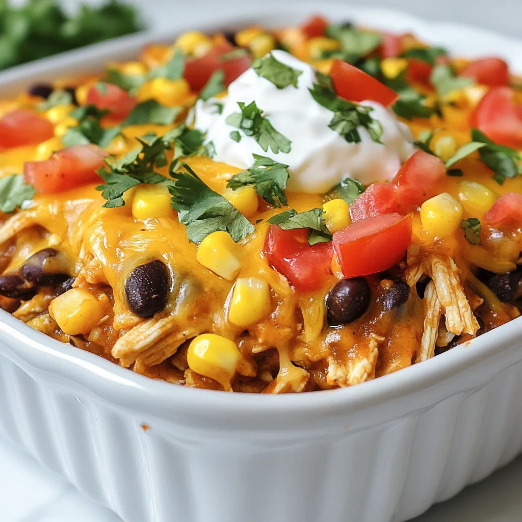 The Chicken Burrito Casserole is simple and packed with flavor. Here’s what you need: - 2 cups cooked chicken, shredded - 1 can (15 oz) black beans, drained and rinsed - 1 can (10 oz) diced tomatoes with green chilies - 1 cup corn (fresh or frozen) - 1 cup cooked rice (white or brown) - 1 tablespoon taco seasoning - 2 cups shredded cheese (Cheddar and Monterey Jack mix) - 8 large flour tortillas, cut in half - 1 cup salsa - 1/2 cup sour cream (for garnish) - Chopped fresh cilantro (for garnish) - Salt and pepper to taste For this dish, I like using shredded chicken. It blends well with the other ingredients. Black beans add texture and protein. Diced tomatoes with green chilies give a nice kick. Corn adds sweetness, while the rice makes it hearty. The taco seasoning brings everything together with bold flavors. Using two types of cheese makes the casserole creamy and cheesy. Flour tortillas hold it all together. Salsa adds moisture and a burst of flavor. Finally, don’t forget the sour cream and cilantro for the perfect finish! {{ingredient_image_1}} - Preheat your oven to 350°F (175°C). - In a large bowl, mix the shredded chicken, black beans, diced tomatoes, corn, cooked rice, taco seasoning, and 1 cup of cheese. Add salt and pepper to taste. - Pour a little salsa at the bottom of a 9x13-inch baking dish. This step helps prevent sticking. - Start with the first layer of tortillas. Place them in the dish with the cut edges facing inwards. - Add half of the chicken mixture on top of the tortillas. Spread it evenly. - Place another layer of tortillas over the chicken mixture. Then, add the rest of the chicken mixture on top. - Finish with one last layer of tortillas. Spread the remaining salsa over this layer. - Sprinkle the rest of the cheese evenly over the salsa. - Cover the dish with aluminum foil. Bake for 25 minutes in the preheated oven. - Remove the foil and bake for an additional 10-15 minutes. Watch for the cheese to be bubbly and golden brown. - Once done, let the casserole cool for about 5-10 minutes before serving. This cooling time helps set the layers and makes serving easier. - To ensure tender chicken, use cooked chicken that is moist. Shred it well before mixing. - For proper seasoning, taste the chicken mixture as you go. Adjust the salt and pepper to your liking. - Adjust the cheese for flavor by mixing Cheddar and Monterey Jack. This adds depth and creaminess. - Garnish with a dollop of sour cream and fresh cilantro. This adds color and freshness to your dish. - Pair the casserole with a simple salad or tortilla chips. This adds crunch and balance to your meal. - For reheating leftovers, use the oven. Heat at 350°F until warm, about 15 minutes. - Avoid overcooking the cheese. It should melt and bubble, not burn or harden. - Layering improperly can lead to uneven cooking. Make sure to layer tortillas and chicken mixture evenly. - Using stale tortillas can ruin the texture. Always use fresh tortillas for the best results. Pro Tips Use Leftover Chicken: For a quicker prep time, use leftover rotisserie chicken instead of cooking chicken from scratch. Customize Your Spices: Feel free to adjust the taco seasoning according to your spice preference or add extra ingredients like jalapeños for a kick! Make Ahead: You can assemble the casserole a day in advance and refrigerate it. Just pop it in the oven when you're ready to bake! Cheese Choices: Experiment with different types of cheese, like pepper jack or queso fresco, for unique flavor combinations. {{image_2}} You can switch up the protein in this dish. Try using ground beef or turkey instead of chicken. If you want a plant-based option, black beans work well. For cheese, feel free to mix it up. Use pepper jack for a kick or mozzarella for a milder taste. Whole wheat tortillas are a great choice too. They add fiber and a nutty flavor. If you love heat, add sliced jalapeños to the chicken mix. They bring a nice crunch and spice. You can also amp up the salsa. Choose a spicier brand or add hot sauce for more zing. Just remember to taste as you go. You want to balance the heat with the other flavors. To make this dish vegetarian, just leave out the chicken. Load it up with more veggies like bell peppers, zucchini, or mushrooms. This adds color and nutrition. You can also increase the beans for protein. This way, you still get a hearty meal that everyone will enjoy. To keep your Chicken Burrito Casserole fresh, let it cool first. Place it in an airtight container. This helps prevent moisture loss and keeps the flavors intact. You can store it in the fridge for up to four days. When ready to eat, simply reheat in the oven or microwave until warm. You can freeze the casserole for longer storage. First, let it cool completely. Then, wrap it tightly in plastic wrap or aluminum foil. Place it in a freezer-safe container or bag. This way, it can last for up to three months. To reheat frozen portions, remove them from the freezer and thaw in the fridge overnight. Heat in the oven until hot, about 30 minutes. The Chicken Burrito Casserole stays fresh in the fridge for about four days. If you freeze it, it can last for three months. Always check for signs of spoilage. Look for any off smells or changes in texture. If it looks or smells strange, it's best to discard it. Enjoy your meals with peace of mind! Yes, you can make Chicken Burrito Casserole ahead. Start by cooking your chicken and other ingredients. Then, mix them in a bowl. Layer the casserole as per the recipe. Cover it tightly with plastic wrap or foil. Store it in the fridge for up to 24 hours. When ready, just bake it straight from the fridge. You might need to add a few extra minutes to the baking time. To make this casserole gluten-free, choose gluten-free tortillas. Many brands offer excellent options. You should also check all canned goods, like beans and tomatoes, for gluten-free labels. This helps avoid cross-contamination. Clean your workspace and utensils well before cooking. This way, you keep everything safe and tasty. Yes, adding vegetables boosts flavor and nutrition. You can include bell peppers, zucchini, or spinach. Chop them into small pieces for even cooking. Sauté tougher veggies like bell peppers before adding them to the mix. For softer veggies like spinach, you can add them raw. Just mix them in with the other ingredients. This Chicken Burrito Casserole recipe is simple and tasty. You learned about key ingredients, step-by-step prep, and tips for success. Remember to layer carefully and keep your cheese from overcooking. Feel free to add your twist with alternative ingredients or spice things up. Storage is easy with proper cooling. You can enjoy your leftovers without worry. Dive into this fun dish and share it with others. Happy cooking!