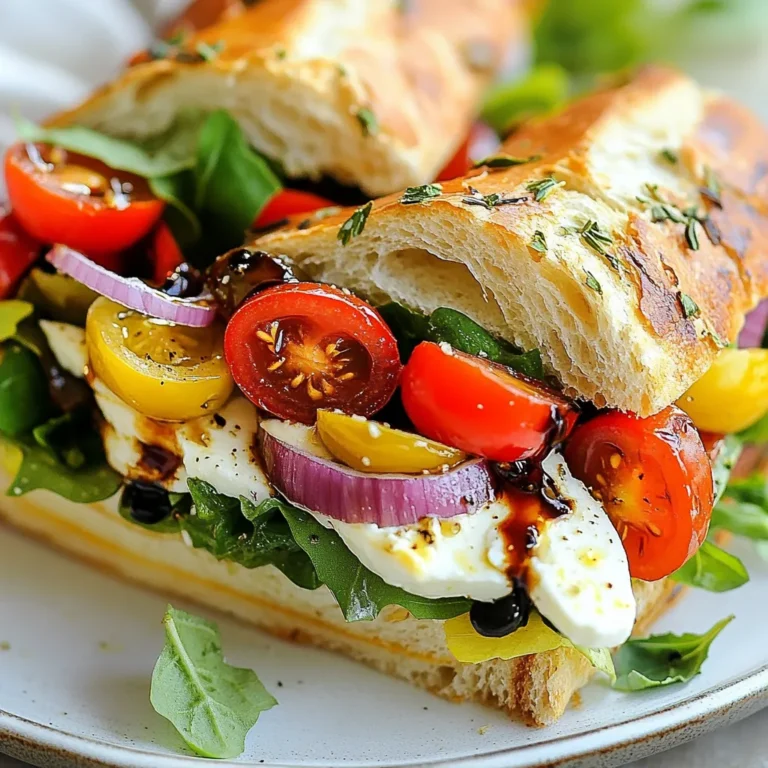 To make the Italian Chopped Sandwich, gather these tasty items: - 1 loaf of ciabatta bread, sliced - 1 cup mixed greens (arugula, spinach, or lettuce) - 1/2 cup cherry tomatoes, quartered - 1/4 cup red onion, finely chopped - 1/2 cup roasted red peppers, sliced - 1/2 cup fresh mozzarella, diced - 1/4 cup Kalamata olives, pitted and chopped - 1/4 cup fresh basil, chopped - 2 tablespoons balsamic glaze - 2 tablespoons olive oil - Salt and pepper to taste Using fresh ingredients makes your sandwich burst with flavor. Fresh greens and ripe tomatoes add a nice crunch. They also give vibrant colors. But jarred ingredients can save time. Roasted red peppers in a jar are great if you are busy. Just make sure they taste good. Check the label for added sugars or preservatives. You don’t need fancy tools for this recipe. Here’s what you will need: - A large mixing bowl for combining ingredients - A cutting board for chopping veggies - A sharp knife for easy cutting - A spoon for mixing and serving - A platter for serving the sandwiches Gather these tools, and you are ready to start making this delicious Italian Chopped Sandwich! {{ingredient_image_1}} First, gather all your fresh ingredients. You need mixed greens, cherry tomatoes, red onion, roasted red peppers, mozzarella, Kalamata olives, and basil. In a large mixing bowl, add: - 1 cup mixed greens - 1/2 cup cherry tomatoes, quartered - 1/4 cup red onion, finely chopped - 1/2 cup roasted red peppers, sliced - 1/2 cup fresh mozzarella, diced - 1/4 cup Kalamata olives, pitted and chopped - 1/4 cup fresh basil, chopped Next, drizzle 2 tablespoons of olive oil and 2 tablespoons of balsamic glaze over the mix. Toss gently until all the ingredients blend well. You want every bite to be full of flavor. Season with salt and pepper to taste. Toasting the ciabatta bread adds a nice crunch. Take your loaf of ciabatta and slice it into thick pieces. Lay the slices on a baking sheet. You can lightly toast them in a toaster or an oven for a few minutes. Watch closely to avoid burning. You want them golden and crisp, but not too hard. Start with half of the toasted ciabatta slices on a clean surface. Spoon a generous amount of your filling on each slice. Make sure to include a mix of all the tasty ingredients. Top with the other half of the toasted ciabatta slices. Press down gently to hold everything together. If you like, cut the sandwiches in half or into smaller portions for easy serving. For a nice touch, you can drizzle extra balsamic glaze on top. Serve these sandwiches with chips or a side salad for a complete meal. Chopping your ingredients well is key. For the best texture, use a sharp knife. Start with the red onion. Dice it finely. This helps spread the flavor evenly. Next, quarter the cherry tomatoes. This size fits well in the sandwich. For roasted red peppers, slice them thinly. Finally, chop the basil and olives. Keep your cuts consistent for a better bite. Toasting ciabatta bread adds crunch and flavor. Preheat your toaster or oven. A light toast is best; you want warmth, not dryness. Place the slices in one layer. This helps them toast evenly. Watch closely to avoid burning. Once golden, remove them right away. Let the bread cool slightly before adding the filling. Pair your Italian chopped sandwich with sides for a full meal. Vegetable chips add a nice crunch. A fresh side salad works well too. Try a simple arugula salad with lemon dressing for a light touch. If you want a drink, a sparkling water or light red wine complements the flavors nicely. Drizzle extra balsamic glaze over the sandwiches for a pretty finish. Pro Tips Use Fresh Ingredients: Opt for the freshest produce and high-quality mozzarella to enhance the flavors of your sandwich. Toast for Crunch: Lightly toasting the ciabatta bread adds a delightful crunch that contrasts nicely with the soft filling. Customize Your Greens: Feel free to mix and match greens based on your preference; kale or romaine also work well in this sandwich. Serve with Sides: Pair the sandwiches with vegetable chips or a small side salad for a complete meal experience. {{image_2}} You can change up the ingredients in your Italian chopped sandwich. Don’t have fresh mozzarella? Use provolone cheese instead. If you prefer a different taste, swap cherry tomatoes for sun-dried tomatoes. You can also replace Kalamata olives with green olives or capers. For a spicy kick, add sliced pepperoncini. These swaps keep the flavors fresh while adding your personal twist. While ciabatta is classic, feel free to try other breads. A baguette adds a nice crunch. If you like softer bread, focaccia works great too. Whole wheat bread brings more fiber and nutrition. For a gluten-free option, use gluten-free sandwich bread. Each bread type gives the sandwich a unique texture and flavor. Want a vegetarian version? Skip the cheese and add more roasted veggies. Grilled zucchini or eggplant works well. For a vegan sandwich, use vegan cheese or avocado slices. You can also add hummus for creaminess. These options make the sandwich hearty and satisfying without dairy. Enjoy experimenting with flavors! To store leftover Italian chopped sandwiches, wrap them tightly in plastic wrap. This helps keep them fresh. You can also use a sealed container. Place them in the fridge for up to two days. If you have more than one sandwich, stack them carefully to avoid squishing. To keep your ingredients fresh, store them separately. Use airtight containers for the greens, tomatoes, and cheeses. Keep the olives and roasted peppers in their own jars. This way, they stay crisp and tasty. For herbs like basil, place them in a glass of water, like flowers, and cover loosely with a bag. This keeps them fresh for longer. Reheating an Italian chopped sandwich is simple. If you want a warm sandwich, heat your oven to 350°F (175°C). Wrap the sandwich in foil and place it in the oven. Heat for about 10 minutes. If you prefer a crunchy texture, try using a skillet. Heat it on medium and toast each side for a few minutes. This gives it a nice crisp without making it soggy. An Italian Chopped Sandwich is a fun and tasty meal. It features fresh ingredients packed between slices of ciabatta bread. This sandwich is colorful and full of flavor. You mix greens, tomatoes, olives, and cheese for a great filling. The balsamic glaze adds a sweet touch. Each bite brings a burst of taste. Yes, you can make this sandwich ahead of time. Prepare the filling and store it in the fridge. Keep the ciabatta bread separate until you are ready to eat. This way, the bread stays fresh and crispy. When you are ready, just assemble the sandwich. It tastes great, even when made a little early. This sandwich pairs well with many side dishes. Here are some ideas: - Vegetable chips - Small side salad - Pickles - Fresh fruit - Pasta salad These sides add variety and balance to your meal. Enjoy your Italian Chopped Sandwich with these tasty options! This blog post covered how to make an amazing Italian chopped sandwich. We explored the key ingredients, with tips on using fresh or jarred options. You learned how to prepare the filling and toast the ciabatta bread just right. We shared helpful tricks for chopping and serving. You found variations for different diets, plus storage and reheating tips. In the end, this sandwich is simple to make and fun to enjoy. Happy sandwich making!
