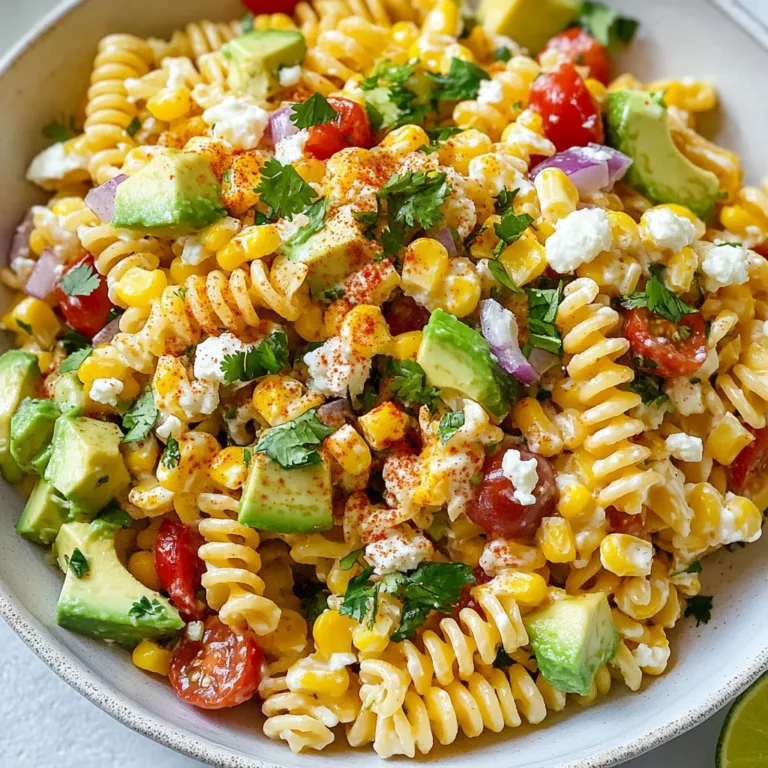 To make Mexican Street Corn Pasta Salad, gather these ingredients: - 2 cups elbow macaroni or fusilli pasta - 1 cup fresh corn kernels (grilled or boiled) - 1 red bell pepper, diced - 1/2 cup red onion, finely chopped - 1/2 cup cherry tomatoes, halved - 1/4 cup fresh cilantro, chopped - 1/2 cup crumbled cotija cheese - 1 avocado, diced - 3 tablespoons mayonnaise - 2 tablespoons sour cream - 1 tablespoon lime juice - 1 teaspoon chili powder - 1/2 teaspoon garlic powder - Salt and pepper to taste For this dish, I recommend using fresh ingredients when possible. Fresh corn gives the salad a sweet crunch. You can grill or boil it for that great flavor. Fresh bell peppers add color and texture. Their crispness really stands out. However, if you can’t find fresh corn, frozen corn works too. Just thaw it before using. Choosing good brands makes a big difference. For pasta, I like Barilla or Ronzoni; they cook well and taste great. When it comes to cotija cheese, look for brands like El Mexicano or Cacique. They have rich flavors. For mayonnaise, Hellmann’s is a solid choice. It’s creamy and blends perfectly with the other flavors. Always check the labels for the freshest options. {{ingredient_image_1}} Start by boiling a large pot of salted water. Once it boils, add 2 cups of elbow macaroni or fusilli pasta. Cook it according to the package instructions until it’s al dente. This usually takes about 7 to 9 minutes. When done, drain the pasta and rinse it under cold water. Rinsing stops the cooking and cools the pasta for the salad. Set it aside while you prepare the other ingredients. In a small bowl, mix together 3 tablespoons of mayonnaise and 2 tablespoons of sour cream. Then, add 1 tablespoon of lime juice. This gives the dressing a nice zing. Next, sprinkle in 1 teaspoon of chili powder and ½ teaspoon of garlic powder. Add a pinch of salt and pepper for taste. Whisk everything until it’s smooth. This creamy dressing ties the salad together. In a large bowl, combine the cooked pasta, 1 cup of corn kernels, 1 diced red bell pepper, ½ cup of finely chopped red onion, and ½ cup of halved cherry tomatoes. Add ¼ cup of chopped fresh cilantro for a burst of flavor. Gently mix them until well combined. Pour the dressing over the pasta mixture and toss it to coat every piece. Finally, fold in 1 diced avocado and ½ cup of crumbled cotija cheese. Be careful not to mash the avocado. Taste the salad and adjust the seasoning if needed. Cover the bowl and chill it in the refrigerator for at least 30 minutes. This lets all the flavors blend beautifully. To make your Mexican street corn pasta salad pop, focus on fresh ingredients. Start with sweet, fresh corn. Grilling the corn adds a smoky taste that enhances flavor. Use ripe tomatoes for juiciness. Add lime juice for a zesty kick. The cotija cheese adds a creamy, salty note. Don't skip the chili powder; it brings warmth to the dish. Taste as you go. Adjust salt and lime juice until it feels just right. You can prep this salad a day before. Cook the pasta and let it cool. Mix the veggies and store them separately. Whisk the dressing and keep it in the fridge. On serving day, combine everything. This keeps the pasta from getting soggy. Chill the salad for at least 30 minutes. This helps the flavors blend beautifully. Avoid overcooking the pasta. It should be al dente for the best texture. Don't forget to rinse the pasta in cold water after cooking. This stops the cooking process and cools it down. Be careful with the avocado; add it last to keep it from mashing. If you skip the chilling step, the flavors won’t meld. Lastly, don’t be shy with the seasoning. A little more salt and lime can make a big difference! Pro Tips Use Fresh Corn: For the best flavor, opt for fresh corn kernels. Grilling the corn adds a smoky depth that elevates the dish. Perfectly Cooked Pasta: Be sure to cook the pasta al dente. This helps it hold its shape and texture when mixed with the other ingredients. Chill Before Serving: Letting the pasta salad chill in the refrigerator for at least 30 minutes allows the flavors to meld beautifully. Customize Your Veggies: Feel free to add or substitute other vegetables like diced cucumbers or jalapeños for extra crunch and flavor. {{image_2}} You can switch up the pasta type for this dish. While elbow macaroni or fusilli works well, you can try penne or rotini. These shapes hold the dressing nicely. They also add fun texture to each bite. If you want a whole grain option, look for whole wheat pasta. This adds fiber and nutrients. Feel free to mix in other ingredients to make it your own. You can add black beans for protein and extra fiber. Try jalapeños for a spicy kick. If you love crunch, toss in some diced cucumber or radishes. You can also use Greek yogurt instead of sour cream. This makes it a bit lighter. If you follow a vegan diet, use plant-based mayo and skip the cheese. You can use avocado instead of cotija cheese for creaminess. For gluten-free pasta salad, use gluten-free pasta made from rice or quinoa. This way, everyone can enjoy this tasty dish. To keep your Mexican Street Corn Pasta Salad fresh, store it in an airtight container. Make sure it's sealed tightly. This helps keep the flavors in and prevents drying out. If you have extra avocado, add it fresh when you serve the salad. The avocado can turn brown in the fridge. When stored correctly, the salad lasts about 3 to 4 days in the fridge. After that, the taste and texture may change. Always check for any off smells or changes in the look before eating. This salad is best served cold. However, if you really want to heat it, warm it gently in a pan over low heat. Stir often to avoid burning. But remember, reheating can change the taste and texture of the salad. It’s often best to enjoy it cold! Yes, you can make this salad a day ahead. It actually tastes better after chilling. Letting the salad sit helps the flavors mix well. Just make sure to keep it in the fridge. Cover it tightly to avoid drying out. When you serve it, add the avocado and cotija cheese last to keep them fresh. If you can't find cotija cheese, try feta cheese. Feta has a similar crumbly texture and salty taste. You can also use queso fresco or even shredded Parmesan. Each option will give a different flavor, but they all work well in this salad. To add more heat, increase the chili powder in the dressing. You can also add diced jalapeños for a fresh kick. If you like it really spicy, consider using hot sauce. Just drizzle it over the salad before serving. Adjust the spice level to your taste. You now have all the tools to make a delicious and colorful pasta salad. We covered the best ingredients, easy cooking steps, and tips to avoid common mistakes. You can even adapt the recipe to fit different diets. Remember to store leftovers safely and know how long they last. Pasta salad is not just a meal; it’s fun and flexible. Enjoy your cooking and feel free to share your own variations!