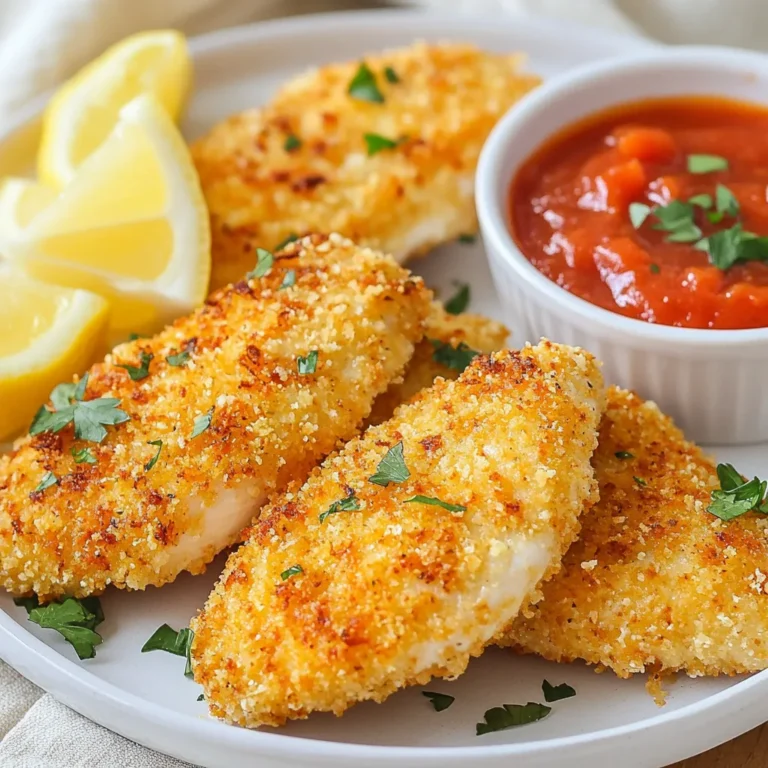 To make Parmesan Crusted Chicken, you need fresh ingredients. Let's gather what you need: - Chicken - 4 boneless, skinless chicken breasts - Coating Mixture - 1 cup grated Parmesan cheese - 1 cup breadcrumbs (preferably panko for extra crunch) - 1 tablespoon Dijon mustard - 1/4 cup all-purpose flour - Seasoning - 1 teaspoon garlic powder - 1 teaspoon dried Italian herbs (mix of oregano, basil, and thyme) - 1/2 teaspoon salt - 1/2 teaspoon black pepper - 2 large eggs These ingredients come together to create a tasty and crispy dish. The chicken provides a great base, while the Parmesan and breadcrumbs give that crunchy, golden finish. The spices add flavor, bringing the dish to life. Remember, fresh ingredients make a big difference in taste! {{ingredient_image_1}} Start by preheating your oven to 400°F (200°C). Take the chicken breasts and place them between two sheets of plastic wrap or parchment paper. Using a meat mallet or rolling pin, gently pound each breast to about 1/2 inch thick. This step helps them cook evenly and stay juicy. Next, set up your breading station with three shallow bowls. In the first bowl, add 1/4 cup of all-purpose flour. Season it with a pinch of salt and black pepper. In the second bowl, whisk together two large eggs and 1 tablespoon of Dijon mustard until it’s mixed well. For the third bowl, combine 1 cup of grated Parmesan cheese, 1 cup of breadcrumbs, 1 teaspoon of garlic powder, 1 teaspoon of dried Italian herbs, another pinch of salt, and black pepper. Now it’s time to coat the chicken. Begin by dredging each piece in the flour, shaking off any extra. Then dip it into the egg mixture, letting the excess drip off. Finally, coat the chicken in the Parmesan-breadcrumb mixture, pressing it firmly to stick. Line a baking sheet with parchment paper for easy cleanup. Place the coated chicken on the sheet, making sure they are not touching. Lightly spray the tops with olive oil spray for crispiness. Bake the chicken in the preheated oven for 20-25 minutes. Your chicken is done when it reaches 165°F (75°C) and has a golden, crispy top. Enjoy your delicious, homemade Parmesan Crusted Chicken! To make your Parmesan crusted chicken extra crispy, use panko breadcrumbs. They add a great crunch. You can also mix in some cornmeal for more texture. Make sure to spray the tops with olive oil before baking. This helps the crust turn golden brown and crisp. Store leftover chicken in an airtight container. It keeps well in the fridge for up to three days. If you want to freeze it, wrap each piece in plastic wrap. Then, place them in a freezer bag. They can last for up to three months in the freezer. To reheat, use the oven for best results. This keeps the crust nice and crispy. Serve your Parmesan crusted chicken with marinara sauce for dipping. It adds a tasty twist! You can also pair it with a fresh salad or roasted veggies. For a pop of color, garnish with fresh parsley and lemon wedges. Presentation matters; serve it on a wooden board or a bright white plate. This makes your dish look even more inviting. Pro Tips Use Fresh Parmesan: Freshly grated Parmesan cheese will provide a richer flavor and better texture compared to pre-packaged grated cheese. Double Coat for Extra Crispiness: For an even crunchier crust, dip the chicken in the egg mixture and breadcrumb mixture a second time before baking. Let it Rest: Allow the chicken to rest for a few minutes after baking. This helps the juices redistribute, keeping the meat moist and flavorful. Experiment with Herbs: Feel free to customize the herb mix in the breadcrumb coating according to your taste. Fresh herbs can also elevate the dish significantly. {{image_2}} You can switch up the ingredients for your Parmesan crusted chicken. Here are some ideas: - Chicken: Use chicken thighs for more flavor and juiciness. - Cheese: Swap Parmesan with Pecorino Romano for a sharper taste. - Breadcrumbs: Use crushed cornflakes or gluten-free breadcrumbs for crunch. - Eggs: Use unsweetened applesauce or yogurt if you want an egg-free option. - Flour: Almond flour or coconut flour works well for a low-carb choice. You can cook this chicken in different ways. Each method gives a unique taste and texture: - Air Fryer: Cook at 380°F (193°C) for about 12-15 minutes. This makes it crispy and tender. - Grilling: Preheat the grill, then cook on medium heat for 6-8 minutes per side. This adds a smoky flavor. - Pan-frying: Use a skillet with a little oil. Cook for about 5-7 minutes on each side until golden. Add more flavor to your chicken with these tips: - Marinate: Soak the chicken in lemon juice or buttermilk for a few hours. This makes it tender and flavorful. - Spices: Mix in smoked paprika or cayenne pepper for a spicy kick. - Herbs: Fresh herbs like parsley or rosemary can be added to the breading for extra aroma. - Cheese Blend: Combine different cheeses like mozzarella or cheddar in the crust for a unique twist. These variations help you create a dish that suits your taste. Enjoy experimenting with each option! Each serving of Parmesan crusted chicken has about 400 calories. This includes the chicken, cheese, and breading. If you add a side, the total calories may increase. This dish has a good balance of protein, carbs, and fats: - Protein: 35 grams - Carbs: 20 grams - Fat: 22 grams The protein mainly comes from chicken and cheese, making it great for muscle support. Parmesan crusted chicken can fit into a balanced diet. It provides a good source of protein, which helps with muscle repair. However, it is high in sodium due to the cheese and added salt. For a healthier option, consider using less cheese or whole-grain breadcrumbs. Pairing this dish with a fresh salad can also boost your fiber intake. Always choose quality ingredients for the best taste and nutrition. To make Parmesan Crusted Chicken gluten-free, swap regular flour and breadcrumbs. Use gluten-free flour, like almond or rice flour. For breadcrumbs, try gluten-free panko or crushed gluten-free crackers. These swaps keep the dish tasty and crisp. Yes, you can use chicken thighs! Thighs are juicier and add more flavor. Just follow the same steps. Adjust the cooking time if needed. Thighs may take a few extra minutes to cook through. Parmesan Crusted Chicken goes well with many sides. Here are some tasty options: - Garlic mashed potatoes - Steamed broccoli - Simple green salad - Roasted vegetables - Pasta with marinara sauce These sides balance the flavors and make a complete meal. Enjoy your cooking! This blog post covered how to make Parmesan Crusted Chicken. We explored ingredients, steps, and tips for success. You learned about variations and nutritional info to help you make healthy choices. Remember, crispy chicken is just a few steps away. Experiment with flavors and cooking methods to find what you love. Enjoy your cooking and the tasty results!