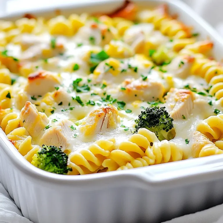 To make Cheesy Chicken Alfredo Bake, you need these simple ingredients: - 2 cups cooked rotini pasta - 2 cups cooked chicken breast, diced - 2 cups broccoli florets, blanched - 1 cup Alfredo sauce (store-bought or homemade) - 1 cup mozzarella cheese, shredded - 1/2 cup Parmesan cheese, grated - 1 teaspoon garlic powder - 1 teaspoon Italian seasoning - Salt and pepper to taste - Fresh parsley for garnish If you want to switch things up, you can replace a few ingredients: - Use penne or fusilli pasta instead of rotini. - Swap cooked chicken for turkey or cooked shrimp. - If you don’t have broccoli, try spinach or green beans. - For the Alfredo sauce, you can use a cheese sauce or even a white sauce. - If you want less cheese, cut back on mozzarella or Parmesan. Garnishes can make your dish look nice. Here are a few ideas: - Fresh parsley adds a nice green touch. - A sprinkle of red pepper flakes brings some heat. - Grated cheese on top can make it extra cheesy. - Lemon zest gives a fresh, bright flavor. {{ingredient_image_1}} 1. First, preheat your oven to 375°F (190°C). 2. In a large bowl, mix the cooked rotini pasta, diced chicken, and blanched broccoli. 3. Pour in the Alfredo sauce and stir until everything is coated well. 4. Add garlic powder, Italian seasoning, salt, and pepper. Taste and adjust as needed. 5. Transfer this mixture to a greased baking dish. Spread it evenly across the dish. 6. Top it with shredded mozzarella and grated Parmesan cheese. 1. Cover your baking dish with aluminum foil. 2. Place it in the oven and bake for 20 minutes. 3. After 20 minutes, take off the foil. 4. Bake for another 10 to 15 minutes. Look for bubbly and golden cheese. - Check the cheese: It should be golden and bubbly. - Insert a knife into the center; it should be hot to the touch. - If unsure, bake for a few more minutes. You want it cooked through. To make a great Alfredo sauce, use high-quality butter and heavy cream. Start with two tablespoons of butter in a pan. Melt it over medium heat. Then, add one cup of heavy cream. Stir well and let it simmer for a few minutes. Next, add one cup of grated Parmesan cheese. Mix until it melts smoothly. For flavor, add garlic powder and a pinch of salt. This sauce makes your Cheesy Chicken Alfredo Bake rich and creamy. Cooking pasta right can make a big difference. Use a large pot of water. Add a pinch of salt to the water to help flavor the pasta. Bring the water to a boil before adding two cups of rotini pasta. Stir the pasta so it doesn’t stick. Cook it for about eight to ten minutes until it is al dente. Drain the pasta but keep a cup of the water. You can use this later to adjust the sauce if needed. Golden cheese on top adds extra flavor and looks great. Use a mix of mozzarella and Parmesan cheese. Sprinkle them evenly over the pasta before baking. Bake the dish covered for the first 20 minutes. Then, take off the foil and bake it for another 10 to 15 minutes. This allows the cheese to bubble and turn golden. Keep an eye on it, so it doesn’t burn. For a fun twist, broil it for one to two minutes to get an even crispier top. Pro Tips Use Rotini Pasta: The spiral shape of rotini holds onto the Alfredo sauce better than other pasta types, ensuring every bite is creamy and delicious. Blanch Broccoli: Blanching the broccoli before adding it to the bake helps to preserve its vibrant color and crisp texture, making it a perfect complement to the creamy dish. Cheese Variations: Feel free to experiment with different types of cheese, such as cheddar or gouda, to create a unique flavor profile that suits your taste. Let it Rest: Allowing the dish to sit for a few minutes after baking helps the flavors meld together and makes it easier to serve. {{image_2}} You can add more veggies to your Cheesy Chicken Alfredo Bake. Try diced bell peppers, spinach, or zucchini. These veggies bring color and flavor. They also add important vitamins. Make sure to blanch the vegetables before mixing them in. This step helps keep their bright color and crisp texture. If you want to mix things up, try other proteins. You can use shrimp, turkey, or even tofu. These options change the flavor of the dish. If you use shrimp, cook them until pink. For turkey, use cooked and shredded meat. Tofu should be pressed and diced. Cheese is key in this bake. While mozzarella and Parmesan are classic choices, you can explore more. Try using Gouda for a smoky flavor or cheddar for extra sharpness. Cream cheese can make the dish creamier. Mix different cheeses together for a unique taste. The result will be a dish that is fun and tasty! If you have leftovers of the Cheesy Chicken Alfredo Bake, store them in an airtight container. Place the container in the fridge. The dish stays fresh for up to three days. Make sure to let it cool before sealing. This keeps the dish tasty and safe to eat later. To reheat your Alfredo bake, take it out of the fridge. You can use the oven or the microwave. For the oven, heat it at 350°F (175°C) for about 15-20 minutes. Cover it with foil to keep it moist. If using a microwave, heat in short bursts, stirring in between. Make sure it is hot all the way through. You can freeze this dish for later meals. Place the cooled Alfredo bake in a freezer-safe container. It can last up to two months in the freezer. When you are ready to eat, thaw it in the fridge overnight. Then reheating it is easy! Just follow the reheating instructions to warm it up. Yes, you can use homemade Alfredo sauce. Making it fresh adds a rich taste. A simple blend of cream, butter, and cheese makes a great sauce. You can adjust flavors to fit your taste. If you want a kick, add more garlic or herbs. This choice can boost the dish’s flavor. Homemade sauce can also be a fun cooking project. To make this dish healthier, swap regular pasta for whole wheat rotini. You can also add more veggies, like spinach or bell peppers. Using low-fat cheese can cut some calories. Consider using grilled chicken instead of fried chicken for less fat. You can even reduce the amount of sauce to lower the fat content. These small changes can keep the dish tasty and nutritious. Cheesy Chicken Alfredo Bake pairs well with a fresh salad. A simple green salad with a light dressing works great. You can also serve it with garlic bread for a tasty side. Roasted vegetables add color and nutrition to the meal. Lastly, a glass of white wine can complement the flavors nicely. Choose your sides based on what you like best! This blog post covered the key parts of making a Cheesy Chicken Alfredo Bake. We looked at ingredients and options for substitutions. You learned step-by-step instructions, tips for perfect pasta, and how to check for doneness. We also explored variations for different tastes. Finally, I laid out storage tips for leftovers. Now, you can enjoy making and sharing this dish with ease. Happy cooking!