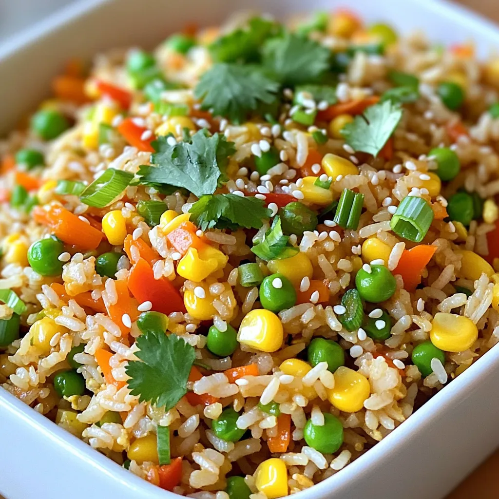 To create this tasty meal, you will need a few key items: - 2 cups cooked jasmine rice (best if it’s day-old) - 1 cup mixed vegetables (like carrots, peas, bell peppers, and corn) - 2 tablespoons vegetable oil - 3 green onions, sliced - 2 cloves garlic, minced - 1 teaspoon ginger, grated - 2 tablespoons soy sauce - 1 tablespoon sesame oil - 1 large egg, lightly beaten (optional) - Salt and pepper to taste - Fresh cilantro for garnish (optional) - Sesame seeds for garnish (optional) These ingredients combine to give you a dish full of flavor and texture. You can add a few more items to boost the taste: - Red pepper flakes for heat - A splash of rice vinegar for tang - Chopped nuts for crunch, like cashews or peanuts Feel free to get creative with what you have on hand! If you want a vegan version, simply skip the egg. You can also use tofu for protein. Here’s how: - Replace the egg with ½ cup of firm tofu, crumbled - Use tamari instead of soy sauce for a gluten-free option These swaps keep it delicious and plant-based. Enjoy your cooking! To make great fried rice, start with the rice. If you have day-old jasmine rice, use that. It separates better and has a nice texture. If you only have fresh rice, spread it on a baking sheet. Let it cool for a bit. This helps the grains stay loose. Clumps can ruin the dish. Next, heat 2 tablespoons of vegetable oil in a large skillet or wok. Use medium-high heat. Once the oil is hot, add 2 minced garlic cloves and 1 teaspoon of grated ginger. Sauté them for about 30 seconds. You want them to smell great, but be careful not to burn them. Burning garlic can make the dish bitter. Now, it’s time for the fun part! Add 1 cup of mixed vegetables, like carrots, peas, bell peppers, and corn, along with 3 sliced green onions. Stir-fry for 2 to 3 minutes. You want the veggies to get warm and slightly tender but still crunchy. Then, increase the heat to high and add your cooked rice. Use a spatula to break any clumps. Mix it well with the veggies. Pour in 2 tablespoons of soy sauce and 1 tablespoon of sesame oil. Stir everything together to coat the rice evenly. Taste it and add salt and pepper if needed. If you want to use an egg, push the rice to one side of the skillet. Pour the lightly beaten egg into the other side and scramble it. Once cooked, mix it into the rice. Give it a final stir-fry for about a minute. This lets the flavors blend nicely. Remove it from the heat. For a nice touch, garnish with fresh cilantro and sesame seeds if you like. Serve it hot for a quick, tasty meal! The best rice for veggie fried rice is jasmine rice. It has a great texture and flavor. Day-old rice works best. It dries out a bit, which helps keep the grains separate. Freshly cooked rice can be too sticky. If you must use it, let it cool first. To avoid sticky rice, use a few tricks. First, rinse the rice before cooking. This removes excess starch. Second, spread the cooked rice on a baking sheet. Let it cool for at least 30 minutes. This keeps the grains from clumping together. Finally, always stir-fry the rice over high heat. This helps it fry instead of steam. Timing is key for quick veggie fried rice. Prepare all your ingredients before you start cooking. Chop your vegetables and slice the green onions first. This saves time when you cook. Use a large skillet or wok to heat the oil quickly. Stir-fry the garlic and ginger for just 30 seconds. Then add the veggies right away. This keeps everything fresh and bright. {{image_2}} You can easily add protein to Minute Veggie Fried Rice. Tofu is a great choice for a plant-based meal. Use firm tofu for the best texture. Cut it into small cubes. Sauté it in oil until golden brown. This adds flavor and protein. If you prefer chicken, use boneless pieces. Cook the chicken first in the skillet. Make sure it is cooked through before adding veggies. Both options enhance the dish and make it more filling. Feel free to mix up the vegetables. You can use broccoli, zucchini, or snap peas. Each adds its own taste and crunch. Frozen vegetables work too; they save time and are easy to use. Just make sure to sauté them well. This keeps them colorful and fresh. The more colors you add, the more fun the dish looks! If you like spice, add chili paste or sriracha. Start with a small amount. You can always add more if you want extra heat. Mix it in with the soy sauce for a spicy kick. You can also add sliced jalapeños for texture and flavor. This variation is perfect for those who enjoy bold flavors. Spice it up, and you’ll love the new twist! To keep your leftover fried rice fresh, place it in an airtight container. Let the rice cool down before sealing it. This helps prevent moisture buildup. Store the container in the fridge. It will last for about three to four days. When you are ready to eat it, you can reheat it quickly. To reheat, use a microwave or stovetop. If using a microwave, place the rice in a bowl. Add a splash of water to keep it moist. Cover the bowl with a lid or a damp paper towel. Heat for one to two minutes, stirring halfway through. On the stovetop, add a bit of oil or water to a pan. Heat over medium heat, stirring until hot. This keeps the rice from drying out. You can freeze fried rice for later meals. First, let it cool completely. Then, pack it into freezer-safe bags or containers. Press out as much air as you can. Label the bags with the date. Fried rice can be stored in the freezer for up to three months. To use, thaw it in the fridge overnight. Reheat it using the methods listed above. Yes, you can use fresh rice, but it may not be as good. Fresh rice can be sticky and clump together. To fix this, spread the rice on a baking sheet. Let it cool for about 30 minutes. This helps the grains to separate better. To make this fried rice gluten-free, you need to use gluten-free soy sauce. Look for tamari sauce, which is a great option. Check the label to ensure it is gluten-free. You can also replace soy sauce with coconut aminos for a different flavor. You can add many sauces to fried rice. Here are some tasty options: - Hoisin sauce for a sweet touch. - Sriracha for a spicy kick. - Oyster sauce for a rich flavor. - Teriyaki sauce for a sweet and savory mix. Feel free to mix and match sauces to find what you like best! This blog post covered everything you need for Minute Veggie Fried Rice. We explored essential and optional ingredients to boost flavor. You learned step-by-step instructions, helpful tips, and tasty variations. I shared how to store, reheat, and freeze your fried rice. Remember, cooking is fun, and you can adapt these recipes to fit your taste. Enjoy experimenting with different flavors and ingredients to make your own special dish. Happy cooking!