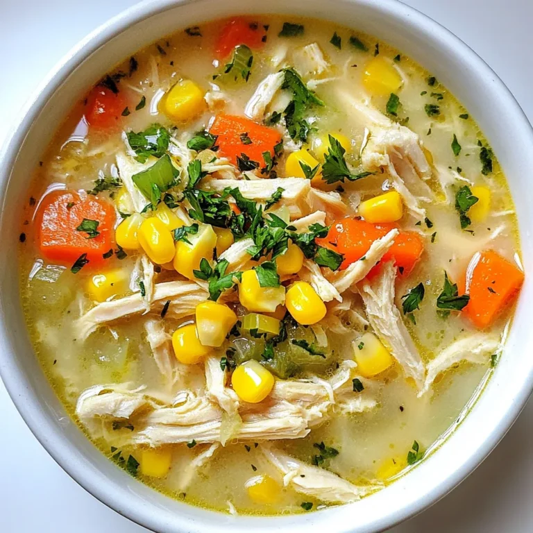 To make Marry Me Chicken Soup, you need fresh and simple ingredients. Here’s a list: - 2 boneless, skinless chicken breasts - 6 cups chicken broth - 1 medium onion, diced - 2 cloves garlic, minced - 2 medium carrots, diced - 2 stalks celery, diced - 1 cup corn kernels (fresh or frozen) - 1 teaspoon dried thyme - 1 teaspoon dried oregano - 1/2 teaspoon red pepper flakes (adjust for heat) - Salt and pepper to taste - 1 cup heavy cream - Fresh parsley, chopped, for garnish These ingredients blend well to create a warm, comforting soup. The chicken gives it a hearty base, while the veggies add flavor and texture. You can enhance the flavor with a few extra seasonings. Fresh herbs like basil or dill work great. A squeeze of lemon juice adds brightness. You might also sprinkle in some grated Parmesan for richness. Don’t forget the fresh parsley! It adds color and freshness when you serve. If you want to change things up, try different proteins. You can use turkey or even shredded rotisserie chicken for ease. For a vegetarian option, swap chicken for chickpeas or mushrooms. Both choices keep the dish hearty and satisfying. {{ingredient_image_1}} First, grab a large pot. Heat a tablespoon of olive oil over medium heat. Add the diced onion. Sauté it for 3-4 minutes. You want it to be clear, not brown. Next, stir in the minced garlic. Cook it for one minute. The smell will be great! Now, add the diced carrots and celery. Cook these for 5-6 minutes. They should soften a bit. Season the mix with thyme, oregano, red pepper flakes, salt, and pepper. Stir it all together well. Now, place the chicken breasts in the pot. Pour in the chicken broth. Bring this mix to a gentle boil. Once boiling, reduce the heat to low. Cover the pot and let it simmer. Cook for 15-20 minutes until the chicken is done. Remove the chicken from the pot. Use two forks to shred the chicken. Return the shredded chicken back into the soup. Next, stir in the corn kernels and heavy cream. Let it simmer for another 5 minutes. Make sure it heats through. Taste the soup and adjust the seasoning if needed. When you are ready to serve, ladle the soup into bowls. Don’t forget to garnish with fresh parsley! Serve the soup with crusty bread for dipping. Enjoy your delicious creation! To shred chicken, start with cooked chicken breasts. Use two forks to pull apart the meat. Hold one fork in each hand. Start at one end and pull the meat apart in long strips. This method makes it easy and quick. Shredded chicken works well in soup. Seasoning is key to great flavor. Use salt and pepper to enhance taste. Dried herbs like thyme and oregano add depth. Start with a small amount, then taste as you go. You can always add more. If you like heat, add red pepper flakes. Adjust the amount to fit your spice level. If you have dietary needs, there are easy swaps. For a dairy-free option, replace heavy cream with coconut milk. This keeps the soup creamy while also being plant-based. If gluten is a concern, check the broth label. Many brands are gluten-free. You can also skip the corn if you prefer. Enjoy the soup your way! Pro Tips Fresh Ingredients: Using fresh vegetables and herbs will enhance the flavor of your soup. Look for vibrant carrots and celery to add a burst of freshness. Adjusting Creaminess: For a lighter soup, you can substitute half of the heavy cream with milk or a dairy-free alternative. This will maintain creaminess without being overly rich. Make It Ahead: This soup tastes even better the next day! Prepare it in advance and let it sit in the fridge overnight for the flavors to meld beautifully. Customize Your Soup: Feel free to add your favorite vegetables, such as peas or bell peppers, for added nutrition and color. Experimenting with different ingredients can create a unique twist! {{image_2}} You can create a vegetarian version of Marry Me Chicken Soup. Start by swapping out the chicken for plant-based protein, like chickpeas or tofu. Use vegetable broth instead of chicken broth for a rich base. This keeps the dish hearty and satisfying. You can also add mushrooms for a meaty texture. To make this soup even healthier, add more veggies. Consider adding spinach, kale, or zucchini. These greens boost vitamins and minerals. You can also throw in bell peppers or green beans. This not only enhances flavor but also adds color and crunch. If you're looking for a lighter soup, try using alternatives to heavy cream. Coconut milk or cashew cream works well for a creamy texture without the calories. You can also use low-fat milk for a lighter version. Each option brings a unique flavor to the dish. Adjust the seasoning based on the cream you choose. Store leftover Marry Me Chicken Soup in an airtight container. Let the soup cool first. This helps keep flavors fresh. Place it in the fridge for up to three days. Label the container with the date. If you need to keep it longer, freezing is the best option. To freeze, divide the soup into smaller portions. Use freezer-safe bags or containers. Make sure to leave some space at the top for expansion. You can freeze the soup for up to three months. When it's time to use it, just thaw it in the fridge overnight. This keeps the flavor intact. Reheat the soup on the stove over medium heat. Stir it often to prevent sticking. You can also use a microwave. Heat in short bursts, stirring in between. This ensures even warming. If the soup seems too thick, add a splash of chicken broth or water. This will help restore the creamy texture. Marry Me Chicken Soup is a creamy, hearty soup. It features tender chicken, fresh veggies, and rich broth. Many say it's a dish that can win anyone's heart. The blend of thyme, oregano, and red pepper gives it a nice flavor. You can enjoy it any day or at a special dinner. This soup warms you up and fills you up with love. Yes, you can make Marry Me Chicken Soup in a slow cooker. Start by adding all the raw ingredients to the pot. This includes the chicken, broth, veggies, and spices. Cook on low for 6-8 hours or high for 3-4 hours. Once the chicken is cooked, shred it in the pot. Then, stir in the heavy cream and corn. Let it warm for another few minutes before serving. This method makes it easy and perfect for busy days. To make the soup spicier, add more red pepper flakes. Start with an extra 1/4 teaspoon and taste as you go. You can also use fresh jalapeños. Dice them and add them along with the other veggies. For a smoky heat, consider adding some chipotle powder. These changes will give your Marry Me Chicken Soup a nice kick! Marry Me Chicken Soup is a tasty dish that everyone can enjoy. You learned about the main ingredients, cooking steps, and tips to perfect your soup. Remember you can customize it for different diets and store it easily. Whether you want to impress someone or just enjoy a warm bowl, this soup is for you. It’s simple, delicious, and full of love. Now, give this recipe a try and make it your own! Enjoy your cooking adventure!