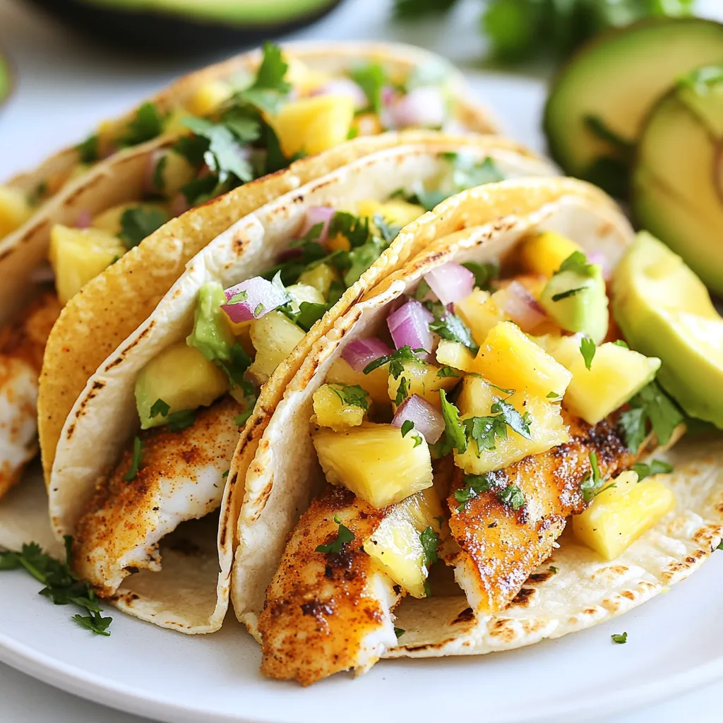 For tasty Pineapple Salsa Fish Tacos, gather these main ingredients: - 1 lb white fish fillets (like tilapia or cod) - 8 small corn tortillas - 1 cup fresh pineapple, finely chopped - 1/2 red onion, finely chopped - 1/4 cup fresh cilantro, chopped - 1 lime, juiced - 1 jalapeño, seeded and minced - 1 avocado, sliced (for serving) These ingredients make each bite fresh and flavorful. The white fish provides a nice base for the dish. The pineapple adds sweetness, while the jalapeño brings heat. You will also need these spices to enhance the flavors: - 1 tablespoon olive oil - 1 teaspoon chili powder - 1 teaspoon cumin - 1/2 teaspoon garlic powder - Salt and pepper to taste These spices create a wonderful blend. The chili powder and cumin give depth, while garlic powder adds a savory note. To make your tacos even better, consider these optional toppings and sides: - Extra lime wedges for drizzling - Sour cream or Greek yogurt for creaminess - Shredded cabbage for crunch These extras add texture and taste. Feel free to mix and match to suit your preferences. Enjoy your cooking adventure! {{ingredient_image_1}} First, I preheat my grill or a non-stick skillet over medium heat. Then, in a bowl, I mix together one tablespoon of olive oil, one teaspoon of chili powder, one teaspoon of cumin, and half a teaspoon of garlic powder. I add salt and pepper to taste. I rub this spice mix onto the fish fillets. I like using white fish like tilapia or cod because they are mild and flaky. Next, I place the prepared fish on the grill or in the skillet. I cook the fish for about three to four minutes on each side. The fish is done when it flakes easily with a fork. Once it’s cooked through, I take it off the heat and set it aside to cool a bit. This step is key for tasty tacos. Now, I make the pineapple salsa. In a mixing bowl, I combine one cup of finely chopped fresh pineapple, half a finely chopped red onion, and a quarter cup of chopped fresh cilantro. I add the juice of one lime and one minced jalapeño. I toss everything well to mix. Letting it sit for a few minutes helps the flavors blend together. This salsa adds a bright, fresh taste to the tacos. When making fish tacos, I prefer using white fish. Fish like tilapia or cod works great. They have a mild taste and cook quickly. Look for fresh fillets with no strong smell. The fish should feel firm and look shiny. Fresh fish makes all the difference in flavor. I love preparing pineapple salsa ahead of time. This lets the flavors blend better. To make it, chop the pineapple, red onion, cilantro, and jalapeño. Mix these in a bowl with lime juice. Cover the bowl and store it in the fridge. You can make it up to a day before serving. Just remember to give it a good stir before using! Warm tortillas are key for tasty tacos. You can warm them in a dry skillet for about 30 seconds on each side. Alternatively, wrap them in a clean towel and microwave for 30 seconds. This keeps them soft and easy to fold. You can also cover them with a towel while you prepare the rest of the meal. This way, they stay warm until you’re ready to serve. Pro Tips Choose the Right Fish: Opt for firm white fish like cod or tilapia that can hold up well in tacos without breaking apart. Fresh Ingredients Matter: Use fresh pineapple and herbs for the salsa to enhance the flavor and brightness of your tacos. Heat Control: If grilling, maintain a medium heat to ensure the fish cooks evenly without burning. Customize Your Salsa: Feel free to add other ingredients like diced bell peppers or mango for additional flavor and texture variations. {{image_2}} You can use various fish for these tacos. Tilapia and cod are great choices. They cook quickly and stay tender. However, you might also try salmon or mahi-mahi. Both add a richer taste. For a fun twist, use shrimp or even grilled tofu for a veggie option. Each fish brings a unique flavor to the dish. The pineapple salsa can be adjusted to fit your taste. For mild salsa, skip the jalapeño. Just use pineapple, onion, cilantro, and lime. If you want spice, add more jalapeño or a pinch of cayenne pepper. You can also try adding diced mango for extra sweetness. The mix of sweet and spicy gives the tacos a fun kick. Corn tortillas are classic for fish tacos. They are soft and flavorful. If you want something different, try flour tortillas. They are thicker and hold more filling. You can even use lettuce wraps for a low-carb option. Each tortilla choice changes the taco experience. Enjoy experimenting to find your favorite style! To store leftover fish tacos, place them in an airtight container. Keep the fish and salsa separate from the tortillas. This helps prevent soggy tortillas. You can store them in the fridge for up to two days. If you want to enjoy them later, wrap the tortillas in plastic wrap to keep them fresh. For the best taste, store pineapple salsa in a sealed container. Keep it in the fridge for up to three days. Make sure to give it a stir before serving. If you notice any liquid at the bottom, drain it off. This keeps the salsa from getting too watery. When it's time to eat, reheat the fish gently. Use a skillet over low heat to warm the fish. This helps keep it moist and flaky. For tortillas, warm them in a dry skillet for about 30 seconds. This brings back their soft texture. Enjoy your tacos fresh and tasty! Yes, you can prepare the salsa ahead of time. This helps the flavors blend well. Store it in the fridge for up to a day. However, I recommend cooking the fish and warming the tortillas just before serving. This keeps the fish fresh and the tortillas soft. White fish works best for tacos. I love tilapia and cod for this recipe. They cook quickly and have a mild flavor. You can also try mahi-mahi or snapper if you want to mix it up. These fish types flake nicely, making them perfect for tacos. To spice things up, add more jalapeño to the salsa. You can also sprinkle extra chili powder on the fish. If you want more heat, try using a spicy salsa or hot sauce as a topping. Adjust the spice to match your taste! Yes, you can use canned pineapple if fresh isn’t available. Just make sure to drain it well. Canned pineapple may be sweeter, so taste the salsa and adjust the lime juice if needed. This way, you still get that great pineapple flavor in your tacos. You learned how to make pineapple salsa fish tacos with easy steps. We covered the main ingredients and spices, plus how to prep and cook the fish. I shared tips on choosing fish and making salsa ahead of time too. Try different fish and toppings for tasty variations. Store any leftovers properly for later enjoyment. With this guide, you can impress anyone at your next meal. Make these tacos and enjoy your cooking adventure!