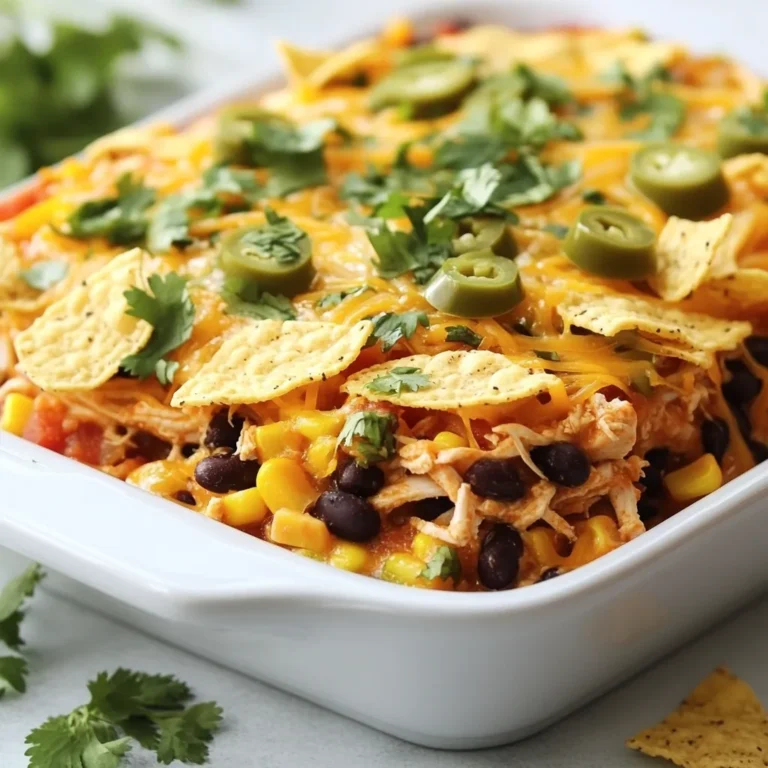 To make a tasty Mexican chicken casserole, you'll need these ingredients: - 2 cups cooked shredded chicken - 1 cup black beans, drained and rinsed - 1 cup corn (fresh or frozen) - 1 can (15 oz) diced tomatoes with green chilies - 1 cup onion, chopped - 1 red bell pepper, diced - 1 teaspoon ground cumin - 1 teaspoon chili powder - 1 teaspoon garlic powder - 1 cup shredded cheddar cheese - 1 cup tortilla chips, crushed - 1/2 cup fresh cilantro, chopped - Salt and pepper to taste - 2 tablespoons olive oil Using high-quality ingredients makes a big difference. Fresh chicken tastes better than frozen. Good tomatoes add rich flavor. Fresh herbs like cilantro bring brightness. Always use fresh spices for the best taste. Quality cheese melts perfectly and gives you a nice texture. For chicken, I love using organic or free-range options. They have better taste and texture. For canned tomatoes, brands like Rotel or Hunt's work well. They add a zesty kick. I prefer Goya for black beans as they are well-seasoned. For cheese, Cabot or Tillamook cheddar gives a great melt. Lastly, choose good-quality tortilla chips, like Tostitos or Mission, as they stay crunchy even in the casserole. {{ingredient_image_1}} First, you need to preheat your oven to 350°F (175°C). This step warms the oven for even cooking. While it heats, grab a 9x13 inch baking dish. You won’t need to grease it, as the cheese will help prevent sticking. Next, heat 2 tablespoons of olive oil in a large skillet over medium heat. Add 1 cup of chopped onion and 1 red bell pepper, diced. Sauté them for about 5 minutes. You want them soft but not brown. Then, stir in 2 cups of cooked shredded chicken, 1 cup of black beans (drained and rinsed), and 1 cup of corn. Add 1 can of diced tomatoes with green chilies too. Sprinkle in 1 teaspoon each of ground cumin, chili powder, garlic powder, salt, and pepper. Mix well and cook for another 5 minutes. This allows the flavors to blend. Now, it’s time to layer. Start by placing half of the crushed tortilla chips evenly at the bottom of the baking dish. Pour the warm chicken mixture over the chips, spreading it out. Top it with the remaining crushed tortilla chips. Finally, sprinkle 1 cup of shredded cheddar cheese over everything. Bake in your preheated oven for 20-25 minutes. The cheese should be bubbly and golden brown when it’s done. Once it's out, let it cool for a few minutes. Don’t forget to garnish with fresh cilantro before serving. Enjoy this tasty meal with your family! To keep your tortilla chips crispy, layer them carefully. Start by adding the first half of the crushed chips on the bottom. Make sure they are dry and fresh. This helps them hold their crunch. You can also bake the chips for a few minutes before using them. This step removes any moisture and makes them even crispier. Avoid pouring too much sauce on the chips. The less liquid, the better. Shredding chicken can be simple. First, let the chicken cool a bit. This makes it easier to handle. Use two forks to pull the chicken apart. You can also use your hands if it’s cool enough. For even faster shredding, try a stand mixer. Just place the chicken in the bowl and mix on low speed. It will shred in seconds. This technique saves time and effort. To add more flavor, use spices wisely. Cumin, chili powder, and garlic powder give great taste. You can also add jalapeños for heat. If you like a smoky flavor, try smoked paprika. Fresh herbs like cilantro brighten the dish. Squeeze fresh lime juice on top for extra zest. Taste as you go. Adjust spices to fit your family's taste. These little tweaks can make a big difference. Pro Tips Use Rotisserie Chicken: For a quick and easy option, use store-bought rotisserie chicken. This saves time and adds extra flavor to your casserole. Customize Your Veggies: Feel free to add or substitute other vegetables like zucchini or spinach to suit your taste or to use up what you have on hand. Make It Spicy: If you enjoy a kick of heat, add some diced jalapeños or a dash of hot sauce to the mixture for an extra layer of flavor. Rest Before Serving: Let the casserole rest for a few minutes after baking. This helps it set and makes it easier to serve. {{image_2}} You can make a great vegetarian version of this casserole. Instead of chicken, use extra black beans or chickpeas. You can add mushrooms for a meaty texture. Use vegetable broth instead of chicken broth if you want more flavor. To make this casserole gluten-free, choose gluten-free tortilla chips. Check the labels on canned goods, like tomatoes and beans, to ensure they are gluten-free. Use corn tortillas instead of chips for a different base. You can change the toppings to fit your taste. Try adding sliced jalapeños for heat. Fresh avocado makes a creamy topping. You can also use sour cream for a cool finish. Add more cheese or even a layer of guacamole for extra flavor. After enjoying your Mexican chicken casserole, store leftovers in an airtight container. Let the casserole cool down first. This helps keep the flavors fresh. Place it in the fridge for up to three days. Label the container with the date to track freshness. To reheat, preheat your oven to 350°F (175°C). Place the casserole in an oven-safe dish. Cover it with foil to prevent drying out. Heat for about 20 minutes until it’s warm. You can also use the microwave. Heat in short bursts of one minute. Stir in between to ensure even heating. You can freeze the casserole for later. Cut it into portions and wrap each piece tightly in plastic wrap. Then, place the wrapped pieces in a freezer-safe bag. It will stay good for up to three months. When ready to eat, thaw in the fridge overnight. Reheat as mentioned above. Enjoy your meal anytime! Yes, you can use rotisserie chicken. It saves time and adds great flavor. Just shred the chicken and mix it with the other ingredients. This way, you skip the cooking step and get a tasty meal fast. You can keep the casserole in the fridge for about three to four days. Just make sure to cover it well. This keeps it fresh and safe to eat. When ready to enjoy, just reheat it until it's hot. Yes, you can make this dish ahead of time. Prepare the casserole and store it in the fridge before baking. Just bake it when you are ready to eat. This makes meal prep easy and fun for busy days. This article covered ingredients, step-by-step cooking, tips, variations, and storage. Choosing quality ingredients is key to a tasty casserole. I outlined easy steps to prep and cook your dish. You gained tips to avoid soggy chips and boost flavor. Plus, I shared ways to customize for dietary needs. In the end, enjoy your cooking journey and make this casserole your own. Great meals bring joy to your table. With these tips, you can create a dish everyone will love. Happy cooking!