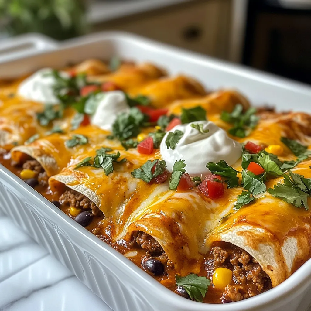 - 1 lb ground beef - 8 small flour tortillas - 2 cups shredded cheese (cheddar or a blend) - 1 small onion, finely chopped - 2 cloves garlic, minced - 1 cup corn kernels (fresh, frozen, or canned) - 1 can (10 oz) enchilada sauce - 1 teaspoon ground cumin - 1 teaspoon chili powder Ground beef forms the heart of these enchiladas. It gives a rich and savory taste. I use small flour tortillas because they roll easily and hold the filling well. Cheese adds creaminess and flavor. I suggest a mix of cheddar and other cheeses for the best taste. For aromatics, finely chopped onions and minced garlic create a fragrant base. They add depth to the filling. Corn brings sweetness and texture, making each bite delightful. Seasoning is key. Enchilada sauce coats everything in flavor. Ground cumin adds warmth, while chili powder gives it a bit of heat. Together, they create a well-rounded taste that makes these enchiladas hard to resist. {{ingredient_image_1}} 1. In a large skillet, add 1 lb of ground beef. 2. Sauté the beef over medium heat. Cook until it is browned, about 5-7 minutes. 3. If there is excess fat, drain it. 4. Next, add 1 small onion, finely chopped, and 2 cloves of minced garlic. 5. Cook for another 2-3 minutes until the onion becomes soft. 1. Stir in 1 can of black beans, drained and rinsed. 2. Add 1 cup of corn kernels, either fresh, frozen, or canned. 3. Mix in ½ can of enchilada sauce, 1 teaspoon of ground cumin, and 1 teaspoon of chili powder. 4. Season with salt and pepper to taste. 5. Stir well and let it simmer for 5 minutes. This helps the flavors blend. 1. Preheat your oven to 375°F (190°C). 2. Warm 8 small flour tortillas in a dry skillet or in the microwave. This makes them easier to roll. 3. In a baking dish, spread a small amount of enchilada sauce on the bottom. 4. Take a tortilla and spoon about ¼ cup of the beef mixture onto it. 5. Sprinkle with cheese, then roll it up. Place it seam-side down in the baking dish. 6. Repeat this process with the remaining tortillas and filling. 7. Once all enchiladas are in the dish, pour the rest of the enchilada sauce on top. 8. Sprinkle with the remaining cheese. 9. Cover the dish with aluminum foil. Bake for 20 minutes. 10. Remove the foil and bake for another 10 minutes until the cheese is bubbly and golden. 11. Let cool for a few minutes before serving. Garnish with chopped cilantro and serve with sour cream. To make your enchiladas burst with flavor, use the right seasonings. Start with salt and pepper. They lay the base for all the other flavors. - Cumin adds a warm taste. - Chili powder gives a nice kick. You can also enhance the flavor by adding fresh lime juice. A splash of lime brightens the dish. Try using smoked paprika for a deeper taste. Soggy tortillas can ruin your enchiladas. To avoid this, warm the tortillas. This makes them soft and easy to roll. - Use a dry skillet to heat them. - Alternatively, you can wrap them in a damp paper towel and microwave them for 20 seconds. For even cooking, bake the enchiladas covered with foil for the first 20 minutes. This traps steam and keeps them moist. Then, remove the foil to let the cheese brown. Enchiladas pair well with simple sides. Try serving them with rice or beans. They add texture and balance the meal. For garnishes, fresh cilantro is a must. It adds color and flavor. You can also use sour cream for a creamy touch. Avocado slices or jalapeños can add a fresh crunch. Enjoy your meal! Pro Tips Use Lean Beef: For a healthier option, choose lean ground beef (at least 90% lean) to reduce excess fat while maintaining flavor. Warm Tortillas: Always warm your tortillas before assembling the enchiladas. This prevents them from tearing and makes them easier to roll. Customize Fillings: Feel free to mix in other vegetables such as bell peppers or zucchini, or swap black beans for pinto or refried beans for a different flavor. Cheese Variations: Experiment with different types of cheese such as Monterey Jack or pepper jack for added flavor and a little kick! {{image_2}} You can easily swap out ground beef for other options. Try using ground turkey or chicken for a lighter meal. If you want a meatless option, consider using lentils or mushrooms. These choices will give your enchiladas great flavor and texture. For a veggie-packed dish, I love using zucchini, bell peppers, or spinach in place of meat. Just sauté the veggies until soft before mixing them into your filling. You’ll enjoy a fresh twist on traditional enchiladas. You can control the heat of your enchiladas with simple changes. For a mild flavor, use less chili powder and choose a mild enchilada sauce. Adding a dollop of sour cream can cool it down as well. If you like it spicy, add jalapeños or use spicy enchilada sauce. You can also mix in diced green chilies or hot sauce. For toppings, try sliced avocado or a sprinkle of crushed red pepper for extra kick. Enchiladas can be served in various ways. You can layer them in a baking dish like a casserole. This method allows all the flavors to blend beautifully. For a fun family meal, serve individual enchiladas on plates. This way, everyone can customize their toppings. You can also make a buffet-style setup with different sauces and toppings for guests to choose from. To keep your enchiladas fresh, store leftovers in the fridge. Place them in an airtight container. They will last for about 3 to 4 days. If you want to keep them longer, freezing is a great option. Wrap each enchilada tightly in plastic wrap, then place them in a freezer-safe bag. This method helps prevent freezer burn. When you're ready to eat your enchiladas, there are a few methods to reheat them. The best way is in the oven. Preheat it to 350°F (175°C). Place the enchiladas in a baking dish. Cover them with foil to keep them moist. Heat for about 20 minutes or until they are hot throughout. You can also reheat them in the microwave. Use a microwave-safe plate, cover them, and heat for 1 to 2 minutes. Check to make sure they are warm all the way through. Enchiladas can last a few days in the fridge. After 3 to 4 days, they may spoil. Signs of spoilage include a sour smell or mold. If you see any of these signs, it’s best to throw them away. If you freeze them, they can last up to 3 months. Just make sure to check for any changes in texture or smell when you thaw them. You can use several tasty substitutes for ground beef. Here are some options: - Ground turkey: This is leaner and has a mild taste. - Ground chicken: Similar to turkey, it is light and healthy. - Black beans: A great choice for a vegetarian option. - Lentils: Cooked lentils add protein and texture. - Mushrooms: Chopped mushrooms offer umami flavor and depth. Each of these will give your enchiladas a unique twist, while still being delicious. Yes, you can prep your enchiladas ahead of time. Here are some tips: - Assemble and refrigerate: You can make the enchiladas and place them in the fridge for up to 24 hours. - Use freezer bags: If you want to freeze them, wrap each enchilada in plastic wrap and place in a bag. - Sauce on the side: Consider adding the sauce just before baking for best results. This makes dinner planning easy and stress-free! You can tell when your enchiladas are ready by looking for these signs: - Bubbling cheese: The cheese on top should be melted and bubbly. - Golden color: The cheese should have a nice golden brown color. - Heat throughout: The enchiladas should feel hot when you poke them. These signs will help ensure your enchiladas are perfectly cooked and ready to serve! In this post, we explored making delicious enchiladas. We covered key ingredients like beef, tortillas, and cheese. I showed you how to prepare the filling and assemble your enchiladas step by step. We also shared tips for perfect flavor and potential ingredient swaps for variety. Remember, the best enchiladas come from fresh ingredients and perfect cooking. Enjoy trying these easy steps in your kitchen; your taste buds will thank you!