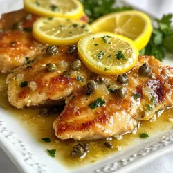 To make Lemon Chicken Piccata, gather these items: - 2 boneless, skinless chicken breasts - 1/2 cup all-purpose flour - 1/2 teaspoon salt - 1/4 teaspoon black pepper - 1/4 teaspoon garlic powder - 2 tablespoons olive oil - 2 tablespoons unsalted butter - 1 cup low-sodium chicken broth - Juice of 1 large lemon (about 3 tablespoons) - 2 tablespoons capers, drained and rinsed Garnishes add beauty and flavor. Try these for a nice touch: - Fresh parsley, chopped - Lemon slices Want to enhance the taste? Consider these options: - Add a pinch of red pepper flakes for heat. - Toss in some fresh herbs like thyme or basil for depth. - Try using white wine instead of chicken broth for a richer sauce. {{ingredient_image_1}} To start, take your chicken breasts and place them between two sheets of plastic wrap. Use a meat mallet to pound them to a uniform thickness of about 1/2 inch. This step is key. It ensures that the chicken cooks evenly. Next, prepare a shallow plate with flour, salt, black pepper, and garlic powder. Mix them well. Dredge each chicken breast in this flour mixture. Shake off any extra flour. Heat a large skillet over medium-high heat. Add the olive oil and one tablespoon of butter. Wait until the pan is hot. Then, add the chicken breasts. Cook each side for about 4-5 minutes. You want them golden brown and fully cooked. Once done, remove the chicken from the skillet and place it on a plate. In the same skillet, pour in the chicken broth, lemon juice, and capers. Bring this mix to a simmer. Make sure to scrape up any flavorful bits stuck to the bottom of the skillet. Let the sauce cook for 3-4 minutes. This reduces the sauce slightly, enhancing its flavor. Return the cooked chicken to the skillet. Let it simmer in the lemon sauce for another 2 minutes. Now, add the remaining tablespoon of butter. Swirl it into the sauce until it melts and blends in. To serve, plate the chicken and spoon the luscious sauce over it. Garnish with fresh parsley and lemon slices for a bright touch. Enjoy your Lemon Chicken Piccata! To get juicy chicken, use boneless, skinless breasts. Pound them to 1/2 inch thick. This helps them cook evenly. Dredge each piece in seasoned flour. It adds flavor and a nice crust. Make sure your skillet is hot before adding the chicken. This gives you a great sear. Cook for 4-5 minutes on each side. Look for a golden brown color. To boost the sauce, use fresh lemon juice. It adds brightness and flavor. You can also add a splash of white wine for depth. If you like spice, add a pinch of red pepper flakes. Capers bring a salty, tangy taste. Rinse them well to remove excess salt. Let the sauce simmer to thicken. This helps marry all the flavors. Serve Lemon Chicken Piccata with pasta or rice. They soak up the tasty sauce well. A side of steamed veggies adds color and nutrition. You can also add a simple salad with a light vinaigrette. For drinks, a chilled white wine pairs beautifully. Don't forget to garnish with fresh parsley and lemon slices. They add a lovely touch! Pro Tips Even Thickness: Pounding the chicken to an even thickness ensures it cooks uniformly, preventing dry spots and retaining moisture. Flour Mixture: Seasoning the flour with salt, pepper, and garlic powder not only enhances the chicken's flavor but also creates a delicious crust when seared. Deglazing the Pan: Scraping up the browned bits from the skillet when making the sauce adds depth and richness to your dish, infusing it with extra flavor. Finish with Butter: Adding the remaining butter at the end helps to create a glossy, velvety sauce that clings beautifully to the chicken. {{image_2}} You can add spinach for a tasty twist. Just wilt fresh spinach in the skillet before making the sauce. This adds color and nutrition. The spinach soaks up the lemon flavor. You get a lovely dish that looks bright and fresh. To make this dish gluten-free, replace the all-purpose flour. Use gluten-free flour or cornstarch instead. This change keeps the texture light and crispy. The taste remains delicious. You can enjoy the same great flavor without worry. Adding more veggies is easy and fun. Try bell peppers, zucchini, or mushrooms. Sauté them in the skillet before the chicken. This gives your meal more vitamins and fiber. Plus, it makes the dish more colorful and inviting. To store leftovers, let the chicken cool first. Place the chicken and sauce in an airtight container. Make sure to separate the sauce from the chicken if possible. This helps keep the chicken from getting soggy. Store the container in the fridge for up to three days. When ready to eat, take the chicken out of the fridge. You can reheat it in the microwave or on the stove. For the microwave, place the chicken on a plate and cover it with a damp paper towel. Heat in short bursts, checking often. If using the stove, warm it in a skillet over low heat. Add a splash of chicken broth to keep it moist. Freezing is a great option too. Wrap each piece of chicken tightly in plastic wrap, then place them in a freezer bag. Remove as much air as possible. You can freeze the sauce separately or together. When frozen, it lasts for up to three months. To thaw, put it in the fridge overnight before reheating. Lemon Chicken Piccata is a bright and tasty dish. It features chicken breasts cooked in a lemony sauce. The sauce includes capers, which add a salty punch. This meal is quick to make and perfect for any night. Yes, you can use chicken thighs instead of breasts. Thighs stay juicy and tender during cooking. They also add a rich flavor to the dish. Just make sure to cook them until they reach 165°F for safety. Lemon Chicken Piccata pairs well with many sides. Here are a few options: - Steamed rice - Garlic mashed potatoes - Roasted vegetables - Simple green salad These sides balance the flavors and make a complete meal. To make the dish less salty, use low-sodium chicken broth. You can also reduce the amount of capers. Rinse the capers well before adding them to the sauce. This will help wash away some salt. Lemon Chicken Piccata is simple and delicious. We talked about the main ingredients, optional garnishes, and flavor tips. You learned how to prepare, cook, and serve chicken, along with making tangy lemon sauce. We covered storage and reheating, too. Try variations, like adding spinach or veggies. Most importantly, enjoy your dish with loved ones. Cooking doesn’t have to be complicated. Be brave and happy in the kitchen!