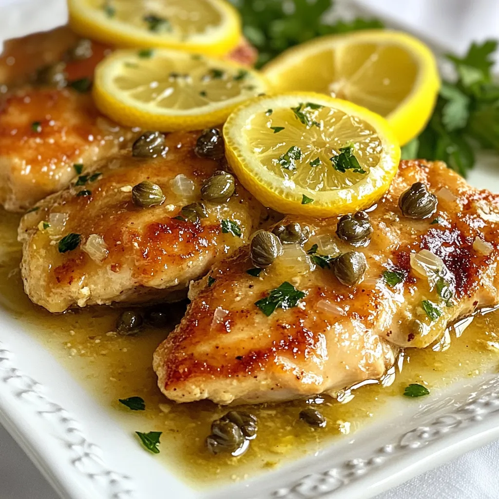 To make Lemon Chicken Piccata, gather these items: - 2 boneless, skinless chicken breasts - 1/2 cup all-purpose flour - 1/2 teaspoon salt - 1/4 teaspoon black pepper - 1/4 teaspoon garlic powder - 2 tablespoons olive oil - 2 tablespoons unsalted butter - 1 cup low-sodium chicken broth - Juice of 1 large lemon (about 3 tablespoons) - 2 tablespoons capers, drained and rinsed Garnishes add beauty and flavor. Try these for a nice touch: - Fresh parsley, chopped - Lemon slices Want to enhance the taste? Consider these options: - Add a pinch of red pepper flakes for heat. - Toss in some fresh herbs like thyme or basil for depth. - Try using white wine instead of chicken broth for a richer sauce. {{ingredient_image_1}} To start, take your chicken breasts and place them between two sheets of plastic wrap. Use a meat mallet to pound them to a uniform thickness of about 1/2 inch. This step is key. It ensures that the chicken cooks evenly. Next, prepare a shallow plate with flour, salt, black pepper, and garlic powder. Mix them well. Dredge each chicken breast in this flour mixture. Shake off any extra flour. Heat a large skillet over medium-high heat. Add the olive oil and one tablespoon of butter. Wait until the pan is hot. Then, add the chicken breasts. Cook each side for about 4-5 minutes. You want them golden brown and fully cooked. Once done, remove the chicken from the skillet and place it on a plate. In the same skillet, pour in the chicken broth, lemon juice, and capers. Bring this mix to a simmer. Make sure to scrape up any flavorful bits stuck to the bottom of the skillet. Let the sauce cook for 3-4 minutes. This reduces the sauce slightly, enhancing its flavor. Return the cooked chicken to the skillet. Let it simmer in the lemon sauce for another 2 minutes. Now, add the remaining tablespoon of butter. Swirl it into the sauce until it melts and blends in. To serve, plate the chicken and spoon the luscious sauce over it. Garnish with fresh parsley and lemon slices for a bright touch. Enjoy your Lemon Chicken Piccata! To get juicy chicken, use boneless, skinless breasts. Pound them to 1/2 inch thick. This helps them cook evenly. Dredge each piece in seasoned flour. It adds flavor and a nice crust. Make sure your skillet is hot before adding the chicken. This gives you a great sear. Cook for 4-5 minutes on each side. Look for a golden brown color. To boost the sauce, use fresh lemon juice. It adds brightness and flavor. You can also add a splash of white wine for depth. If you like spice, add a pinch of red pepper flakes. Capers bring a salty, tangy taste. Rinse them well to remove excess salt. Let the sauce simmer to thicken. This helps marry all the flavors. Serve Lemon Chicken Piccata with pasta or rice. They soak up the tasty sauce well. A side of steamed veggies adds color and nutrition. You can also add a simple salad with a light vinaigrette. For drinks, a chilled white wine pairs beautifully. Don't forget to garnish with fresh parsley and lemon slices. They add a lovely touch! Pro Tips Even Thickness: Pounding the chicken to an even thickness ensures it cooks uniformly, preventing dry spots and retaining moisture. Flour Mixture: Seasoning the flour with salt, pepper, and garlic powder not only enhances the chicken's flavor but also creates a delicious crust when seared. Deglazing the Pan: Scraping up the browned bits from the skillet when making the sauce adds depth and richness to your dish, infusing it with extra flavor. Finish with Butter: Adding the remaining butter at the end helps to create a glossy, velvety sauce that clings beautifully to the chicken. {{image_2}} You can add spinach for a tasty twist. Just wilt fresh spinach in the skillet before making the sauce. This adds color and nutrition. The spinach soaks up the lemon flavor. You get a lovely dish that looks bright and fresh. To make this dish gluten-free, replace the all-purpose flour. Use gluten-free flour or cornstarch instead. This change keeps the texture light and crispy. The taste remains delicious. You can enjoy the same great flavor without worry. Adding more veggies is easy and fun. Try bell peppers, zucchini, or mushrooms. Sauté them in the skillet before the chicken. This gives your meal more vitamins and fiber. Plus, it makes the dish more colorful and inviting. To store leftovers, let the chicken cool first. Place the chicken and sauce in an airtight container. Make sure to separate the sauce from the chicken if possible. This helps keep the chicken from getting soggy. Store the container in the fridge for up to three days. When ready to eat, take the chicken out of the fridge. You can reheat it in the microwave or on the stove. For the microwave, place the chicken on a plate and cover it with a damp paper towel. Heat in short bursts, checking often. If using the stove, warm it in a skillet over low heat. Add a splash of chicken broth to keep it moist. Freezing is a great option too. Wrap each piece of chicken tightly in plastic wrap, then place them in a freezer bag. Remove as much air as possible. You can freeze the sauce separately or together. When frozen, it lasts for up to three months. To thaw, put it in the fridge overnight before reheating. Lemon Chicken Piccata is a bright and tasty dish. It features chicken breasts cooked in a lemony sauce. The sauce includes capers, which add a salty punch. This meal is quick to make and perfect for any night. Yes, you can use chicken thighs instead of breasts. Thighs stay juicy and tender during cooking. They also add a rich flavor to the dish. Just make sure to cook them until they reach 165°F for safety. Lemon Chicken Piccata pairs well with many sides. Here are a few options: - Steamed rice - Garlic mashed potatoes - Roasted vegetables - Simple green salad These sides balance the flavors and make a complete meal. To make the dish less salty, use low-sodium chicken broth. You can also reduce the amount of capers. Rinse the capers well before adding them to the sauce. This will help wash away some salt. Lemon Chicken Piccata is simple and delicious. We talked about the main ingredients, optional garnishes, and flavor tips. You learned how to prepare, cook, and serve chicken, along with making tangy lemon sauce. We covered storage and reheating, too. Try variations, like adding spinach or veggies. Most importantly, enjoy your dish with loved ones. Cooking doesn’t have to be complicated. Be brave and happy in the kitchen!