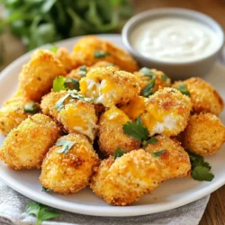 To make Jalapeño Ranch Chicken Poppers, you need: - 1 pound ground chicken - 4 jalapeños, finely diced (seeds removed for less heat) - 1 cup cream cheese, softened - 1/2 cup shredded cheddar cheese - 1/2 cup ranch dressing - 1 teaspoon garlic powder - 1 teaspoon onion powder - 1/2 teaspoon smoked paprika - Salt and pepper to taste - 1 cup panko breadcrumbs - 1 tablespoon olive oil These main ingredients come together to create a creamy and spicy treat. Ground chicken gives the poppers their protein base. The cream cheese adds richness, while the ranch dressing makes it extra tasty. You can jazz up your poppers with some optional add-ins: - Cooked bacon bits for a smoky flavor - Chopped green onions for freshness - Diced bell peppers for extra crunch - A splash of hot sauce for more heat These add-ins can change the taste and texture. They let you customize the poppers to fit your preferences. If you don’t have all the ingredients, here are some easy swaps: - Use ground turkey instead of chicken for a leaner option. - Replace cream cheese with Greek yogurt for a lighter version. - Try different cheeses, like pepper jack or mozzarella, for a twist. These substitutions keep the poppers flavorful while making them fit your needs. {{ingredient_image_1}} Start by gathering all your ingredients. You will need ground chicken, jalapeños, cream cheese, cheddar cheese, ranch dressing, garlic powder, onion powder, smoked paprika, salt, pepper, panko breadcrumbs, and olive oil. 1. Preheat your oven to 375°F (190°C). Line a baking sheet with parchment paper. 2. In a large bowl, mix the ground chicken with the finely diced jalapeños. Make sure to remove the seeds for less heat. 3. Add the softened cream cheese, shredded cheddar cheese, and ranch dressing. 4. Sprinkle in garlic powder, onion powder, smoked paprika, salt, and pepper. 5. Use your hands to mix everything well until combined. 1. Take a tablespoon of the mixture and form small balls or poppers. Place them on the prepared baking sheet. 2. Pour the panko breadcrumbs into a shallow dish. Roll each popper in the breadcrumbs until fully coated. 3. Drizzle olive oil over the poppers or use cooking spray. This helps them brown nicely. 4. Bake in the oven for 20-25 minutes. Look for a golden brown color and a firm texture. Always check the internal temperature before serving. Chicken poppers should reach 165°F (74°C) to be safe to eat. Use a meat thermometer in the center of a popper for accuracy. Enjoy your delicious Jalapeño Ranch Chicken Poppers! To make the best Jalapeño Ranch Chicken Poppers, follow these tips: - Use fresh jalapeños for a bright flavor. - Remove seeds for less heat, or keep some for spice. - Mix the ingredients well to blend the flavors. - Form poppers into even sizes for even cooking. - Don't skip the olive oil; it helps with browning. Serve your poppers hot from the oven. Place them on a large platter. Garnish with fresh cilantro or parsley for a pop of color. You can also drizzle extra ranch dressing over the top for added flavor. These poppers look great and taste even better! These poppers pair well with various dips and sides. Here are some ideas: - Classic ranch dressing for dipping. - Creamy blue cheese dressing for a bold flavor. - Fresh veggies like carrot and celery sticks for crunch. - A side of crispy tortilla chips for extra fun. - Serve with a light salad for balance and freshness. These tips will help you make fantastic Jalapeño Ranch Chicken Poppers that everyone will love! Pro Tips Use Fresh Jalapeños: For the best flavor, use fresh jalapeños instead of canned. This will enhance the overall taste and texture of your poppers. Customize the Heat: To adjust the spiciness, leave some seeds in the jalapeños or substitute with milder peppers like poblano for a less intense heat. Panko for Crunch: Panko breadcrumbs provide a lighter, crunchier coating compared to regular breadcrumbs, giving your poppers the perfect texture. Serve with Dipping Sauce: Enhance the flavor by serving your poppers with extra ranch dressing or your favorite sauce for dipping. It adds an extra layer of deliciousness! {{image_2}} If you love spice, you can amp up the heat in your poppers. Add extra jalapeños, or use spicy varieties like serrano peppers. You can also mix in some crushed red pepper flakes or cayenne pepper. This will give your dish a nice kick. Adjust the spice level based on your taste. Remember, the heat can grow during cooking, so start small. Want a meat-free option? You can swap ground chicken for black beans or lentils. Mash the beans and mix with the cream cheese and spices. This adds a hearty texture. You could also use chopped mushrooms for added flavor. Just sauté them first to reduce moisture and enhance the taste. Cheese lovers can experiment with different types of cheese. Try feta for a tangy twist or pepper jack for more spice. Fresh herbs like cilantro or chives can also elevate the flavor. Mix them into the chicken mixture for a fresh taste. You can even add a splash of lime juice for a zesty kick. Be creative and let your taste buds guide you! After you make your jalapeño ranch chicken poppers, let them cool. Store them in an airtight container. They stay fresh for up to three days in the fridge. If you want to keep them longer, consider freezing. To freeze the poppers, place them on a baking sheet first. Let them freeze for about an hour. Once they are solid, transfer them to a freezer bag. They can last up to three months in the freezer. When ready to eat, you can bake them right from frozen. To reheat, preheat your oven to 375°F (190°C). Place the poppers on a baking sheet. Bake for about 15 minutes or until heated through. This method keeps them crispy. You can also microwave them, but they may lose some crunch. You can prepare these poppers a day in advance. Mix all your ingredients and form the poppers. Place them on a baking sheet and cover with plastic wrap. Store them in the fridge until you're ready to bake. This keeps them fresh and ready for cooking. Just add a few extra minutes to bake time if they are cold from the fridge. Yes, you can bake these poppers without panko. You could use crushed crackers or cornflakes instead. They will give a nice crunch too. If you want, you can skip the breading. The poppers will still taste great without it, but they will not be as crispy. These poppers pair well with many sides. You could serve them with fresh veggies like carrots and celery. A bowl of ranch dressing for dipping adds extra flavor. Chips or crackers can also work well. For a complete meal, serve with a salad or some rice. In this blog post, I covered how to make Jalapeño Ranch Chicken Poppers. We explored the main ingredients, optional add-ins, and substitutions to fit your taste. I provided step-by-step instructions for preparation, cooking, and safety checks. Tips for perfect poppers and serving ideas followed. I also shared variations for spice and vegetarian options. Lastly, we discussed storage and reheating. Now you have all the tools to create delicious poppers. Enjoy experimenting with flavors and serving them at your next gathering!