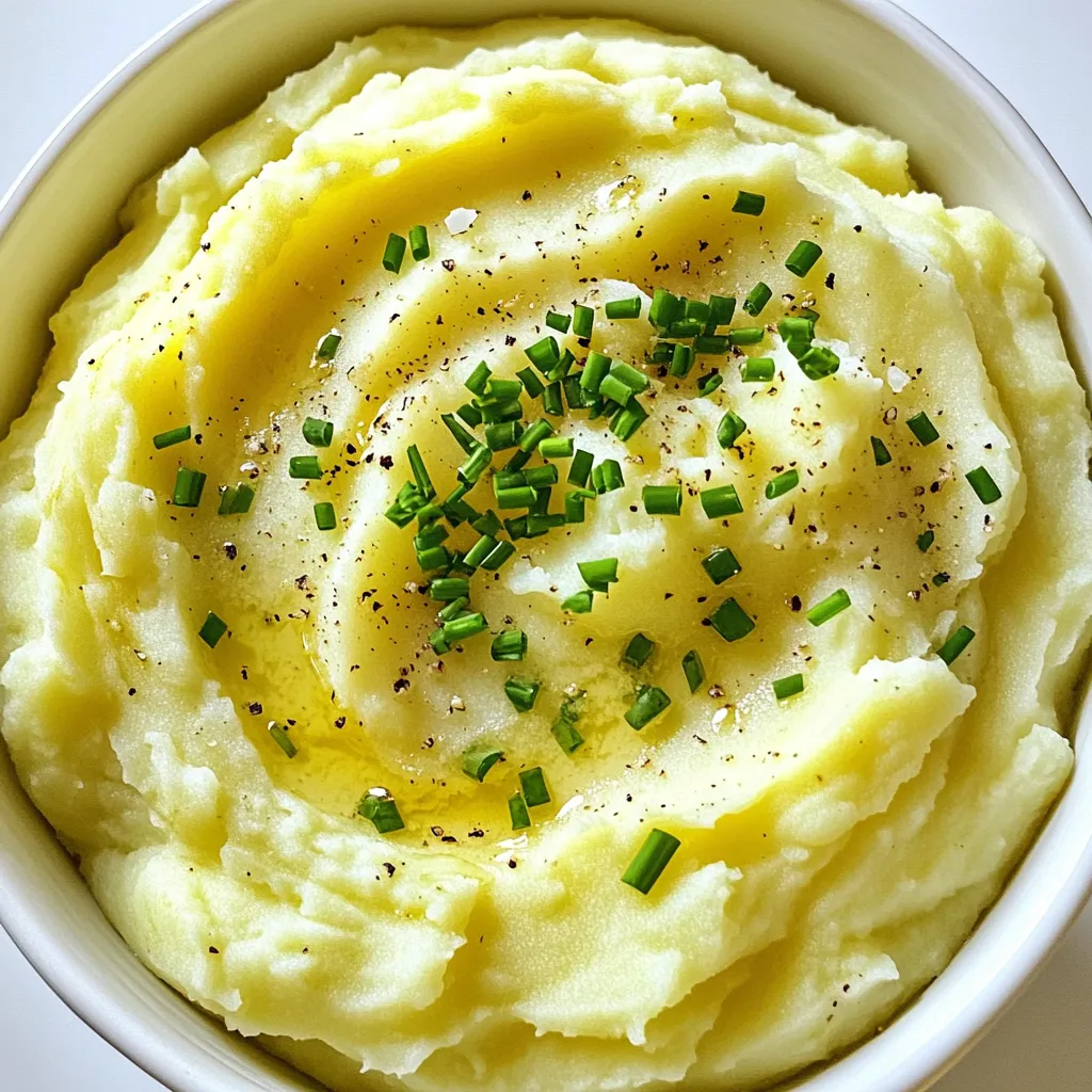 To make creamy roasted garlic mashed potatoes, you will need: - 2 pounds Yukon Gold potatoes, peeled and cubed - 1 whole bulb of garlic - 1/2 cup heavy cream - 1/2 cup unsalted butter (1 stick) - Salt, to taste - Freshly ground black pepper, to taste - 2 tablespoons fresh chives, finely chopped (for garnish) Having the right tools makes the process easier. Here are the tools I recommend: - A large pot for boiling potatoes - A baking dish for roasting garlic - Aluminum foil to wrap the garlic - A potato masher or ricer for mashing - A small saucepan for melting butter and cream - A cutting board and knife for chopping You can modify this recipe based on what you have. Here are some ideas: - Use other potatoes, like Russet, if you can't find Yukon Gold. - Swap heavy cream with milk or a dairy-free option for a lighter dish. - Try olive oil instead of butter for a vegan version. - If you don't have chives, parsley or green onions work well as a garnish. To roast the garlic, first, you need a whole bulb. Slice the top off the bulb. This will show the cloves inside. Drizzle a little olive oil on the top. Wrap the bulb in aluminum foil. Place it in a preheated oven at 400°F (200°C). Let it roast for about 30-35 minutes. The garlic will become soft and golden. This makes it sweet and flavorful. While your garlic roasts, start on the potatoes. Take 2 pounds of Yukon Gold potatoes. Peel and cube them into even pieces. Place the cubed potatoes in a large pot. Cover them with cold water. Add a generous pinch of salt to the water. Bring the pot to a boil over high heat. Cook the potatoes for about 15-20 minutes. They should be fork-tender. Drain the cooked potatoes and return them to the pot. This helps keep them warm. In a small saucepan, melt 1/2 cup of unsalted butter with 1/2 cup of heavy cream. Heat this mixture over low heat until warm. This step makes your mashed potatoes creamy. Next, squeeze the roasted garlic cloves into the potatoes. Discard the skins. Pour in the warm butter and cream mixture. Now, mash the potatoes with a potato masher or a ricer. Mix until they are smooth and creamy. Season with salt and freshly ground black pepper to taste. If you want more creaminess, add a bit more cream or butter. Serve hot and garnish with chopped fresh chives on top. Enjoy this creamy roasted garlic mashed potatoes delight! To make your mashed potatoes creamy, use Yukon Gold potatoes. They have a buttery flavor and smooth texture. Boil them until fork-tender. This should take 15-20 minutes. Drain them well to remove excess water. Add warm butter and heavy cream to the drained potatoes. The warmth helps blend everything smoothly. Mash them until they are creamy. A potato ricer works great for a silky finish. Roasting garlic adds a sweet flavor. Start by preheating your oven to 400°F (200°C). Slice the top off the garlic bulb to expose the cloves. Drizzle a bit of olive oil over it, and wrap it in foil. Roast for 30-35 minutes. The cloves should be soft and golden. Once done, let it cool slightly, then squeeze the roasted garlic out. This gives your mashed potatoes a rich, flavorful punch. Seasoning is key for delicious mashed potatoes. Start with a good amount of salt while boiling the potatoes. This helps them absorb flavor. After mashing, taste and adjust with more salt or freshly ground black pepper. If you want more richness, add extra butter or cream. Fresh chives on top add a nice touch and a bit of color. Always taste as you go to make your perfect mix! {{image_2}} You can make creamy roasted garlic mashed potatoes even better by adding cheese. Try sharp cheddar or creamy goat cheese. Just mix in about one cup of cheese after mashing the potatoes. This adds a rich flavor that you will love. Cheese melts easily, making the potatoes even creamier. Herbs can bring new life to your mashed potatoes. Fresh herbs like rosemary, thyme, or parsley work well. Chop finely and mix them in after mashing. Start with one tablespoon and taste. You can always add more. This gives your dish a fresh and vibrant taste. While Yukon Gold potatoes are great, other types work too. Russet potatoes are fluffy and perfect for mashing. Sweet potatoes give a nice color and flavor twist. You can mix different types for a unique taste. Just keep the cooking time in mind, as some potatoes may take longer. Store leftover creamy roasted garlic mashed potatoes in an airtight container. Keep them in the fridge for up to three days. Before sealing, let them cool to room temperature. This helps to avoid excess moisture, which can change the texture. When reheating, use low heat to keep them creamy. Place the potatoes in a saucepan over low heat. Add a splash of milk or cream to help restore moisture. Stir gently until they are warm. You can also use the microwave. Cover the bowl with a damp paper towel to keep the moisture in. Heat in 30-second intervals, stirring in between. You can freeze creamy mashed potatoes for later use. First, let them cool completely. Then, scoop them into freezer-safe bags or containers. Make sure to remove as much air as possible. Label with the date and freeze for up to two months. To reheat, thaw in the fridge overnight. Then, warm them on the stove or microwave. Add a little cream or butter if needed to restore creaminess. Yes, you can make creamy roasted garlic mashed potatoes ahead of time. Prepare the dish fully and store it in an airtight container in the fridge. When you are ready to serve, just reheat them on the stove or in the oven. Add a splash of cream or milk to keep them creamy. Yukon Gold potatoes work best for creamy mashed potatoes. They have a buttery flavor and a smooth texture. Russet potatoes can also work, but they may be fluffier and less creamy. Stick with Yukon Gold for that perfect richness. If your mashed potatoes are too thick, add more liquid to them. You can use heavy cream, milk, or even chicken broth. Warm the liquid first, then mix it into the potatoes until you reach your desired consistency. Stir gently to keep them creamy. This blog post covered key ingredients and helpful tools to create creamy mashed potatoes. You learned how to prepare garlic and cook potatoes step by step. We discussed tips to achieve the perfect texture and seasoning. Also, I shared variations to enhance flavor and ideas for storage. In the end, mastering this dish brings comfort to your table. Enjoy experimenting, and make it your own!
