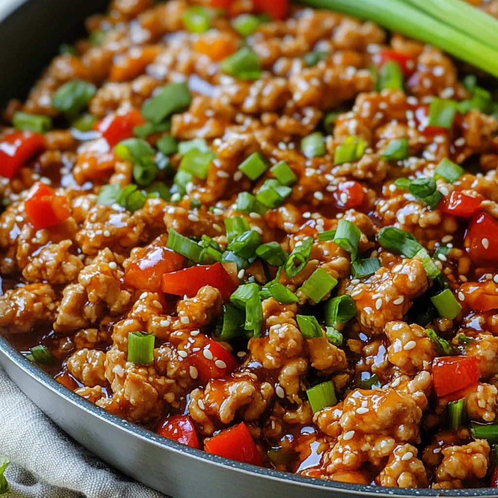 - 1 pound ground chicken - 1 tablespoon sesame oil - 1 red bell pepper, finely chopped - 1 cup green onions, chopped (reserve some for garnish) - 3 cloves garlic, minced - 1 tablespoon fresh ginger, minced - 1-2 tablespoons chili garlic sauce (adjust to taste) - 2 tablespoons soy sauce - 1 tablespoon honey - 1/2 teaspoon salt - 1/4 teaspoon black pepper - 1 tablespoon rice vinegar - 1 tablespoon cornstarch (optional, for thickening) - 1/4 cup water (if using cornstarch) - Sesame seeds for garnish To get the best results, measuring is key. Use a dry measuring cup for solids and a liquid measuring cup for liquids. For powders like cornstarch, use a spoon to scoop and level it off. Prep all ingredients before you start cooking. Chop the bell pepper and green onions ahead of time. Mince the garlic and ginger, too. This way, you save time and keep the cooking process smooth. If you can’t find ground chicken, try ground turkey or beef as great alternatives. For a vegetarian option, use plant-based ground meat. If you're looking to make it gluten-free, swap soy sauce for tamari. This small change keeps the flavor while meeting dietary needs. {{ingredient_image_1}} Start by heating the sesame oil in a large skillet over medium heat. Add the minced garlic and ginger. Sauté these for about one minute. You want to cook them just until they smell great. This step adds a deep flavor to your dish. The garlic and ginger should not brown too much. You want a light golden color. Next, increase the heat to medium-high. Add 1 pound of ground chicken to your skillet. Cook it until it turns white and is no longer pink. This takes about 5 to 7 minutes. Use a spatula to break apart the chicken as it cooks. Make sure to stir it often for even cooking. Proper browning helps create a rich flavor. Once the chicken is cooked, it’s time to mix in the fun flavors. Add the finely chopped red bell pepper and green onions. Save some green onions for garnish later. Then stir in the chili garlic sauce, soy sauce, honey, salt, black pepper, and rice vinegar. Mix all these ingredients well. Let it cook for an additional 3 to 4 minutes. This allows all the flavors to meld together. If you want a thicker sauce, mix cornstarch with water until smooth. Add this to the skillet and cook for 2 more minutes. Stir constantly until the sauce thickens. Now, you have a delicious Firecracker Ground Chicken! - Best practices for even cooking: Heat your skillet well before adding the chicken. This helps cook the meat evenly. Break the chicken apart as it cooks. This step ensures that every piece gets cooked through. Stir often to avoid sticking. - Adjusting spice levels: If you like heat, add more chili garlic sauce. Start with one tablespoon and taste. You can always add more, but it’s hard to take it out. If it’s too spicy, balance it with honey or some extra soy sauce. - Ideal side dishes and accompaniments: Firecracker Ground Chicken pairs well with steamed rice or quinoa. You can also serve it with a fresh salad. These sides help cool the heat and add crunch. - How to plate for presentation: Use a large platter for serving. Spoon the chicken in the center and sprinkle with sesame seeds. Add chopped green onions on top for color. This makes your dish look vibrant and inviting. - Adding additional spices: To boost flavor, try adding a pinch of cumin or paprika. These spices add depth without overpowering. A dash of cayenne can also enhance the heat. - Balancing flavors with sweetness or acidity: If your dish feels too spicy, add a little honey. It brings sweetness that balances the heat. A splash of rice vinegar also adds a nice tang, brightening the overall flavor. Pro Tips Use Fresh Ingredients: Fresh garlic and ginger elevate the dish's flavor profile significantly, making it more aromatic and delicious. Adjust Spice Levels: Feel free to modify the amount of chili garlic sauce to suit your heat preference. Start with less if you're unsure! Thickening the Sauce: If you prefer a thicker sauce, the cornstarch option is great. Mix it well with water before adding it to avoid lumps. Garnish for Presentation: A sprinkle of sesame seeds and additional green onions not only adds flavor but also enhances the visual appeal of the dish. {{image_2}} You can change up the protein in this dish. Turkey works well as a leaner option. It has a mild taste that blends nicely with the spices. Ground beef is another choice. It gives a richer flavor and pairs great with the sauce. If you're looking for vegetarian options, try plant-based ground meat. Many brands offer tasty alternatives that mimic the texture of chicken. You can use these to make a dish everyone will enjoy. Want to make it sweeter? Add more honey for a delightful twist. You can also mix in some pineapple bits for a fruity kick. If you love heat, increase the chili garlic sauce. You can even add fresh chili peppers for an extra spicy punch. You can adjust the heat level based on your taste. A little more sauce can turn it into a fiery feast. If you prefer mild, use less chili sauce. Feel free to swap out the vegetables. Seasonal veggies add fresh color and flavor. Try zucchini, carrots, or snap peas for crunch. These swaps keep the dish exciting and delicious. You can also change the sauces. Try teriyaki sauce for a sweet and savory note. Hoisin sauce adds a unique flavor twist. Each option brings its own charm to the Firecracker Ground Chicken. To keep your Firecracker Ground Chicken fresh, use airtight containers. Make sure to cool it down first. This dish stays good in the fridge for about 3 to 4 days. Always check for any bad smells or changes in texture before eating. If you want to freeze it, place the chicken in a freezer-safe container. Make sure to leave some space for expansion. It can last up to 3 months in the freezer. When you’re ready to eat, thaw it in the fridge overnight. Reheat it in a skillet over medium heat until it’s hot. Leftovers are great for meal prep! You can add the chicken to salads, wraps, or rice bowls. Mix it into a stir-fry for a quick dinner. It also makes a tasty topping for baked potatoes. For lunches, pack it with some veggies for a healthy meal on the go. To boost the heat, add more chili garlic sauce. You can also use fresh chili peppers. Jalapeños work well. Slice them thin and mix them in while cooking. For an extra kick, try adding a pinch of cayenne pepper or red pepper flakes. Adjust these ingredients to suit your taste. Yes, you can use frozen ground chicken. First, thaw it in the fridge overnight. If you’re in a hurry, use the microwave on the defrost setting. Once thawed, cook it right away. Follow the same steps as with fresh chicken. Make sure it’s fully cooked to 165°F for safety. Firecracker Ground Chicken pairs well with rice or noodles. Serve it over steamed jasmine rice for a fragrant touch. You can also try it with stir-fried veggies. A simple side salad adds a nice crunch and freshness. For a fun twist, serve it in lettuce wraps for a light meal. To store leftovers, let them cool down first. Place the chicken in an airtight container. It will last in the fridge for up to three days. If you want to keep it longer, freeze it. Use freezer-safe bags or containers. It can stay good for up to three months. In this blog post, we explored creating flavorful Firecracker Ground Chicken. You learned about the key ingredients, measurement tips, and suitable substitutions. We walked through step-by-step cooking instructions to get the best taste. Plus, you discovered storage methods and meal prep ideas. Experimenting with this recipe opens doors to flavor and creativity in your kitchen. With these tips, you can make a dish that is both delicious and satisfying. Enjoy your cooking journey!