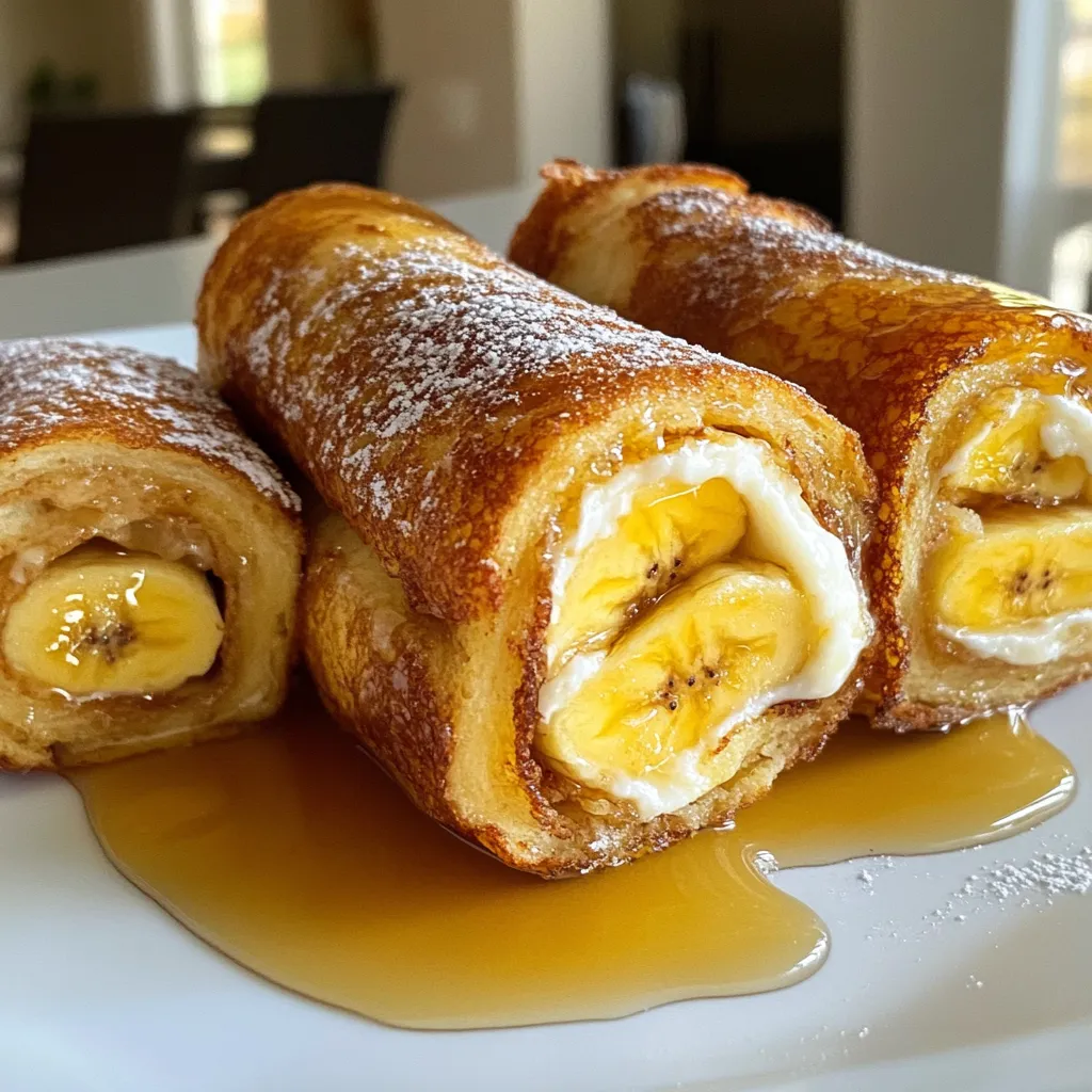 To make French Toast Roll-Ups, gather these key ingredients: - 8 slices of white or whole grain bread - 4 tablespoons cream cheese, softened - 1 medium banana, mashed (or use fruit preserves) - 2 large eggs - 1/4 cup milk (dairy or non-dairy) - 1 teaspoon vanilla extract - 1 teaspoon cinnamon - 2 tablespoons sugar (optional, for sweetness) - 2 tablespoons butter (for frying) - Maple syrup or honey, for serving You can mix things up with these optional ingredients: - Nutella or chocolate spread for a sweet twist - Fresh berries like strawberries or blueberries for a fruity flavor - Peanut butter for a nutty taste - Sliced apples or other fruits for extra texture If you lack some ingredients, try these substitutes: - Use Greek yogurt instead of cream cheese for a tangy flavor. - Swap the banana with apple sauce or any fruit you like. - For the milk, almond milk or oat milk work well. - If you want a vegan option, use flax eggs instead of regular eggs. These ingredients create a tasty treat that you can customize to fit your taste. Enjoy getting creative with your French Toast Roll-Ups! {{ingredient_image_1}} Start by trimming the crusts off the bread slices. This helps the roll-ups stay soft. Use a rolling pin to flatten each slice a bit. This makes rolling easier and keeps the filling inside. In a small bowl, mix the softened cream cheese with the mashed banana. You can also use fruit preserves if you prefer. Mix until it's smooth. Spread a generous tablespoon of this mixture on one side of each slice. Heat a skillet over medium heat. Add one tablespoon of butter and let it melt. While it melts, whisk together the eggs, milk, vanilla, cinnamon, and sugar in a shallow dish. Dip each roll-up in the egg mixture. Make sure each roll is coated but not soaked. Allow any excess to drip off. Place the roll-ups seam-side down in the skillet. Cook for about 2-3 minutes on each side. You want them golden brown and crispy. Once cooked, remove the roll-ups and place them on a paper towel. This helps soak up extra butter. Serve the roll-ups warm with maple syrup or honey. For a fun touch, you can dust them with powdered sugar or add fresh fruit on the side. Enjoy! You can prepare French toast roll-ups ahead of time. First, make the roll-ups as usual. After cooking, let them cool completely. Then, place them in an airtight container. You can freeze them for up to three months. When you want to eat them, simply reheat in the oven at 350°F for about 10-12 minutes. This keeps them crispy and warm. You can cook these roll-ups in several ways. For a crispy outside, frying them in butter works great. If you want a softer texture, try baking them. To bake, preheat your oven to 375°F. Place the roll-ups on a baking sheet and spray with cooking oil. Bake for about 15-20 minutes, flipping halfway through. This gives you a nice golden color without frying. Avoid using bread that is too fresh. Stale bread rolls easier and soaks up the egg mixture better. Don't soak the roll-ups too long in the egg mix. A quick dip is all you need. If the rolls are too wet, they might fall apart. Finally, make sure your skillet is hot enough. If it’s not, you won’t get that nice golden crust. Pro Tips Use Fresh Ingredients: Always use fresh bread and ripe bananas for the best flavor and texture in your French Toast Roll-Ups. Customize Your Filling: Experiment with different fillings like Nutella, strawberry preserves, or peanut butter for a unique twist. Control the Heat: Keep the skillet on medium heat to ensure the roll-ups cook evenly without burning. Adjust the heat as necessary. Make Ahead: Prepare the roll-ups in advance and refrigerate them. Just cook them fresh when you're ready to serve! {{image_2}} You can make your French toast roll-ups even more fun with sweet fillings. Here are a few ideas: - Nutella: Spread a layer of Nutella on the bread for a rich taste. - Strawberries: Mash fresh strawberries or use strawberry jam for a fruity kick. - Peanut butter: Add a layer of peanut butter for a nutty flavor. - Chocolate chips: Sprinkle some chocolate chips inside for a melty treat. - Cinnamon sugar: Mix sugar and cinnamon, then sprinkle it inside for extra sweetness. If you want a savory twist, try these options: - Ham and cheese: Add slices of ham and cheese for a classic combo. - Spinach and feta: Mix fresh spinach and feta cheese for a healthy bite. - Eggs and bacon: Scramble eggs with bacon bits for a hearty option. - Pesto and mozzarella: Spread pesto and add mozzarella for a gourmet touch. - Veggies: Use diced peppers, onions, or mushrooms for a veggie-packed roll-up. Get creative with flavor combinations to impress your family and friends: - Apple pie: Use apple slices with cinnamon and sugar for a pie-like taste. - Tropical: Mix banana with coconut and a touch of pineapple for a tropical vibe. - S'mores: Add chocolate, marshmallows, and graham cracker crumbs for a campfire feel. - Maple bacon: Combine maple syrup with crumbled bacon for a sweet and salty treat. - Matcha: Spread matcha green tea paste for a unique and trendy flavor. Experiment with these ideas to find your favorite roll-up. Each variation brings a new taste and fun to your breakfast or snack time! To store your leftover French toast roll-ups, let them cool first. Place them in an airtight container. You can keep them in the fridge for up to 3 days. If you want to enjoy them later, it is best to wrap each roll-up in plastic wrap before placing them in the container. This keeps them fresh and prevents them from drying out. To reheat your roll-ups, the oven works best. Preheat your oven to 350°F (175°C). Place the roll-ups on a baking sheet lined with parchment paper. Heat for about 10 minutes, or until warm. This method keeps them crispy on the outside. You can also use a microwave. Heat them for about 30 seconds, but they may not stay crispy. If you made too many, you can freeze them! After cooling, wrap each roll-up in plastic wrap. Place them in a freezer-safe bag or container. They can last in the freezer for up to 2 months. When you are ready to eat, thaw them overnight in the fridge. Then, reheat them in the oven for the best taste and texture. Yes, you can use whole wheat bread. It adds a nice flavor and texture. Gluten-free bread works too. Just make sure the slices are soft enough to roll. You can use yogurt or ricotta cheese. Both give a creamy texture. For a sweet twist, try using fruit preserves. Nut butter is another great option. Look for a golden brown color on each side. The roll-ups should feel firm but not hard. If they are crispy and warm, they are ready to eat! Enjoy them with syrup or honey for extra flavor. In this blog post, I covered key ingredients and provided step-by-step instructions for tasty roll-ups. We discussed helpful tips for making ahead and avoiding common mistakes. I also offered sweet and savory filling ideas for unique flavors. Lastly, I shared how to store leftovers properly. These delicious roll-ups are easy to make and great for any meal. Enjoy trying new fillings and cooking methods!