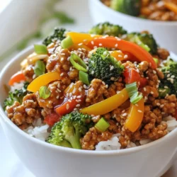 To make a tasty Firecracker Ground Chicken Bowl, you need these key items: - 1 lb ground chicken - 1 tablespoon vegetable oil - 2 cloves garlic, minced - 1 tablespoon ginger, minced - 1 bell pepper, diced (choose red or yellow for sweetness) - 1 cup broccoli florets - 1 carrot, julienned - 1/4 cup soy sauce (low-sodium) - 2 tablespoons honey or maple syrup - 2 tablespoons sriracha (adjust based on how spicy you want it) - 1 tablespoon rice vinegar - 2 green onions, sliced (for garnish) - Sesame seeds (for garnish) - Cooked jasmine rice or quinoa (for serving) These ingredients come together to create a meal that is both simple and full of flavor. The ground chicken is a great base, while the vegetables add color and crunch. You can enhance your bowl with these optional items: - Chopped cilantro for a fresh taste - Crushed peanuts for extra crunch - Additional veggies like snap peas or zucchini - A splash of lime juice for brightness Adding these can take the dish to the next level. Feel free to mix and match based on your taste. If you don’t have something on hand, here are some swaps: - Use turkey or beef instead of ground chicken. - Swap vegetable oil for olive oil or coconut oil. - Replace soy sauce with tamari for gluten-free. - Try agave syrup instead of honey or maple syrup. These substitutions keep the spirit of the dish while accommodating what you have in your kitchen. {{ingredient_image_1}} First, grab a large skillet or wok. Heat one tablespoon of vegetable oil over medium-high heat. Once hot, add one pound of ground chicken. Cook it for about 5-7 minutes. Break it apart with a spatula as it cooks. The chicken is done when it turns brown and there is no pink left. Next, stir in two cloves of minced garlic and one tablespoon of minced ginger. Cook this mix until it smells great, about one minute. Then, add one diced bell pepper, one cup of broccoli florets, and one julienned carrot. Stir-fry these vegetables for about 4-5 minutes. You want them tender but still crisp. In a small bowl, combine a quarter cup of low-sodium soy sauce, two tablespoons of honey or maple syrup, two tablespoons of sriracha, and one tablespoon of rice vinegar. Mix it well. Adjust the sriracha to match your spice level. If you like it hot, add more! Pour the sauce over the chicken and vegetables. Stir everything to coat it well. Let it simmer for an extra 2-3 minutes. This thickens the sauce a bit. Serve your firecracker ground chicken over a bed of cooked jasmine rice or quinoa. For a fun touch, sprinkle sliced green onions and sesame seeds on top. This adds flavor and a nice crunch. Enjoy your meal! To get perfectly tender chicken, cook on medium-high heat. Use a large skillet or wok. Brown the ground chicken well, about 5-7 minutes. Break it apart with a spatula as it cooks. This keeps the texture nice and tender. You control the heat in the Firecracker Bowl. Use less sriracha for a milder dish. If you like it hot, add more sriracha. Taste the sauce before mixing it in. This way, you can adjust the spice to fit your taste. For beautiful bowls, use deep dishes. Start with a layer of jasmine rice or quinoa. Spoon the chicken and veggie mix on top. Garnish with sliced green onions and sesame seeds. This adds color and crunch, making the dish look inviting. Pro Tips Use Fresh Ingredients: Fresh vegetables and herbs enhance flavor and texture, making your bowl more vibrant and delicious. Adjust Heat Level: Customize the spiciness by varying the amount of sriracha or adding fresh chili peppers for a kick. Meal Prep Friendly: This dish stores well in the fridge, making it perfect for meal prep. Reheat and enjoy throughout the week! Experiment with Grains: Swap jasmine rice for brown rice, quinoa, or cauliflower rice to tailor the dish to your dietary preferences. {{image_2}} You can easily make this dish vegetarian or vegan. Swap the ground chicken for plant-based meat. Options like lentils, chickpeas, or tofu work great. For tofu, press it first to remove extra water. Then, crumble it into the pan as you would with chicken. This keeps the texture similar and adds great flavor. Use vegetable broth instead of chicken broth for a richer taste. To make this dish gluten-free, simply use gluten-free soy sauce. Look for tamari sauce, which is a safe choice. Also, check your sriracha brand to ensure it's gluten-free. Serve the meal over rice or quinoa, which are naturally gluten-free. This way, you can enjoy all the flavor without worry. If you want to mix things up, try different proteins. Ground turkey or beef works well in this recipe. You can even use shrimp or diced chicken breast. Cook them the same way you do with ground chicken. Each protein brings its own flavor to the dish. This makes it fun to experiment and find your favorite mix! To keep your firecracker ground chicken bowl fresh, store leftovers in an airtight container. Make sure to let the dish cool down before sealing it. You can keep it in the fridge for up to three days. For best results, separate the chicken mixture from the rice or quinoa. This way, each part stays tasty. When you’re ready to enjoy your leftovers, reheat them carefully. You can use a microwave or a skillet. If using a microwave, cover the bowl to keep moisture in. Heat in short bursts, stirring in between, until warm. If using a skillet, add a splash of water or broth and heat over medium heat. This keeps the chicken moist and flavorful. Freezing is a great option for longer storage. To freeze, place the cooled chicken mixture in a freezer-safe container. Make sure it’s airtight to avoid freezer burn. You can freeze it for up to three months. When you’re ready to eat, let it thaw in the fridge overnight. Then reheat it as mentioned above for the best taste. You can use ground turkey or ground pork. These options give a similar texture. You might also try tofu for a meatless choice. Just press it well to remove extra water. This helps it absorb flavors better. Yes, you can make this dish ahead. Cook the chicken and veggies, then store them in the fridge. It will stay fresh for about three days. When ready to eat, reheat and serve over rice or quinoa. To reduce heat, cut down on sriracha. You can use one tablespoon instead of two. Adding more honey also helps balance the spice. If you want, add extra veggies to dilute the heat. Serve it with a side of steamed greens or a simple salad. You can also try garlic bread or fried rice. These sides complement the bowl’s flavors well. Enjoy a mix of textures and tastes! The Firecracker Ground Chicken Bowl combines tasty ingredients, simple steps, and useful tips. You learned about essential components, how to cook them, and variations for different diets. My final thoughts: this dish is flexible and easy to make. You can adjust flavors to your liking and keep leftovers for later. Enjoy exploring these recipes, and feel confident to make it your own. Happy cooking!