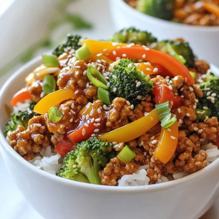 To make a tasty Firecracker Ground Chicken Bowl, you need these key items: - 1 lb ground chicken - 1 tablespoon vegetable oil - 2 cloves garlic, minced - 1 tablespoon ginger, minced - 1 bell pepper, diced (choose red or yellow for sweetness) - 1 cup broccoli florets - 1 carrot, julienned - 1/4 cup soy sauce (low-sodium) - 2 tablespoons honey or maple syrup - 2 tablespoons sriracha (adjust based on how spicy you want it) - 1 tablespoon rice vinegar - 2 green onions, sliced (for garnish) - Sesame seeds (for garnish) - Cooked jasmine rice or quinoa (for serving) These ingredients come together to create a meal that is both simple and full of flavor. The ground chicken is a great base, while the vegetables add color and crunch. You can enhance your bowl with these optional items: - Chopped cilantro for a fresh taste - Crushed peanuts for extra crunch - Additional veggies like snap peas or zucchini - A splash of lime juice for brightness Adding these can take the dish to the next level. Feel free to mix and match based on your taste. If you don’t have something on hand, here are some swaps: - Use turkey or beef instead of ground chicken. - Swap vegetable oil for olive oil or coconut oil. - Replace soy sauce with tamari for gluten-free. - Try agave syrup instead of honey or maple syrup. These substitutions keep the spirit of the dish while accommodating what you have in your kitchen. {{ingredient_image_1}} First, grab a large skillet or wok. Heat one tablespoon of vegetable oil over medium-high heat. Once hot, add one pound of ground chicken. Cook it for about 5-7 minutes. Break it apart with a spatula as it cooks. The chicken is done when it turns brown and there is no pink left. Next, stir in two cloves of minced garlic and one tablespoon of minced ginger. Cook this mix until it smells great, about one minute. Then, add one diced bell pepper, one cup of broccoli florets, and one julienned carrot. Stir-fry these vegetables for about 4-5 minutes. You want them tender but still crisp. In a small bowl, combine a quarter cup of low-sodium soy sauce, two tablespoons of honey or maple syrup, two tablespoons of sriracha, and one tablespoon of rice vinegar. Mix it well. Adjust the sriracha to match your spice level. If you like it hot, add more! Pour the sauce over the chicken and vegetables. Stir everything to coat it well. Let it simmer for an extra 2-3 minutes. This thickens the sauce a bit. Serve your firecracker ground chicken over a bed of cooked jasmine rice or quinoa. For a fun touch, sprinkle sliced green onions and sesame seeds on top. This adds flavor and a nice crunch. Enjoy your meal! To get perfectly tender chicken, cook on medium-high heat. Use a large skillet or wok. Brown the ground chicken well, about 5-7 minutes. Break it apart with a spatula as it cooks. This keeps the texture nice and tender. You control the heat in the Firecracker Bowl. Use less sriracha for a milder dish. If you like it hot, add more sriracha. Taste the sauce before mixing it in. This way, you can adjust the spice to fit your taste. For beautiful bowls, use deep dishes. Start with a layer of jasmine rice or quinoa. Spoon the chicken and veggie mix on top. Garnish with sliced green onions and sesame seeds. This adds color and crunch, making the dish look inviting. Pro Tips Use Fresh Ingredients: Fresh vegetables and herbs enhance flavor and texture, making your bowl more vibrant and delicious. Adjust Heat Level: Customize the spiciness by varying the amount of sriracha or adding fresh chili peppers for a kick. Meal Prep Friendly: This dish stores well in the fridge, making it perfect for meal prep. Reheat and enjoy throughout the week! Experiment with Grains: Swap jasmine rice for brown rice, quinoa, or cauliflower rice to tailor the dish to your dietary preferences. {{image_2}} You can easily make this dish vegetarian or vegan. Swap the ground chicken for plant-based meat. Options like lentils, chickpeas, or tofu work great. For tofu, press it first to remove extra water. Then, crumble it into the pan as you would with chicken. This keeps the texture similar and adds great flavor. Use vegetable broth instead of chicken broth for a richer taste. To make this dish gluten-free, simply use gluten-free soy sauce. Look for tamari sauce, which is a safe choice. Also, check your sriracha brand to ensure it's gluten-free. Serve the meal over rice or quinoa, which are naturally gluten-free. This way, you can enjoy all the flavor without worry. If you want to mix things up, try different proteins. Ground turkey or beef works well in this recipe. You can even use shrimp or diced chicken breast. Cook them the same way you do with ground chicken. Each protein brings its own flavor to the dish. This makes it fun to experiment and find your favorite mix! To keep your firecracker ground chicken bowl fresh, store leftovers in an airtight container. Make sure to let the dish cool down before sealing it. You can keep it in the fridge for up to three days. For best results, separate the chicken mixture from the rice or quinoa. This way, each part stays tasty. When you’re ready to enjoy your leftovers, reheat them carefully. You can use a microwave or a skillet. If using a microwave, cover the bowl to keep moisture in. Heat in short bursts, stirring in between, until warm. If using a skillet, add a splash of water or broth and heat over medium heat. This keeps the chicken moist and flavorful. Freezing is a great option for longer storage. To freeze, place the cooled chicken mixture in a freezer-safe container. Make sure it’s airtight to avoid freezer burn. You can freeze it for up to three months. When you’re ready to eat, let it thaw in the fridge overnight. Then reheat it as mentioned above for the best taste. You can use ground turkey or ground pork. These options give a similar texture. You might also try tofu for a meatless choice. Just press it well to remove extra water. This helps it absorb flavors better. Yes, you can make this dish ahead. Cook the chicken and veggies, then store them in the fridge. It will stay fresh for about three days. When ready to eat, reheat and serve over rice or quinoa. To reduce heat, cut down on sriracha. You can use one tablespoon instead of two. Adding more honey also helps balance the spice. If you want, add extra veggies to dilute the heat. Serve it with a side of steamed greens or a simple salad. You can also try garlic bread or fried rice. These sides complement the bowl’s flavors well. Enjoy a mix of textures and tastes! The Firecracker Ground Chicken Bowl combines tasty ingredients, simple steps, and useful tips. You learned about essential components, how to cook them, and variations for different diets. My final thoughts: this dish is flexible and easy to make. You can adjust flavors to your liking and keep leftovers for later. Enjoy exploring these recipes, and feel confident to make it your own. Happy cooking!