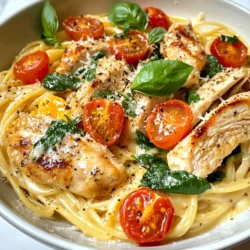 - 2 boneless, skinless chicken breasts - 8 oz spaghetti or fettuccine pasta - 2 tablespoons olive oil - 3 cloves garlic, minced - 1 cup heavy cream - 1 cup grated Parmesan cheese - 1 cup cherry tomatoes, halved - 2 cups fresh spinach - Salt and pepper to taste To create this dish, you'll need key ingredients. First, the chicken provides protein and flavor. I recommend using boneless, skinless breasts for easy cooking. Next, choose your pasta—spaghetti or fettuccine works well. Both types soak up the sauce nicely. The sauce components are vital. Olive oil adds richness. Garlic gives a nice aroma and taste. Heavy cream makes the sauce creamy and smooth. Grated Parmesan cheese adds a wonderful cheesy flavor. Cherry tomatoes bring sweetness, while fresh spinach adds a pop of color and nutrition. Don’t forget to season with salt and pepper to enhance all the flavors. - Fresh Basil - Additional Parmesan Cheese For garnishes, fresh basil leaves add a lovely touch. They give a fresh, herby flavor that brightens the dish. You can also sprinkle more Parmesan cheese on top for extra cheesiness. It looks great and tastes even better! {{ingredient_image_1}} First, grab a large pot. Fill it with water and add salt. Bring the water to a boil. Once boiling, add 8 oz of spaghetti or fettuccine. Cook according to package instructions, usually around 8-10 minutes. You want the pasta to be al dente. After cooking, drain the pasta in a colander. Be sure to save 1 cup of the pasta water for later. While the pasta cooks, it's time to prepare the chicken. Take 2 boneless, skinless chicken breasts and season them with salt and pepper. In a large skillet, heat 2 tablespoons of olive oil over medium heat. Add the chicken and cook for about 6-7 minutes on each side. Look for a golden brown color to know it's done. Once cooked, remove the chicken from the skillet. Let it rest for a few minutes, then slice it into strips. Now, let's make the sauce. In the same skillet, lower the heat to medium-low. Add 3 cloves of minced garlic and sauté for about 30 seconds until you smell its great aroma. Next, pour in 1 cup of heavy cream. Stir it and let it cook for about 2 minutes. This will help thicken the sauce. Slowly add in 1 cup of grated Parmesan cheese. Mix it in until it melts and becomes creamy. If the sauce seems too thick, add some of the reserved pasta water. Do this a little at a time until it reaches your desired thickness. It's time to add some veggies. Toss in 1 cup of halved cherry tomatoes and 2 cups of fresh spinach. Cook until the spinach wilts, which will take just a couple of minutes. Season with salt and pepper to taste. Finally, add the cooked pasta and sliced chicken into the skillet. Gently toss everything together so the pasta and chicken are coated in that creamy cheese sauce. Divide your Cheesy Parmesan Chicken Pasta into bowls. Garnish with fresh basil leaves for a lovely finish. Enjoy your quick and tasty meal! To cook pasta right, use a big pot. Bring salted water to a boil. This helps the pasta taste better. Follow the cooking time on the package closely. Test the pasta for doneness. It should be al dente. This means it is firm but not hard. Always save some pasta water. This water is starchy and helps thicken your sauce. Add it a little at a time to the sauce if it gets too thick. This trick makes your dish silky and smooth. You can add a lot to the sauce to boost flavor. Try adding mushrooms, bell peppers, or zucchini. These veggies add nice taste and nutrition. You can also mix in some crushed red pepper for heat. Adjusting seasoning is key. Taste your sauce as you cook. Add more salt, pepper, or herbs as needed. Fresh herbs like basil or parsley can brighten the dish. They add fresh flavor and a pop of color. For great presentations, serve the pasta in large bowls. Top with extra Parmesan cheese. A sprinkle of cracked black pepper looks nice, too. Pair your dish with warm garlic bread. This side brings a crunchy texture that goes well with the creamy pasta. You can also add a simple salad on the side for freshness. Pro Tips Use Fresh Ingredients: Whenever possible, opt for fresh spinach and ripe cherry tomatoes to enhance the flavor of the dish. Adjust Creaminess: If you prefer a lighter sauce, substitute half of the heavy cream with chicken broth for a deliciously creamy yet lighter version. Perfectly Seasoned Chicken: Marinate the chicken in olive oil, garlic, and Italian herbs for at least 30 minutes prior to cooking for extra flavor. Save the Pasta Water: Always reserve some pasta water before draining; it can be a perfect addition to your sauce for adjusting consistency. {{image_2}} You can easily swap chicken for shrimp or tofu. Shrimp cooks fast. Just add it to the sauce for a few minutes. For tofu, use firm or extra-firm. Cube it and sauté until golden. This gives a nice texture. Both options work well for a yummy meal. For a vegetarian version, focus on hearty veggies. Mushrooms and bell peppers add great flavor. You can even mix in chickpeas for protein. Adjust the sauce to keep it creamy and rich. You don’t have to stick with spaghetti or fettuccine. Try penne or rigatoni for fun shapes. These pasta types hold sauce well. If you need gluten-free options, use brown rice pasta or chickpea pasta. Both work nicely and provide a good bite. If you're looking for a dairy-free sauce, use coconut milk. It adds a different flavor but keeps it creamy. You can also use cashew cream for a rich texture. Feel free to add spices or herbs to change the taste. A pinch of red pepper flakes gives heat. Fresh herbs like thyme or oregano brighten the dish. Experiment to find your perfect flavor balance! To keep your Cheesy Parmesan Chicken Pasta fresh, store it in an airtight container. Glass or plastic containers work well. Let the pasta cool before sealing. In the fridge, it stays good for about 3 to 4 days. If you see any signs of spoilage, like a bad smell or mold, toss it out. You can also freeze this dish! First, let it cool completely. Then, place it in a freezer-safe container. Leave some space at the top for expansion. This meal can last for up to 2 months in the freezer. When you're ready to eat it, thaw it in the fridge overnight. To reheat, warm it on the stove over low heat. Add a splash of water or cream to help it loosen up. Stir often to avoid burning. You can also microwave it in a safe dish, adding moisture as needed. Enjoy your tasty leftovers! Yes, you can make this dish ahead of time. Cook the chicken and pasta as directed. Store them in the fridge in separate containers. You can also prepare the sauce ahead. Just heat it up when you are ready to eat. Add the chicken, pasta, and veggies to the sauce before serving. This way, your meal stays fresh and tasty. To add some heat, try using red pepper flakes. Just sprinkle them into the sauce when you add the garlic. You can also use chopped jalapeños or diced green chilies. For a more intense flavor, add some hot sauce to taste. Taste as you go, and adjust to your heat level. If you don’t have Parmesan cheese, there are great alternatives. You can use Pecorino Romano for a similar flavor. Grated mozzarella can work, too, though it will be milder. Nutritional yeast is a good choice for a dairy-free option. Each will give your dish a unique taste while keeping it creamy. This recipe covers all you need to know for a delicious chicken pasta dish. We explored key ingredients like chicken, pasta, and sauce components. I shared step-by-step cooking tips, from boiling pasta to making a creamy sauce. You can enhance the flavors and present your dish well. Remember, you can easily customize it with different proteins and pasta types. For storage, I provided tips for keeping leftovers fresh. Enjoy creating this meal—it's simple, tasty, and perfect for any occasion.