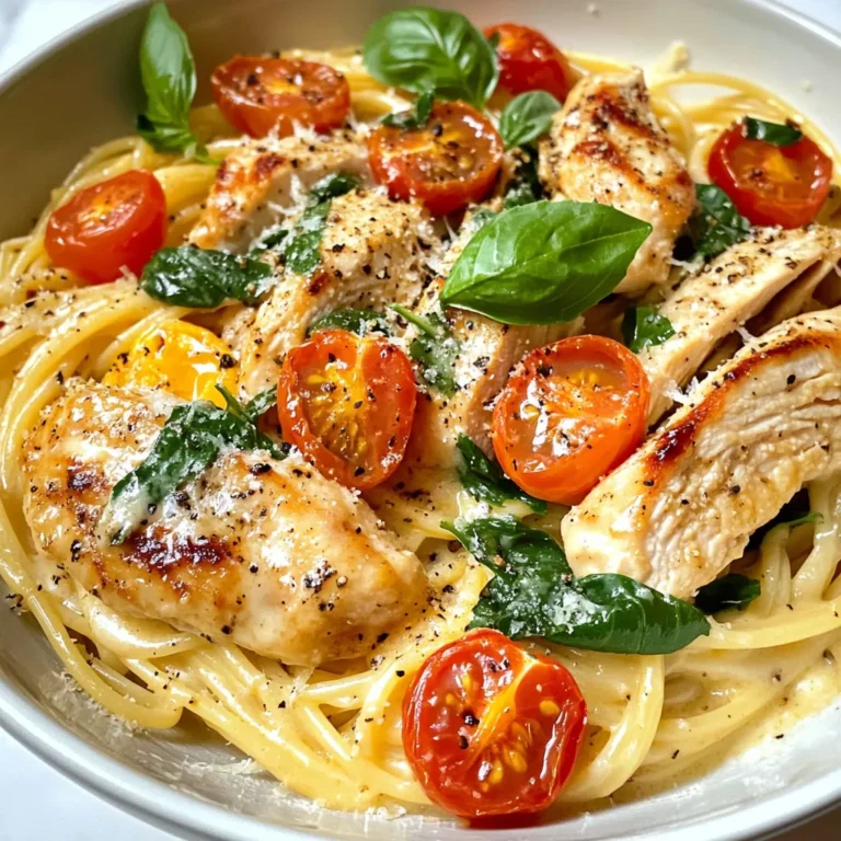 - 2 boneless, skinless chicken breasts - 8 oz spaghetti or fettuccine pasta - 2 tablespoons olive oil - 3 cloves garlic, minced - 1 cup heavy cream - 1 cup grated Parmesan cheese - 1 cup cherry tomatoes, halved - 2 cups fresh spinach - Salt and pepper to taste To create this dish, you'll need key ingredients. First, the chicken provides protein and flavor. I recommend using boneless, skinless breasts for easy cooking. Next, choose your pasta—spaghetti or fettuccine works well. Both types soak up the sauce nicely. The sauce components are vital. Olive oil adds richness. Garlic gives a nice aroma and taste. Heavy cream makes the sauce creamy and smooth. Grated Parmesan cheese adds a wonderful cheesy flavor. Cherry tomatoes bring sweetness, while fresh spinach adds a pop of color and nutrition. Don’t forget to season with salt and pepper to enhance all the flavors. - Fresh Basil - Additional Parmesan Cheese For garnishes, fresh basil leaves add a lovely touch. They give a fresh, herby flavor that brightens the dish. You can also sprinkle more Parmesan cheese on top for extra cheesiness. It looks great and tastes even better! {{ingredient_image_1}} First, grab a large pot. Fill it with water and add salt. Bring the water to a boil. Once boiling, add 8 oz of spaghetti or fettuccine. Cook according to package instructions, usually around 8-10 minutes. You want the pasta to be al dente. After cooking, drain the pasta in a colander. Be sure to save 1 cup of the pasta water for later. While the pasta cooks, it's time to prepare the chicken. Take 2 boneless, skinless chicken breasts and season them with salt and pepper. In a large skillet, heat 2 tablespoons of olive oil over medium heat. Add the chicken and cook for about 6-7 minutes on each side. Look for a golden brown color to know it's done. Once cooked, remove the chicken from the skillet. Let it rest for a few minutes, then slice it into strips. Now, let's make the sauce. In the same skillet, lower the heat to medium-low. Add 3 cloves of minced garlic and sauté for about 30 seconds until you smell its great aroma. Next, pour in 1 cup of heavy cream. Stir it and let it cook for about 2 minutes. This will help thicken the sauce. Slowly add in 1 cup of grated Parmesan cheese. Mix it in until it melts and becomes creamy. If the sauce seems too thick, add some of the reserved pasta water. Do this a little at a time until it reaches your desired thickness. It's time to add some veggies. Toss in 1 cup of halved cherry tomatoes and 2 cups of fresh spinach. Cook until the spinach wilts, which will take just a couple of minutes. Season with salt and pepper to taste. Finally, add the cooked pasta and sliced chicken into the skillet. Gently toss everything together so the pasta and chicken are coated in that creamy cheese sauce. Divide your Cheesy Parmesan Chicken Pasta into bowls. Garnish with fresh basil leaves for a lovely finish. Enjoy your quick and tasty meal! To cook pasta right, use a big pot. Bring salted water to a boil. This helps the pasta taste better. Follow the cooking time on the package closely. Test the pasta for doneness. It should be al dente. This means it is firm but not hard. Always save some pasta water. This water is starchy and helps thicken your sauce. Add it a little at a time to the sauce if it gets too thick. This trick makes your dish silky and smooth. You can add a lot to the sauce to boost flavor. Try adding mushrooms, bell peppers, or zucchini. These veggies add nice taste and nutrition. You can also mix in some crushed red pepper for heat. Adjusting seasoning is key. Taste your sauce as you cook. Add more salt, pepper, or herbs as needed. Fresh herbs like basil or parsley can brighten the dish. They add fresh flavor and a pop of color. For great presentations, serve the pasta in large bowls. Top with extra Parmesan cheese. A sprinkle of cracked black pepper looks nice, too. Pair your dish with warm garlic bread. This side brings a crunchy texture that goes well with the creamy pasta. You can also add a simple salad on the side for freshness. Pro Tips Use Fresh Ingredients: Whenever possible, opt for fresh spinach and ripe cherry tomatoes to enhance the flavor of the dish. Adjust Creaminess: If you prefer a lighter sauce, substitute half of the heavy cream with chicken broth for a deliciously creamy yet lighter version. Perfectly Seasoned Chicken: Marinate the chicken in olive oil, garlic, and Italian herbs for at least 30 minutes prior to cooking for extra flavor. Save the Pasta Water: Always reserve some pasta water before draining; it can be a perfect addition to your sauce for adjusting consistency. {{image_2}} You can easily swap chicken for shrimp or tofu. Shrimp cooks fast. Just add it to the sauce for a few minutes. For tofu, use firm or extra-firm. Cube it and sauté until golden. This gives a nice texture. Both options work well for a yummy meal. For a vegetarian version, focus on hearty veggies. Mushrooms and bell peppers add great flavor. You can even mix in chickpeas for protein. Adjust the sauce to keep it creamy and rich. You don’t have to stick with spaghetti or fettuccine. Try penne or rigatoni for fun shapes. These pasta types hold sauce well. If you need gluten-free options, use brown rice pasta or chickpea pasta. Both work nicely and provide a good bite. If you're looking for a dairy-free sauce, use coconut milk. It adds a different flavor but keeps it creamy. You can also use cashew cream for a rich texture. Feel free to add spices or herbs to change the taste. A pinch of red pepper flakes gives heat. Fresh herbs like thyme or oregano brighten the dish. Experiment to find your perfect flavor balance! To keep your Cheesy Parmesan Chicken Pasta fresh, store it in an airtight container. Glass or plastic containers work well. Let the pasta cool before sealing. In the fridge, it stays good for about 3 to 4 days. If you see any signs of spoilage, like a bad smell or mold, toss it out. You can also freeze this dish! First, let it cool completely. Then, place it in a freezer-safe container. Leave some space at the top for expansion. This meal can last for up to 2 months in the freezer. When you're ready to eat it, thaw it in the fridge overnight. To reheat, warm it on the stove over low heat. Add a splash of water or cream to help it loosen up. Stir often to avoid burning. You can also microwave it in a safe dish, adding moisture as needed. Enjoy your tasty leftovers! Yes, you can make this dish ahead of time. Cook the chicken and pasta as directed. Store them in the fridge in separate containers. You can also prepare the sauce ahead. Just heat it up when you are ready to eat. Add the chicken, pasta, and veggies to the sauce before serving. This way, your meal stays fresh and tasty. To add some heat, try using red pepper flakes. Just sprinkle them into the sauce when you add the garlic. You can also use chopped jalapeños or diced green chilies. For a more intense flavor, add some hot sauce to taste. Taste as you go, and adjust to your heat level. If you don’t have Parmesan cheese, there are great alternatives. You can use Pecorino Romano for a similar flavor. Grated mozzarella can work, too, though it will be milder. Nutritional yeast is a good choice for a dairy-free option. Each will give your dish a unique taste while keeping it creamy. This recipe covers all you need to know for a delicious chicken pasta dish. We explored key ingredients like chicken, pasta, and sauce components. I shared step-by-step cooking tips, from boiling pasta to making a creamy sauce. You can enhance the flavors and present your dish well. Remember, you can easily customize it with different proteins and pasta types. For storage, I provided tips for keeping leftovers fresh. Enjoy creating this meal—it's simple, tasty, and perfect for any occasion.