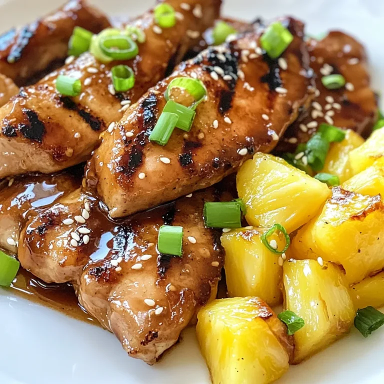- 4 boneless, skinless chicken breasts - 1 cup fresh pineapple chunks - 1/2 cup brown sugar - 1/4 cup low-sodium soy sauce - 2 tablespoons sesame oil - 3 cloves garlic, minced - 1 teaspoon fresh ginger, grated - 1/2 teaspoon black pepper - 2 green onions, finely sliced - Sesame seeds The main ingredients of this dish build a sweet and savory flavor. The chicken provides a great base for the dish. I love to use fresh pineapple chunks for their juicy sweetness. Brown sugar adds a rich, caramel note that pairs well with the soy sauce's saltiness. The additional ingredients enhance the taste profile. Sesame oil gives a nutty flavor, while garlic and ginger add depth. Black pepper adds a subtle kick that balances the sweetness. For garnishing, I always use finely sliced green onions for freshness. The sesame seeds add a nice crunch and a hint of nuttiness. Together, these ingredients create a delicious meal that is both vibrant and satisfying. Enjoy your cooking! {{ingredient_image_1}} To start, combine the brown sugar, soy sauce, sesame oil, garlic, ginger, and pepper in a medium bowl. Whisk them together until smooth. This mix will bring a sweet, savory taste to our chicken. Next, place your chicken breasts in a large zip-top bag or a shallow dish. Pour the marinade over the chicken, making sure it all gets coated. Seal the bag or cover your dish, and refrigerate it. Let it sit for at least 30 minutes. If you have extra time, let it marinate for up to 4 hours. This step allows the flavors to soak in. Now, preheat your grill or skillet over medium-high heat. If you’re using a grill, oil the grates lightly. Remove the chicken from the marinade, but don’t toss that marinade just yet. Grill the chicken for about 6-7 minutes on each side. You want it fully cooked, reaching an internal temperature of 165°F (75°C). If you are using a skillet, sear the chicken until it turns golden brown and is cooked through. In the last few minutes of cooking, it’s time to add the pineapple. Place the pineapple chunks on the grill or in the skillet. Caramelizing the pineapple adds a sweet touch that pairs perfectly with the chicken. Once the chicken is done, take it off the heat and let it rest for a few minutes. Slice the chicken, then drizzle it with the reserved marinade. Top it with the caramelized pineapple, green onions, and a sprinkle of sesame seeds. This adds color and extra flavor to your dish. Enjoy your Brown Sugar Pineapple Chicken! For the best flavor, marinate the chicken for at least 30 minutes. If you have more time, let it sit for up to 4 hours. This longer time allows the chicken to soak up all the sweet and savory notes from the marinade. Be sure to keep it in the fridge while it marinates. This keeps the chicken safe and helps the flavors meld. You can choose between grilling or pan-searing the chicken. Grilling gives a smoky flavor and nice grill marks. If you grill, preheat your grill and oil the grates. Grill the chicken for 6-7 minutes on each side. Pan-searing is also great. Heat a skillet with oil and sear until golden brown. Both methods work well, so pick what you enjoy! To check if your chicken is ready, use a meat thermometer. The chicken should reach an internal temperature of 165°F (75°C). If you don’t have a thermometer, cut into the thickest part. The juices should run clear, not pink. Let the chicken rest for a few minutes after cooking. This helps keep the juices inside and makes it tender. Pro Tips Marinate for Maximum Flavor: Allow the chicken to marinate for at least 4 hours, or overnight if possible, to enhance the flavor and tenderness. Use Fresh Pineapple: Fresh pineapple will give you a better flavor and texture compared to canned. It also helps to tenderize the chicken. Ensure Even Cooking: Flatten the chicken breasts slightly for even cooking. This helps them cook through at the same rate, preventing dryness. Thickening the Marinade: Always simmer the reserved marinade before serving to ensure it is safe to eat and to concentrate the flavors. {{image_2}} You can swap chicken for other proteins. Tofu is a great option. It soaks up flavors well. Use firm or extra-firm tofu. Cut it into cubes and marinate just like chicken. Shrimp is another tasty choice. They cook quickly and add a nice seafood twist. Grill or sauté shrimp until pink and firm. To boost the flavor, consider adding spices. A pinch of cayenne pepper adds heat. If you like it sweet, add a splash of pineapple juice. You can also mix in some paprika for a smoky taste. Fresh herbs, like cilantro or basil, can brighten the dish. Experiment with these to find your favorite combo. Serve Brown Sugar Pineapple Chicken with tasty sides. Steamed rice absorbs the sauce well. You can also try coconut rice for a tropical feel. Roasted vegetables add color and nutrition to your plate. Grilled asparagus or bell peppers pair nicely. If you want a crunch, serve with a fresh salad. To store cooked chicken, let it cool first. Place the chicken in an airtight container. You can keep it in the fridge for up to four days. Make sure to cover it well to keep it fresh. This helps maintain its flavor and texture. When reheating chicken, avoid drying it out. The best method is using the oven. Preheat your oven to 350°F (175°C). Place the chicken in a baking dish and cover it with foil. Heat for about 15-20 minutes or until warm. You can also use a microwave. Cover the chicken with a damp paper towel. Heat in short bursts until hot. Yes, you can freeze Brown Sugar Pineapple Chicken. Let it cool completely before freezing. Place the chicken in a freezer-safe bag or container. Remove as much air as you can to prevent freezer burn. It will last for about three months in the freezer. When you are ready to enjoy it, thaw it in the fridge overnight. Brown Sugar Pineapple Chicken is a sweet and savory dish. It combines juicy chicken breasts with fresh pineapple and a rich brown sugar marinade. The chicken grills to a golden brown, while the pineapple caramelizes, adding a burst of flavor. The sauce is thick and sticky, enhancing every bite. It’s a fun dish that brings tropical vibes to dinner. Yes, you can prepare this dish ahead of time. Marinate the chicken for up to four hours. This gives the flavors time to soak in. You can also grill or cook the chicken in advance. Store it in the fridge until you are ready to serve. Just reheat gently to maintain its juiciness. To check if the chicken is fully cooked, use a meat thermometer. Insert it into the thickest part of the chicken. It should read at least 165°F (75°C). If you don’t have a thermometer, cut the chicken open. The meat should be white, with no pink inside. This ensures safe eating. If you need a substitute for brown sugar, try using honey or maple syrup. You can also mix granulated sugar with a bit of molasses. This will mimic the flavor of brown sugar. Adjust the amount to taste, as these may change the dish's sweetness. Yes, you can make this dish gluten-free. Use gluten-free soy sauce or tamari instead of regular soy sauce. Always check labels to ensure other ingredients are gluten-free. This way, everyone can enjoy the delicious flavors without worry. This blog post covered how to make tasty Brown Sugar Pineapple Chicken. We discussed ingredients, from chicken and pineapple to flavorful spices. I shared simple steps for marinating, cooking, and serving your dish. You learned tips for the best flavor and cooking techniques. You can switch proteins and find great side dishes too. Remember to store leftovers properly and check for doneness. Enjoy this delicious meal that’s sure to impress. Cook with joy and share it with friends and family.