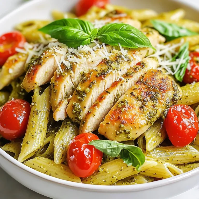 - Pasta options: Penne or Fusilli - Chicken breasts: boneless and skinless - Pesto: store-bought or homemade - Cherry tomatoes: halved - Grated Parmesan cheese: for topping - Olive oil: for cooking - Seasonings: garlic powder, Italian herbs, salt, and pepper - Fresh basil leaves: for garnish - Optional ingredients: lemon juice for brightness To make Pesto Pasta with Parmesan Chicken, start with the right ingredients. You can choose between penne or fusilli pasta. Both types hold the pesto well and make each bite tasty. For the protein, I use boneless, skinless chicken breasts. They cook evenly and blend well with the pesto flavor. You can find them fresh or frozen at your local store. Pesto is key to this dish. You can buy it ready-made or make your own. Homemade pesto gives a fresh taste, but store-bought saves time. Next, grab some cherry tomatoes. Halving them adds a sweet burst of flavor. They cook quickly, making them a great addition. Grated Parmesan cheese is a must for topping. It adds a rich, savory taste that enhances the dish. Olive oil is used for cooking the chicken. It adds flavor and helps the chicken brown nicely. For seasonings, I use garlic powder, Italian herbs, salt, and pepper. These spices add depth to the chicken. Fresh basil leaves are perfect for garnish. They add color and a fresh aroma to your dish. Lastly, lemon juice is optional. A squeeze brightens the flavor and makes it stand out. Gather these ingredients before you start cooking. Having everything ready makes the process smooth and enjoyable. {{ingredient_image_1}} To start, bring a large pot of salted water to a boil. Add 250g of your favorite pasta. I recommend penne or fusilli for this dish. Cook the pasta until it is al dente, which usually takes about 8 to 10 minutes. It should be firm but not hard. Once done, reserve 1/2 cup of the pasta water. This water helps to create a nice sauce. Drain the pasta and set it aside. While the pasta cooks, it's time to prepare the chicken. Take 2 boneless, skinless chicken breasts and season them. Use 1 teaspoon of garlic powder, 1 teaspoon of dried Italian herbs, and salt and pepper to taste. Rub the spices evenly on both sides of the chicken. Next, heat 2 tablespoons of olive oil in a large skillet over medium heat. Add the chicken breasts and cook for 6 to 7 minutes on each side. Look for a golden color, and check that the chicken reaches an internal temperature of 165°F (75°C). Once cooked, remove the chicken from the skillet and let it rest for a few minutes before slicing. In the same skillet, add 1 cup of halved cherry tomatoes. Sauté them for about 2 to 3 minutes until they soften a bit. This step adds a fresh burst of flavor. Now, stir in the reserved pasta and 1/2 cup of pesto. Mix everything well. If the pasta seems dry, add a splash of the reserved pasta water to achieve your desired consistency. Taste and season with more salt and pepper if needed. Now for the best part! Slice the chicken into pieces. Place the sliced chicken on top of the pesto pasta. Sprinkle 1/2 cup of grated Parmesan cheese over everything. For a pop of freshness, garnish with fresh basil leaves. If you like, squeeze a bit of lemon juice over the dish. This step adds brightness and enhances the flavors. Your Pesto Pasta with Parmesan Chicken is now ready to impress! To know when pasta is al dente, taste it a minute or two before the time on the package ends. Al dente means the pasta is firm but not hard. This gives it the best texture. Always reserve some pasta water before draining. This starchy water can help make your sauce creamy. For fresh pesto, you need just a few simple ingredients: - Fresh basil - Garlic - Pine nuts or walnuts - Parmesan cheese - Olive oil Blend these in a food processor. For storage, place pesto in an airtight container. You can drizzle olive oil on top to keep it fresh. It stays good for up to a week in the fridge. Fresh herbs can really boost flavor. Try adding parsley or arugula to your pesto for a twist. You can also use other toppings like: - Grilled veggies - Chickpeas - Sun-dried tomatoes These add nutrition and taste, making your dish even better. Pro Tips Tip Title: Use Fresh Ingredients: Fresh basil and quality Parmesan cheese can elevate the flavors of your dish significantly. Tip Title: Don’t Overcook the Pasta: Cook pasta until al dente to ensure it retains a nice bite and texture when mixed with the sauce. Tip Title: Let Chicken Rest: Allowing the chicken to rest after cooking helps it retain its juices, making it more tender and flavorful. Tip Title: Adjust Consistency with Pasta Water: Reserve pasta water and use it to adjust the sauce's consistency for a creamier texture. {{image_2}} For a vegetarian version of pesto pasta, you can replace the chicken with plant-based options. Tofu or tempeh works great. Simply cube and sauté until golden. You can also use chickpeas for added protein and texture. Add extra vegetables to enhance flavor and nutrition. Consider bell peppers, spinach, or zucchini. These veggies cook quickly and add color to the dish. You can roast them or sauté them in olive oil before mixing with the pasta. If you need a gluten-free option, choose pasta made from brown rice or lentils. These types have great texture and flavor. Cook them according to the package directions. To keep the sauce creamy, you might need to adjust the consistency. If the pesto seems thick, add a splash of the reserved pasta water. This will help it coat the pasta better. You can use various proteins instead of chicken. Shrimp, salmon, or even beef work well in this dish. Each protein has different cooking times. - Shrimp: Cook for about 3-4 minutes per side until pink. - Salmon: Sear for 4-5 minutes per side depending on thickness. - Beef: Cook strips for 5-6 minutes until browned. Feel free to experiment with your favorite proteins. This allows you to customize the dish to your taste. To keep your pesto pasta fresh, store it in an airtight container. This helps prevent it from drying out. You can place it in the fridge for up to three days. If you want to keep it longer, consider freezing it. For freezing, use a freezer-safe container and it will last up to two months. When reheating your pesto pasta, do it gently. Use a skillet on low heat. Add a splash of olive oil or a bit of reserved pasta water to keep it moist. Stir often to avoid sticking. If you're in a rush, the microwave works too. Just cover it with a damp paper towel to lock in moisture. Cooking pesto pasta is quick and easy. You will spend about 10 minutes prepping. The cooking time is around 20 minutes. In total, it takes about 30 minutes from start to finish. This includes cooking the pasta and chicken, plus mixing everything together. Yes, you can use roasted chicken. It saves time and adds great flavor. Just chop the chicken into pieces and mix it with the pasta and pesto. This method cuts down your cooking time, making it super convenient for a busy weeknight meal. Making homemade pesto is simple. You need fresh basil, garlic, nuts, Parmesan cheese, and olive oil. Here’s a quick process: - Blend: Combine 2 cups of fresh basil, 2 cloves of garlic, 1/4 cup of nuts (like pine nuts), and 1/2 cup of Parmesan cheese in a food processor. - Drizzle: While blending, slowly add 1/2 cup of olive oil until smooth. - Season: Add salt and pepper to taste. This fresh pesto adds a burst of flavor to your dish. Yes, you can make this recipe dairy-free. For cheese, use nutritional yeast or a dairy-free cheese alternative. Check the pesto as well. Some store-bought versions contain cheese. You can also make a dairy-free pesto by not adding cheese. Use the same fresh ingredients and enjoy a tasty dish without dairy. To make this flavorful pesto pasta, we covered key ingredients like pasta, chicken, and pesto. I shared simple steps for cooking and mixing everything together. You learned tips for the perfect pasta and enhancing flavors. There are also tasty variations for vegetarians and those needing gluten-free options. In conclusion, this dish is easy to prepare and full of taste. It’s perfect for weeknight dinners or special occasions. Enjoy making it your own, and explore different flavors. Happy cooking!