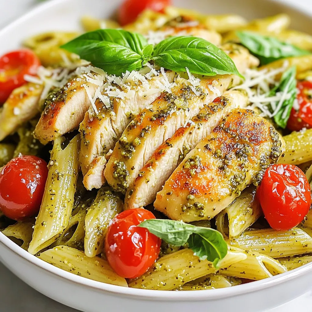 - Pasta options: Penne or Fusilli - Chicken breasts: boneless and skinless - Pesto: store-bought or homemade - Cherry tomatoes: halved - Grated Parmesan cheese: for topping - Olive oil: for cooking - Seasonings: garlic powder, Italian herbs, salt, and pepper - Fresh basil leaves: for garnish - Optional ingredients: lemon juice for brightness To make Pesto Pasta with Parmesan Chicken, start with the right ingredients. You can choose between penne or fusilli pasta. Both types hold the pesto well and make each bite tasty. For the protein, I use boneless, skinless chicken breasts. They cook evenly and blend well with the pesto flavor. You can find them fresh or frozen at your local store. Pesto is key to this dish. You can buy it ready-made or make your own. Homemade pesto gives a fresh taste, but store-bought saves time. Next, grab some cherry tomatoes. Halving them adds a sweet burst of flavor. They cook quickly, making them a great addition. Grated Parmesan cheese is a must for topping. It adds a rich, savory taste that enhances the dish. Olive oil is used for cooking the chicken. It adds flavor and helps the chicken brown nicely. For seasonings, I use garlic powder, Italian herbs, salt, and pepper. These spices add depth to the chicken. Fresh basil leaves are perfect for garnish. They add color and a fresh aroma to your dish. Lastly, lemon juice is optional. A squeeze brightens the flavor and makes it stand out. Gather these ingredients before you start cooking. Having everything ready makes the process smooth and enjoyable. {{ingredient_image_1}} To start, bring a large pot of salted water to a boil. Add 250g of your favorite pasta. I recommend penne or fusilli for this dish. Cook the pasta until it is al dente, which usually takes about 8 to 10 minutes. It should be firm but not hard. Once done, reserve 1/2 cup of the pasta water. This water helps to create a nice sauce. Drain the pasta and set it aside. While the pasta cooks, it's time to prepare the chicken. Take 2 boneless, skinless chicken breasts and season them. Use 1 teaspoon of garlic powder, 1 teaspoon of dried Italian herbs, and salt and pepper to taste. Rub the spices evenly on both sides of the chicken. Next, heat 2 tablespoons of olive oil in a large skillet over medium heat. Add the chicken breasts and cook for 6 to 7 minutes on each side. Look for a golden color, and check that the chicken reaches an internal temperature of 165°F (75°C). Once cooked, remove the chicken from the skillet and let it rest for a few minutes before slicing. In the same skillet, add 1 cup of halved cherry tomatoes. Sauté them for about 2 to 3 minutes until they soften a bit. This step adds a fresh burst of flavor. Now, stir in the reserved pasta and 1/2 cup of pesto. Mix everything well. If the pasta seems dry, add a splash of the reserved pasta water to achieve your desired consistency. Taste and season with more salt and pepper if needed. Now for the best part! Slice the chicken into pieces. Place the sliced chicken on top of the pesto pasta. Sprinkle 1/2 cup of grated Parmesan cheese over everything. For a pop of freshness, garnish with fresh basil leaves. If you like, squeeze a bit of lemon juice over the dish. This step adds brightness and enhances the flavors. Your Pesto Pasta with Parmesan Chicken is now ready to impress! To know when pasta is al dente, taste it a minute or two before the time on the package ends. Al dente means the pasta is firm but not hard. This gives it the best texture. Always reserve some pasta water before draining. This starchy water can help make your sauce creamy. For fresh pesto, you need just a few simple ingredients: - Fresh basil - Garlic - Pine nuts or walnuts - Parmesan cheese - Olive oil Blend these in a food processor. For storage, place pesto in an airtight container. You can drizzle olive oil on top to keep it fresh. It stays good for up to a week in the fridge. Fresh herbs can really boost flavor. Try adding parsley or arugula to your pesto for a twist. You can also use other toppings like: - Grilled veggies - Chickpeas - Sun-dried tomatoes These add nutrition and taste, making your dish even better. Pro Tips Tip Title: Use Fresh Ingredients: Fresh basil and quality Parmesan cheese can elevate the flavors of your dish significantly. Tip Title: Don’t Overcook the Pasta: Cook pasta until al dente to ensure it retains a nice bite and texture when mixed with the sauce. Tip Title: Let Chicken Rest: Allowing the chicken to rest after cooking helps it retain its juices, making it more tender and flavorful. Tip Title: Adjust Consistency with Pasta Water: Reserve pasta water and use it to adjust the sauce's consistency for a creamier texture. {{image_2}} For a vegetarian version of pesto pasta, you can replace the chicken with plant-based options. Tofu or tempeh works great. Simply cube and sauté until golden. You can also use chickpeas for added protein and texture. Add extra vegetables to enhance flavor and nutrition. Consider bell peppers, spinach, or zucchini. These veggies cook quickly and add color to the dish. You can roast them or sauté them in olive oil before mixing with the pasta. If you need a gluten-free option, choose pasta made from brown rice or lentils. These types have great texture and flavor. Cook them according to the package directions. To keep the sauce creamy, you might need to adjust the consistency. If the pesto seems thick, add a splash of the reserved pasta water. This will help it coat the pasta better. You can use various proteins instead of chicken. Shrimp, salmon, or even beef work well in this dish. Each protein has different cooking times. - Shrimp: Cook for about 3-4 minutes per side until pink. - Salmon: Sear for 4-5 minutes per side depending on thickness. - Beef: Cook strips for 5-6 minutes until browned. Feel free to experiment with your favorite proteins. This allows you to customize the dish to your taste. To keep your pesto pasta fresh, store it in an airtight container. This helps prevent it from drying out. You can place it in the fridge for up to three days. If you want to keep it longer, consider freezing it. For freezing, use a freezer-safe container and it will last up to two months. When reheating your pesto pasta, do it gently. Use a skillet on low heat. Add a splash of olive oil or a bit of reserved pasta water to keep it moist. Stir often to avoid sticking. If you're in a rush, the microwave works too. Just cover it with a damp paper towel to lock in moisture. Cooking pesto pasta is quick and easy. You will spend about 10 minutes prepping. The cooking time is around 20 minutes. In total, it takes about 30 minutes from start to finish. This includes cooking the pasta and chicken, plus mixing everything together. Yes, you can use roasted chicken. It saves time and adds great flavor. Just chop the chicken into pieces and mix it with the pasta and pesto. This method cuts down your cooking time, making it super convenient for a busy weeknight meal. Making homemade pesto is simple. You need fresh basil, garlic, nuts, Parmesan cheese, and olive oil. Here’s a quick process: - Blend: Combine 2 cups of fresh basil, 2 cloves of garlic, 1/4 cup of nuts (like pine nuts), and 1/2 cup of Parmesan cheese in a food processor. - Drizzle: While blending, slowly add 1/2 cup of olive oil until smooth. - Season: Add salt and pepper to taste. This fresh pesto adds a burst of flavor to your dish. Yes, you can make this recipe dairy-free. For cheese, use nutritional yeast or a dairy-free cheese alternative. Check the pesto as well. Some store-bought versions contain cheese. You can also make a dairy-free pesto by not adding cheese. Use the same fresh ingredients and enjoy a tasty dish without dairy. To make this flavorful pesto pasta, we covered key ingredients like pasta, chicken, and pesto. I shared simple steps for cooking and mixing everything together. You learned tips for the perfect pasta and enhancing flavors. There are also tasty variations for vegetarians and those needing gluten-free options. In conclusion, this dish is easy to prepare and full of taste. It’s perfect for weeknight dinners or special occasions. Enjoy making it your own, and explore different flavors. Happy cooking!