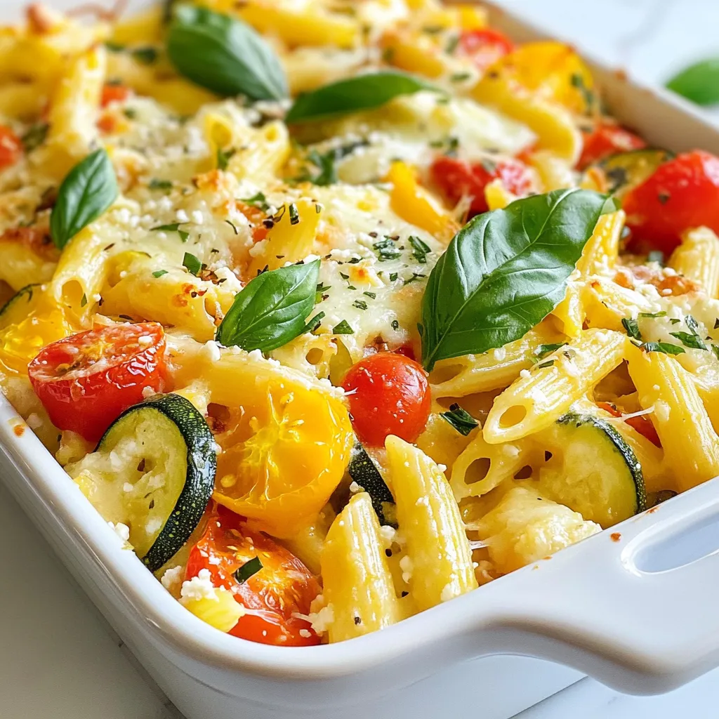 - 8 oz (225g) penne pasta - 1 cup cherry tomatoes, halved - 1 medium zucchini, diced - 1 medium bell pepper, diced - 1 cup spinach, chopped - 1 small red onion, finely chopped - 2 cloves garlic, minced - 1 teaspoon dried oregano - 1 teaspoon dried basil - 1/2 cup feta cheese, crumbled - 1/2 cup shredded mozzarella cheese - 2 tablespoons olive oil - Salt and pepper to taste - 1/4 cup black olives, sliced (optional) - Fresh basil leaves for garnish The main ingredients for this dish are easy to find. The penne pasta forms the base. I love using penne as it holds sauce well. Next, we have fresh vegetables like cherry tomatoes, zucchini, and bell pepper. These add color and flavor. Spinach is a must for added nutrients. I use red onion and garlic for a fragrant kick. Oregano and basil bring a classic Mediterranean taste. For cheese, feta adds tanginess, while mozzarella gives a rich, melty texture. Want a bit more? Black olives are a fun addition. They add depth and a briny taste. Lastly, fresh basil leaves brighten up the dish. This blend of ingredients creates a colorful and tasty pasta bake. {{ingredient_image_1}} - Preheat the Oven Set your oven to 375°F (190°C). This helps the dish cook evenly. - Cook the Pasta Boil a large pot of salted water. Add 8 oz of penne pasta and cook until al dente. This usually takes about 8-10 minutes. Drain and set it aside. - Sauté the Vegetables In a large skillet, heat 2 tablespoons of olive oil over medium heat. Add 1 small finely chopped red onion and 2 minced garlic cloves. Sauté until the onion turns clear, about 3-4 minutes. Next, add 1 medium diced zucchini and 1 diced bell pepper. Cook for 5 minutes until they soften. - Combine Ingredients Stir in 1 cup of halved cherry tomatoes, 1 cup of chopped spinach, 1 teaspoon of dried oregano, and 1 teaspoon of dried basil. Cook for another 3-4 minutes. The spinach should wilt. Season with salt and pepper to taste. In a large bowl, mix the cooked pasta with the sautéed veggies. Add ½ cup of crumbled feta cheese and ¼ cup of sliced black olives if you want. Toss gently to combine. - Transfer to Baking Dish Grease your baking dish. Pour the pasta and veggie mix into it. Top with ½ cup of shredded mozzarella cheese. - Bake Until Golden Place the dish in your preheated oven. Bake for 25-30 minutes until the cheese melts and bubbles. - Cooling and Serving Tips After baking, let it cool for a few minutes. Garnish with fresh basil leaves. This adds a nice pop of color and flavor. Serve in individual portions, topped with extra feta for a beautiful touch. Achieving Perfect Pasta Texture To get the best pasta texture, cook it until al dente. This means it should be firm to the bite. Boil a large pot of salted water, then add the penne pasta. Check the package for timing and taste it a minute early. Drain it well, but save some pasta water. This water can help if your dish becomes too dry. Sautéing Vegetables for Optimal Flavor For great flavor, sauté the vegetables correctly. Start by heating olive oil in a large skillet. Add finely chopped red onion and minced garlic. Cook until the onion is soft and clear. Then, add zucchini and bell pepper. Cook these for about five minutes to soften them. Add cherry tomatoes and spinach, then season with salt, pepper, oregano, and basil. This method builds layers of flavor. Garnishing Ideas To make your dish pop, garnish it with fresh basil leaves. You can also sprinkle extra feta cheese on top. The colors of the herbs and cheese add a nice touch. Serving Suggestions Serve the pasta bake in individual bowls for a nice touch. This makes it easy for guests to dig in. You can pair it with a simple green salad or some crusty bread for a complete meal. Pro Tips Use Seasonal Vegetables: Incorporate whatever vegetables are in season for the freshest flavor and best nutrition. Cheese Variations: Try different cheeses like goat cheese or a blend of Italian cheeses for a unique twist on flavor. Make Ahead: Prepare the pasta bake in advance and store it in the fridge. Just bake it before serving for an easy meal. Spice it Up: Add a pinch of red pepper flakes or a dash of hot sauce for a little kick to your dish. {{image_2}} You can mix and match many veggies in this dish. Try adding: - Mushrooms - Broccoli florets - Carrots, diced - Asparagus, chopped - Eggplant, cubed These swaps add new flavors and nutrition. You can also use frozen veggies if fresh ones are not available. If you want to change the cheese, consider these options: - Goat cheese for tang - Ricotta for creaminess - Vegan cheese for a plant-based option Each cheese brings its own taste and texture to the dish. To make this dish gluten-free, switch to gluten-free penne. Many brands offer tasty options made from rice or quinoa. This keeps the pasta bake enjoyable for everyone. For a vegan version, simply omit the feta and mozzarella. You can use plant-based cheese or add more veggies for creaminess. Nutritional yeast is a great way to add a cheesy flavor without dairy. These variations let you customize the Mediterranean Veggie Pasta Bake to fit your taste and diet. Enjoy trying different combinations! - Best Practices for Refrigeration After your Mediterranean Veggie Pasta Bake cools, cover it tightly. Use plastic wrap or foil to keep it fresh. Store it in the fridge for up to four days. If you have extra, place it in an airtight container. This keeps the flavors intact and stops it from drying out. - Freezing Instructions You can freeze leftovers too! Cut the pasta bake into portions. Wrap each piece in plastic wrap, then place them in a freezer bag. Make sure to label the bag with the date. This will help you remember when you made it. It will stay good for up to three months in the freezer. - Best Methods to Reheat To reheat, the oven works best. Preheat your oven to 350°F (175°C). Place the pasta bake in an oven-safe dish. Cover it with foil to keep it moist. Heat it for about 20-25 minutes. You can also use the microwave for a quick option. Just place a serving on a plate and heat for 1-2 minutes. Check if it’s warm throughout. Enjoy your tasty leftovers! Yes, you can make the Mediterranean Veggie Pasta Bake ahead. Prepare it up to the baking step. Cover it and store it in the fridge. Bake it when you’re ready to eat. You can serve this dish with a fresh salad. A simple green salad pairs well. Bread, like garlic bread, is also a great choice. This pasta bake lasts about three to four days in the fridge. Make sure to store it in an airtight container. Always check for any signs of spoilage before eating. Yes, you can use other pasta shapes. Fusilli or rotini work well. Just adjust the cooking time based on the pasta type. This blog post covers how to make a tasty Mediterranean Veggie Pasta Bake. You learned about the main ingredients and step-by-step cooking methods. Tips and tricks help you master pasta texture and add flavor. Various ingredient swaps and dietary options ensure everyone can enjoy this dish. Don't forget proper storage and reheating methods for leftovers. Enjoy creating your own version of this meal, and share it with family and friends for a fun dining experience.