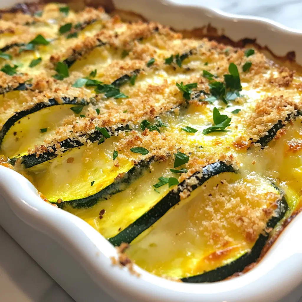 To make a cheesy zucchini bake, gather these key ingredients: - 4 medium zucchinis, sliced into thin rounds - 1 cup shredded mozzarella cheese - 1 cup grated Parmesan cheese - 1 cup ricotta cheese - 2 cloves garlic, minced - 1 teaspoon dried oregano - 1 egg - 1/2 teaspoon salt - 1/4 teaspoon black pepper These ingredients create a creamy and rich layer of flavors. The zucchini adds a nice texture, while the cheeses bring the dish to life. Garlic and oregano give it a warm, savory taste. You can add a few optional ingredients for extra flavor: - 1/2 teaspoon red pepper flakes (for a spicy kick) - 1/2 cup breadcrumbs (for a crunchy topping) - 2 tablespoons fresh parsley, chopped (for garnish) Adding red pepper flakes gives it a nice heat. Breadcrumbs on top create a crispy finish. Fresh parsley adds color and a burst of freshness. To prepare your cheesy zucchini bake, you will need: - A large mixing bowl - A baking dish - A knife and cutting board - A small bowl for breadcrumbs - Aluminum foil These tools make your cooking smooth and easy. A good baking dish helps achieve even cooking. The mixing bowl is perfect for creating your cheese mixture. {{ingredient_image_1}} Start by washing your zucchinis under cold water. Cut off the ends, then slice them into thin rounds. You want them even for cooking. In a big bowl, mix the ricotta cheese, half of the mozzarella cheese, and half of the Parmesan cheese. Add in the minced garlic, egg, oregano, salt, black pepper, and red pepper flakes if you like heat. Stir this mix until it's smooth and creamy. Grab a baking dish and lightly grease it. Lay down a layer of zucchini slices at the bottom. Use enough to cover the dish. Spread half of your cheese mixture over this layer of zucchini. Repeat this process with the remaining zucchini and cheese mix. Make sure each layer is even. Finally, sprinkle the rest of the mozzarella and Parmesan cheese on top. This will give it a nice, cheesy crust. Preheat your oven to 375°F (190°C). Cover your baking dish with aluminum foil. Bake it for 25 minutes to let the flavors blend. After 25 minutes, take off the foil. Bake it for another 15 to 20 minutes. Keep an eye on it; you want it golden and bubbly on top. Once done, let it cool for a bit before slicing. Garnish with fresh parsley for a pop of color. Enjoy your cheesy treat! When picking zucchini, look for firm ones. They should feel heavy for their size. A shiny skin shows freshness. Avoid ones with soft spots or wrinkles. Smaller zucchinis taste sweeter and have fewer seeds. Aim for zucchinis that are about 6 to 8 inches long. These will give you the best flavor for your cheesy zucchini bake. To get that ooey-gooey cheese melt, use a mix of cheeses. I love using mozzarella for stretch and Parmesan for great flavor. Grate your cheese instead of using pre-shredded packs. Freshly grated cheese melts better. Layer the cheese on top of the zucchini bake, but save some for the end. This way, you get a golden, bubbly crust that everyone will love. You can prep this dish a day early. Just follow the recipe until you’re ready to bake. Cover your dish with foil and store it in the fridge. When you’re ready, bake it right from the fridge. You may need to add a few extra minutes to the bake time. This saves time and still gives you that fresh taste. Enjoy a tasty meal without the rush! Pro Tips Use Fresh Zucchini: Fresh zucchinis will give you the best flavor and texture. Look for ones that are firm and free of blemishes. Layering Technique: For even cooking, alternate layers of zucchini and cheese mixture, ensuring each layer is spread evenly to allow the flavors to meld. Breadcrumbs for Crunch: Adding breadcrumbs mixed with olive oil on top gives a delightful crunch. You can also use panko for an extra crispy topping! Rest Before Serving: Allow the dish to cool for about 10 minutes before slicing. This helps the layers set and makes for neater slices. {{image_2}} You can boost the protein in your cheesy zucchini bake by adding chicken or ground beef. Cook the meat before mixing it in. Shredded rotisserie chicken works great. For ground beef, brown it in a pan and drain the fat. Mix it with the cheese mixture. This adds a hearty touch and makes the dish more filling. If you want to keep it vegetarian, you can add spinach or mushrooms. Fresh spinach wilts down nicely. Just stir it into the cheese mix. For mushrooms, slice them and sauté until soft. Mix them into the layers for extra flavor. This adds nutrients and keeps the dish fresh. To make this dish gluten-free, swap the breadcrumbs. Use crushed gluten-free crackers or ground almonds instead. You can also try gluten-free panko. These options give a nice crunch on top. Always check labels to ensure they fit your diet needs. To keep your cheesy zucchini bake fresh, let it cool. Once cool, cover it tightly with plastic wrap or foil. You can also place it in an airtight container. Store it in the fridge for up to three days. This way, you can enjoy the tasty dish later! Reheat your cheesy zucchini bake for the best taste. Preheat your oven to 350°F (175°C). Place the bake in an oven-safe dish. Cover it with foil to keep it moist. Heat for about 15-20 minutes until warm. You can also reheat it in the microwave. Just heat it in short bursts to avoid drying it out. Freezing cheesy zucchini bake is easy. First, let it cool completely. Cut it into portions for easy serving. Wrap each piece tightly in plastic wrap. Then, place the wrapped pieces in a freezer bag. Use it within three months for the best flavor. When ready to eat, thaw it overnight in the fridge before reheating. Yes, you can use many types of cheese. Cheddar adds a nice sharp taste. Gouda gives a creamy touch. You might like a mix of cheeses for extra flavor. Just keep the cheese amounts similar to the recipe. This way, the bake stays creamy and tasty. To spice it up, add more red pepper flakes. You can also add diced jalapeños for a kick. If you want a smoky flavor, try chipotle powder. Adjust the spice level to your taste. Start with a little and add more as you like. Cheesy Zucchini Bake pairs well with a fresh green salad. A simple side of roasted veggies works great too. You could also serve it with crusty bread for a hearty meal. For a light touch, add a dollop of yogurt or sour cream on the side. This blog post covered all you need for a Cheesy Zucchini Bake. We discussed key and optional ingredients. You learned how to prep, layer, and bake it perfectly. Useful tips showed how to pick zucchini and make it ahead. Variations included flavorful proteins and veggies. I also shared how to store and reheat leftovers. Now, you have the tools to create a tasty dish. Enjoy experimenting with flavors and sharing it your way!