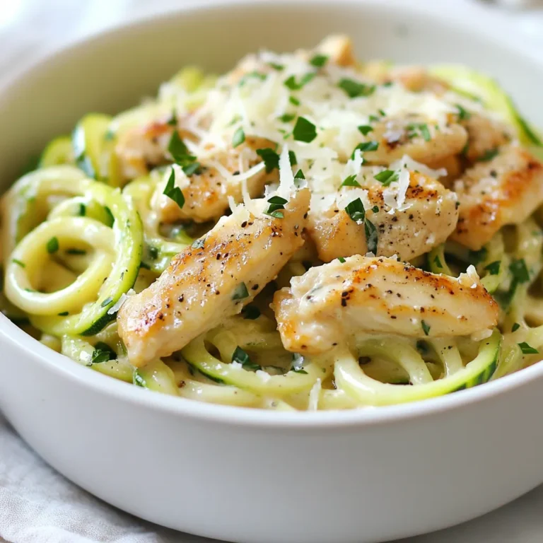 To make Chicken Alfredo Zoodles, you will need the following ingredients: - 2 medium zucchini, spiralized into zoodles - 1 lb (450g) boneless, skinless chicken breast, sliced into strips - 2 tablespoons olive oil - 2 cloves garlic, minced - 1 cup heavy cream - 1/2 cup grated Parmesan cheese - 1/4 teaspoon nutmeg - Salt and pepper to taste - Fresh parsley, chopped for garnish These ingredients come together to create a creamy, rich dish. The zoodles serve as a healthy base, while the chicken adds protein. You can enhance the flavors with these optional ingredients: - Red pepper flakes for heat - Fresh basil for a herbaceous note - Lemon zest for brightness - Mushrooms for added earthiness Adding any of these will elevate your dish. Each ingredient brings its own unique taste. Understanding the nutrition in your meal can help you make better choices. Here’s a quick breakdown: - Zucchini: Low in calories and high in fiber. - Chicken Breast: Lean protein source, great for muscle health. - Olive Oil: Healthy fats that support heart health. - Heavy Cream: Adds richness but is high in calories. - Parmesan Cheese: Source of calcium and flavor. This meal balances protein, healthy fats, and veggies. It's a satisfying and nutritious choice for any dinner. {{ingredient_image_1}} Start by heating 2 tablespoons of olive oil in a large skillet. Use medium-high heat for the best results. Add the sliced chicken breast to the skillet. Season the chicken with salt and pepper for flavor. Cook it for about 5-7 minutes. Look for a golden brown color to know it’s done. Make sure the chicken is cooked through. Once done, remove it from the skillet and set it aside. This step is key for a tasty Chicken Alfredo Zoodles. In the same skillet, add 2 cloves of minced garlic. Sauté the garlic for about 1 minute. You want it to smell nice but not burn. Next, reduce the heat to medium-low. Pour in 1 cup of heavy cream and let it simmer gently. Stir in 1/2 cup of grated Parmesan cheese. Keep whisking until the cheese melts. Add 1/4 teaspoon of nutmeg for a hint of warmth. Taste the sauce and add more salt and pepper if needed. You want it creamy and rich. Now, add the cooked chicken back to the skillet. Toss it well to coat in the creamy Alfredo sauce. Then, gently fold in the spiralized zucchini noodles. Cook everything together for an additional 2-3 minutes. You want the zoodles to be tender but still crunchy. This keeps the dish fresh and light. Once combined, remove the skillet from the heat. Your Chicken Alfredo Zoodles are ready to be served. Garnish with chopped parsley for a nice touch. Enjoy your easy creamy dinner delight! To make a creamy Alfredo sauce, start with heavy cream. Pour it into the pan over low heat. This helps it warm up slowly. Next, add grated Parmesan cheese. Stir constantly to mix in the cheese. This will create a thick and smooth sauce. If the sauce seems too thick, add a splash of chicken broth or more cream to lighten it. A pinch of nutmeg adds depth too! Zoodles cook fast. To avoid mushy noodles, add them last. After mixing in the chicken and sauce, fold in the zoodles gently. Cook them for just 2-3 minutes. They should remain slightly crunchy. This keeps their fresh taste and bright color. If you prefer softer zoodles, let them cook a bit longer, but be careful not to overdo it. Garnishing makes your dish look fancy! Use fresh parsley for a pop of color. Chop it finely and sprinkle it over the top. Add extra grated Parmesan cheese for a cheesy finish. You can also drizzle a bit of the Alfredo sauce on top for a nice touch. Serve in a large, shallow bowl to show off those zoodles and chicken strips. This makes every plate look like a work of art! Pro Tips Choose Firm Zucchini: Select firm zucchini for spiralizing to ensure that the zoodles hold their shape and texture during cooking. Control the Heat: Keep the heat at medium-low while making the Alfredo sauce to prevent the cream from curdling and to achieve a smooth consistency. Don’t Overcook Zoodles: Add the zoodles at the end and cook just until tender to maintain their crunch and prevent them from becoming mushy. Fresh Parsley for Garnish: Use freshly chopped parsley for garnish to add a pop of color and enhance the dish's flavor profile. {{image_2}} If you want to mix things up, try other veggies. You can use spiralized carrots or sweet potatoes. They add color and a hint of sweetness. You can also slice bell peppers or use cauliflower rice. Each option changes the dish's flavor and adds nutrients. Be creative and find what you like best. For a dairy-free or vegan dish, swap the heavy cream for coconut milk. It gives a rich, creamy taste. Use nutritional yeast instead of Parmesan for a cheesy flavor. You can also add a squeeze of lemon juice for brightness. This way, you keep the creaminess without dairy. Want more protein? Toss in shrimp, tofu, or chickpeas. These add heartiness to the meal. You can also add more veggies, like spinach or broccoli. They boost the nutrition and color of your dish. Just sauté them with the garlic before adding the cream. This way, you create a hearty, colorful meal everyone will enjoy. Storing leftover Chicken Alfredo Zoodles is easy. First, let the dish cool down. Use an airtight container to keep it fresh. Make sure to store it in the fridge. It can last for up to three days. Be careful not to leave it out at room temperature for too long. Reheating Chicken Alfredo Zoodles requires some care. Place the leftovers in a skillet over low heat. Add a splash of water or cream to keep it moist. Stir gently until heated through. You can also use the microwave. Heat in short bursts to avoid overcooking the zoodles. They should be warm, not mushy. Meal prep makes this dish even better. Cook the chicken and sauce ahead of time. Store them separately from the zoodles. This keeps the zoodles fresh and crunchy. When you're ready to eat, combine everything together. This way, you get a tasty meal that feels fresh. Zoodles are noodles made from zucchini. They are a great low-carb option. To make zoodles, you spiralize fresh zucchini. You can use a spiralizer or a vegetable peeler. Simply cut the zucchini into thin strips. The result is a fun and healthy noodle shape. Zoodles soak up sauces well. They add nutrition and crunch to your meals. Yes, you can make Chicken Alfredo Zoodles ahead of time. Cook the chicken and sauce as directed. Store them in the fridge for up to three days. Keep the zoodles separate until you are ready to eat. This keeps them from getting soggy. When you are ready, just warm everything up. Combine the zoodles with the chicken and sauce. This makes for a quick and tasty meal. If you want a lighter option, use half-and-half instead of heavy cream. You can also use coconut cream for a dairy-free choice. Another great option is cashew cream. Just blend soaked cashews with water until smooth. These alternatives will still give you a creamy texture. The flavor may change slightly, but they work well in this dish. This blog post covered how to make Chicken Alfredo Zoodles. We discussed the best ingredients, step-by-step cooking, and tips for that perfect dish. I shared variations you can try, plus storage tips for leftovers. Remember, this meal is tasty, healthy, and easy to prepare. You can even make it your own with different veggies and proteins. Enjoy making this dish for yourself or your family. Happy cooking!