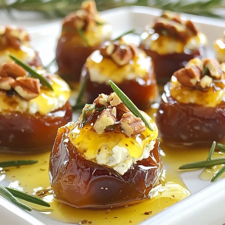 - 20 Medjool dates, pitted - 5 oz goat cheese, softened - 2 tablespoons honey - 1/2 teaspoon vanilla extract - 1/4 teaspoon ground cinnamon - 1/4 teaspoon sea salt - 1/2 cup chopped walnuts or pecans - Fresh rosemary or thyme leaves for garnish The main ingredients create a sweet and creamy filling. Medjool dates are perfect for stuffing. They are soft and have a rich, caramel-like flavor. Goat cheese adds a tangy taste that pairs well with the sweet dates. Honey brings just the right amount of sweetness. The additional ingredients elevate the dish. Vanilla extract adds warmth and depth. Ground cinnamon gives a nice spice that balances the flavors. Sea salt enhances the taste, making each bite pop. Chopped walnuts or pecans provide a delightful crunch. Fresh herbs like rosemary or thyme give a beautiful finish and add freshness. Every ingredient plays a role in making these dates easy and irresistible. The mix of flavors and textures will impress anyone who tries them. You can easily customize the recipe by changing nuts or herbs to suit your taste. {{ingredient_image_1}} First, you need to preheat your oven to 375°F (190°C). This step is key for getting that perfect warm bite later. While the oven heats, grab a mixing bowl. In this bowl, combine the softened goat cheese, honey, vanilla extract, ground cinnamon, and sea salt. Mix them well until the mixture is smooth and creamy. Now it's time to stuff your dates. Take each Medjool date and remove the pit if you haven’t already. Use a small spoon or your fingers to fill each date with the goat cheese mixture. Make sure to fill them well but don’t let the cheese overflow. After stuffing all the dates, roll them in the chopped walnuts. This adds a great crunch and flavor. Next, place the stuffed dates on a baking sheet lined with parchment paper. Bake them in the oven for about 10 to 12 minutes. You want the walnuts to toast slightly and the cheese to warm through. After baking, take them out and let them cool for a few minutes. Finally, drizzle some extra honey over the top of each stuffed date. Garnish them with fresh rosemary or thyme leaves to make them look even better before serving. To make the perfect filling for your dates, focus on creaminess. The goat cheese should be soft and easy to spread. Mix the cheese well with honey, vanilla, cinnamon, and salt until smooth. If you want more flavor, try adding herbs like thyme or chives. You can also mix in a pinch of cayenne for heat or a splash of orange zest for brightness. Each option gives your dates a unique twist. These stuffed dates can last in the fridge for up to five days. Store them in an airtight container. Make sure they are cool before closing the lid. If you want to reheat them, place the dates on a baking sheet. Heat them in a 350°F (175°C) oven for about five minutes. This warms the cheese without drying it out. You can also enjoy them cold, as they still taste great! For serving, arrange the stuffed dates on a nice platter. You can drizzle extra honey over them for added sweetness. Fresh herbs like rosemary or thyme make great garnishes. They add color and a lovely scent. Another fun idea is to serve them with toothpicks. This makes them easy to grab. The look and taste will impress your guests! Pro Tips Choose Quality Dates: Opt for fresh Medjool dates as they are naturally sweeter and have a softer texture, making them perfect for stuffing. Customize the Cheese: For a twist, try mixing in herbs like thyme or chives with the goat cheese for added flavor. Serve Warm: These stuffed dates are best enjoyed warm. Serve them immediately after baking for the ultimate flavor experience. Experiment with Nuts: Feel free to use different nuts like pistachios or almonds for rolling the dates to change the texture and flavor profile. {{image_2}} You can switch up the flavors in your Honey Goat Cheese Stuffed Dates. For a spicy kick, add a pinch of cayenne or red pepper flakes to the goat cheese mix. This will bring a new depth to each bite. If you prefer sweet flavors, try adding a splash of orange juice or zest. You could also mix in some chopped dried fruits like figs or apricots. Each option makes the dates even more exciting and delightful. If you want a vegan version, swap the goat cheese for a plant-based cream cheese. Make sure to use maple syrup instead of honey for sweetness. For those who need gluten-free options, this recipe is naturally free of gluten. Just ensure that any nuts you use are also gluten-free. This way, everyone can enjoy these delicious bites without worry. While walnuts add a nice crunch, other nuts can work well too. Pecans or sliced almonds offer a different taste and texture. Pecans give a buttery flavor, while almonds add a satisfying crunch. Choosing different nuts can change the overall feel of your stuffed dates. It’s fun to try various options to see what you like best! Each serving of honey goat cheese stuffed dates has about 150 calories. Here’s a quick look at the macronutrients: - Total Fat: 7g - Carbohydrates: 18g - Protein: 5g These dates offer a mix of healthy fats, carbs, and protein. The combination makes them a great snack. Benefits of dates: Dates are a natural sweet treat. They provide fiber, which aids digestion. They also contain potassium, which helps your heart. Advantages of goat cheese and honey: Goat cheese is easier to digest than cow cheese. It has protein and calcium, great for bones. Honey adds natural sweetness and contains antioxidants. It's good for energy and helps soothe sore throats. Together, these ingredients create a sweet and savory delight. Not only do they taste amazing, but they also pack a nutritional punch. How long can stuffed dates be stored? You can store stuffed dates in the fridge for up to five days. Keep them in an airtight container. This helps keep them fresh and tasty. If you want to eat them later, just take them out and let them warm up a bit. Can I make these ahead of time? Yes, you can prepare these dates ahead of time. Stuff them and store them in the fridge. Just bake them right before serving. This keeps them warm and delicious for your guests. Can I use another type of cheese? You can use cream cheese or ricotta as a substitute. These cheeses have a similar texture. However, the taste will change a bit. Goat cheese adds a tangy flavor that is hard to beat. Is there a substitute for honey? Yes, you can use maple syrup instead of honey. Maple syrup offers a sweet taste and works well with the cheese. You can also try agave nectar for a similar effect. What to serve with stuffed dates? Stuffed dates pair well with cheese boards, charcuterie, or fresh fruit. They add a sweet and savory touch to any platter. You can also serve them with crackers for a fun snack. Can they be served cold? Yes, you can serve stuffed dates cold. They taste great chilled, too. Just remember to drizzle some honey on top before serving for added sweetness. Stuffed dates make a tasty treat. We covered the best ingredients, steps, and tips. You learned how to mix goat cheese, use spices, and add nuts. We discussed storage and serving ideas, too. Creating different flavor combos can please everyone. These dates are easy to customize. They offer good nutrition and flavor in every bite. Enjoy making and sharing these delicious snacks!