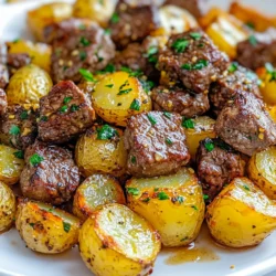 - 1 lb beef sirloin, cut into bite-sized cubes - 4 tablespoons unsalted butter - 1 lb baby potatoes, halved - 6 cloves garlic, minced - 1 teaspoon fresh thyme leaves - 1 teaspoon smoked paprika - Fresh parsley, chopped When cooking Garlic Butter Beef Bites with Potatoes, I start with the main ingredients. Beef sirloin is the star. It is tender and full of flavor. I cut it into bite-sized cubes for easy cooking. Unsalted butter gives richness. It enhances the beef and potatoes. Baby potatoes are my choice. They roast well and add a nice texture. Next, I reach for seasonings and aromatics. Garlic is a must. It brings a strong, savory taste. I use six cloves of minced garlic for a rich flavor. Fresh thyme adds a touch of earthiness. Smoked paprika gives a subtle hint of smokiness. I season with salt and pepper to taste. Finally, I finish with a garnish of fresh parsley. It adds color and freshness. The bright green of the parsley makes the dish pop. Each ingredient plays a key role in making this meal delicious and satisfying. {{ingredient_image_1}} First, set your oven to 400°F (200°C). This temperature works great for roasting. The heat will help make the potatoes crispy and cook the beef bites just right. In a bowl, take the halved baby potatoes. Add 2 tablespoons of olive oil, salt, pepper, and 1 teaspoon of smoked paprika. Toss them well until they are all covered. This mix adds flavor and helps with roasting. Spread the seasoned potatoes on a baking sheet. Make sure they are in a single layer. Roast in your preheated oven for 20-25 minutes. Flip them halfway through for even cooking. They should look golden and crispy when done. While the potatoes roast, melt 2 tablespoons of butter in a skillet over medium-high heat. Season the beef cubes with salt, pepper, fresh thyme, and smoked paprika. Add the beef to the skillet in one layer. Sear each side for 2-3 minutes until browned. Don't crowd the pan. Cook in batches if needed. When the beef is done, lower the heat to medium-low. Add the last 2 tablespoons of butter and the minced garlic into the skillet. Stir often for 1-2 minutes. You want the garlic to smell great but not burn. This step brings out the flavor. Now, add the crispy roasted potatoes to the skillet with the beef. Toss everything together to coat in the garlic butter. Cook for one more minute to heat through. Serve warm, and enjoy the delicious bites! To get those potatoes nice and crispy, follow these tips: - Cut the baby potatoes in half for even cooking. - Toss them well in olive oil, salt, pepper, and smoked paprika. - Spread them out in a single layer on the baking sheet. - Roast at 400°F (200°C) for 20-25 minutes, flipping halfway. - Look for a golden-brown color. This means they’re done! Cooking beef bites well is key to a great dish. Here’s how: - Sear them in a hot skillet for 2-3 minutes per side. - For rare beef, aim for an internal temperature of 125°F. - For medium, go for 135°F, and 160°F for well-done. - Avoid cooking too many at once; it leads to steaming, not searing. Want to boost the flavor? Here are some ideas: - Try adding rosemary or oregano for different tastes. - A pinch of red pepper flakes can add a nice kick. - Fresh herbs like basil or cilantro can brighten the dish. - Mix in some lemon zest for a fresh, tangy twist. Pro Tips Choosing the Right Beef: Use tender cuts like sirloin or ribeye for the best flavor and tenderness in your beef bites. Perfectly Crispy Potatoes: Ensure the potatoes are spread out in a single layer on the baking sheet to achieve maximum crispiness. Garlic Timing: Add the minced garlic after the beef is cooked to prevent it from burning, which can cause a bitter taste. Herb Variations: Experiment with different herbs like rosemary or oregano for a unique flavor profile in your garlic butter. {{image_2}} You can swap out thyme for other herbs. Rosemary adds a nice touch. Oregano works well too. Basil can give a fresh twist to your dish. Feel free to mix and match to find your favorite! Adding more veggies can make this meal even better. Carrots or bell peppers can add color and flavor. Mushrooms add a nice earthiness. Zucchini is also a great option, adding moisture and taste. Just chop and toss them in with the potatoes! You can grill the beef bites for a smoky flavor. Just season them like you would for pan-searing. Grill on high heat for about 2-3 minutes per side. This method gives a nice char and keeps the beef juicy. Pan-searing is quicker and easier, but grilling offers a unique taste. Choose what works best for you! To keep leftovers fresh, follow these steps. First, let the beef bites and potatoes cool. Then, place them in an airtight container. You can store them in the fridge for up to three days. Make sure to separate the beef from the potatoes if you want to keep them crispier. When reheating, I suggest using the oven. Preheat it to 350°F (175°C). Spread the beef and potatoes on a baking sheet. Heat for about 10-15 minutes. This method keeps them flavorful and helps the potatoes stay crispy. You can also use a skillet on medium heat. Just add a little butter to keep them moist. To freeze your beef bites and potatoes, you should cool them completely first. Place them in freezer-safe bags or containers. Make sure to remove as much air as possible. Label the bags with the date. They can last for up to three months. When you're ready to eat, thaw them overnight in the fridge. Reheat in the oven or skillet for the best taste. Yes, you can use other cuts of beef. Sirloin is great, but you might try tenderloin, ribeye, or flank steak. Each cut has its own flavor and texture. Tenderloin is very soft, while ribeye has more fat for richness. Flank steak is leaner but can be chewy if not cooked right. Just remember, cooking time may change based on the cut you choose. Cooking time varies with how you like your beef. For rare, cook about 2 minutes on each side. For medium, aim for 3 minutes. Well-done takes about 4 minutes per side. Always check for doneness with a meat thermometer. Rare is 125°F (51°C), medium is 145°F (63°C), and well-done is 160°F (71°C). Each bite should be juicy and full of flavor. A fresh salad pairs well with this dish. You can also serve steamed veggies like broccoli or green beans. They add color and nutrition to your meal. For a heartier side, consider a creamy coleslaw or garlic bread. Each option will balance the rich flavors of the beef and potatoes, making your meal delightful. This dish combines tender beef bites, crispy potatoes, and flavorful garlic butter. You'll learn the best techniques to roast and sear for tasty results. Don’t hesitate to experiment with different herbs or vegetables to make it your own. Proper storage and reheating will keep your meal fresh. Making it is simple, and you’ll impress anyone at the table. Now, gather your ingredients and enjoy a delicious meal!
